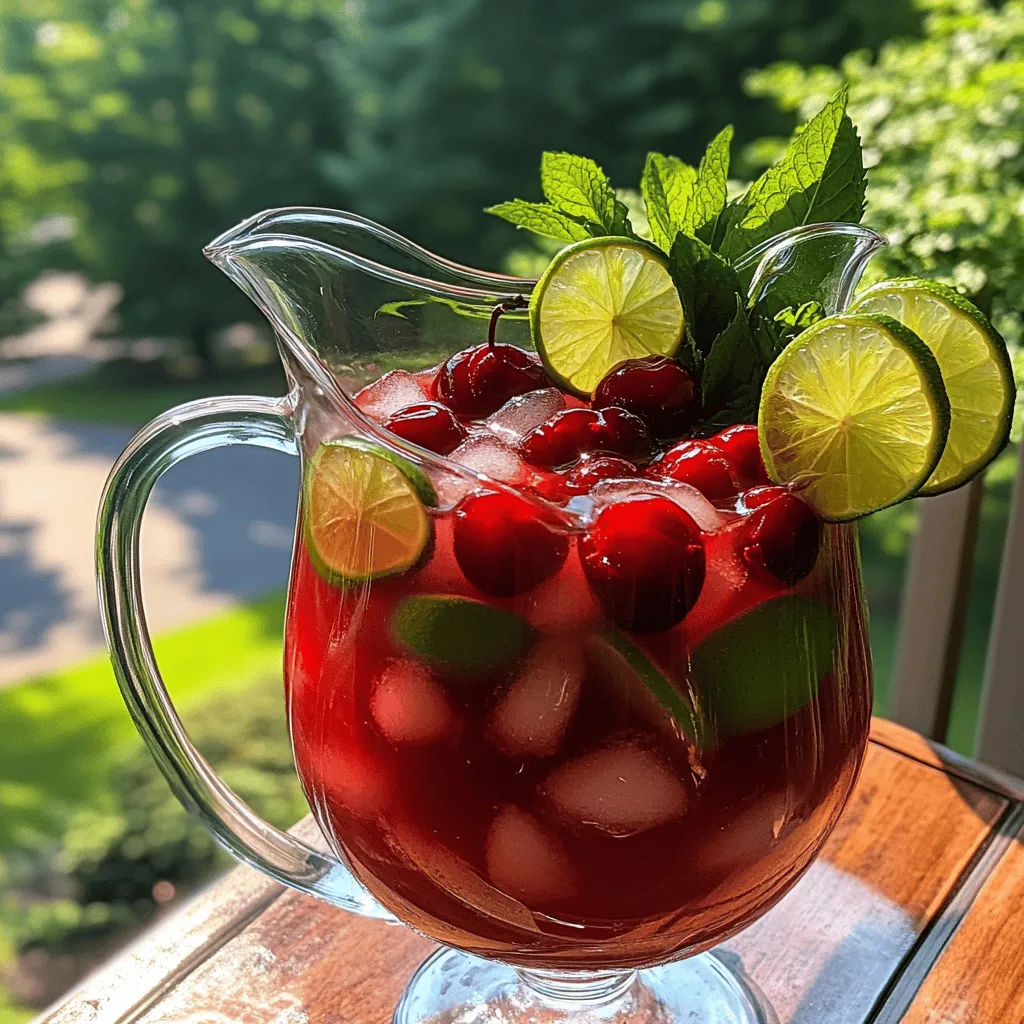 - 2 Tassen frische Kirschen - 4 Tassen kaltes Wasser - 2-3 Esslöffel Honig oder Agavendicksaft - 2 Esslöffel frisch gepresster Limettensaft - Eine Prise Salz - Eiswürfel - Garnitur: Limettenscheiben und frische Minze