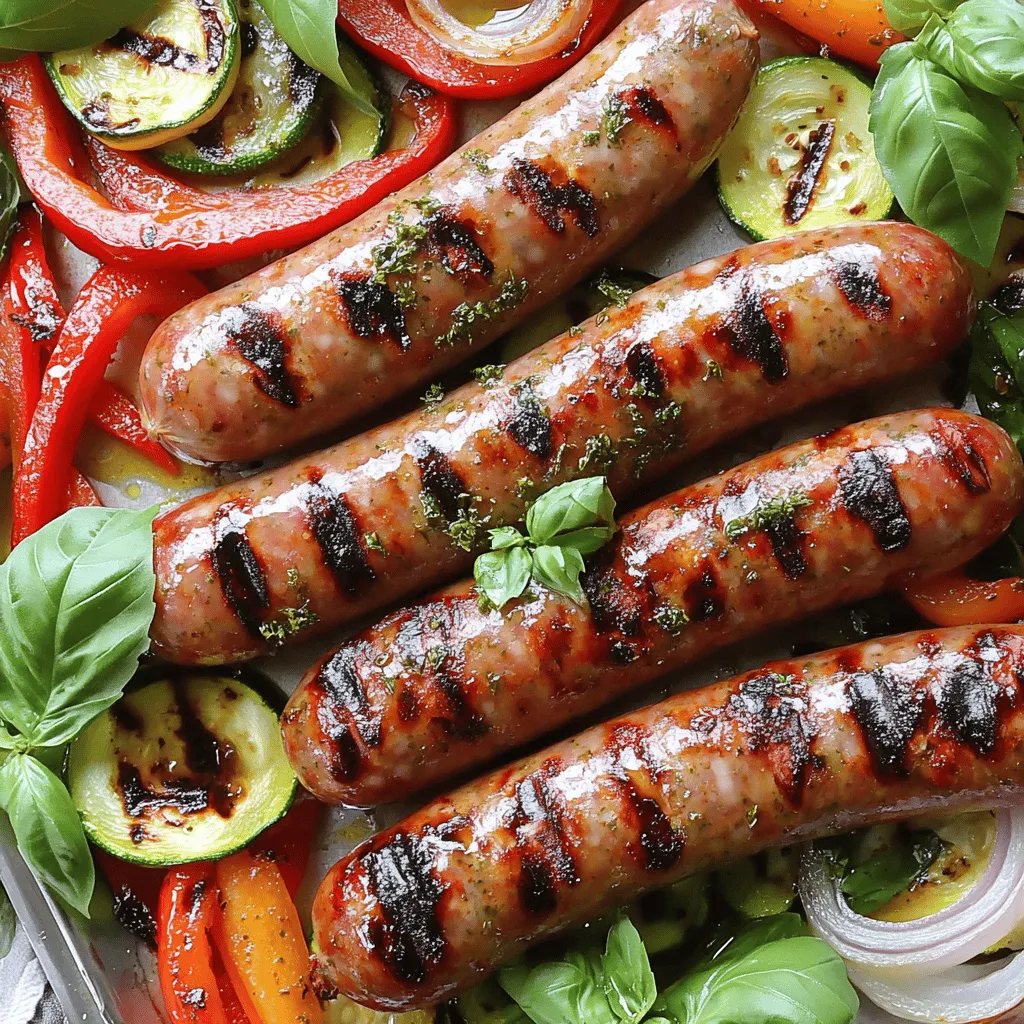 Für die perfekte Grillparty brauchen Sie: - 500 g italienische Bratwürste (süß oder scharf) - 2 rote Paprika, in Streifen geschnitten - 1 Zucchini, in Scheiben geschnitten - 1 rote Zwiebel, in Ringe geschnitten