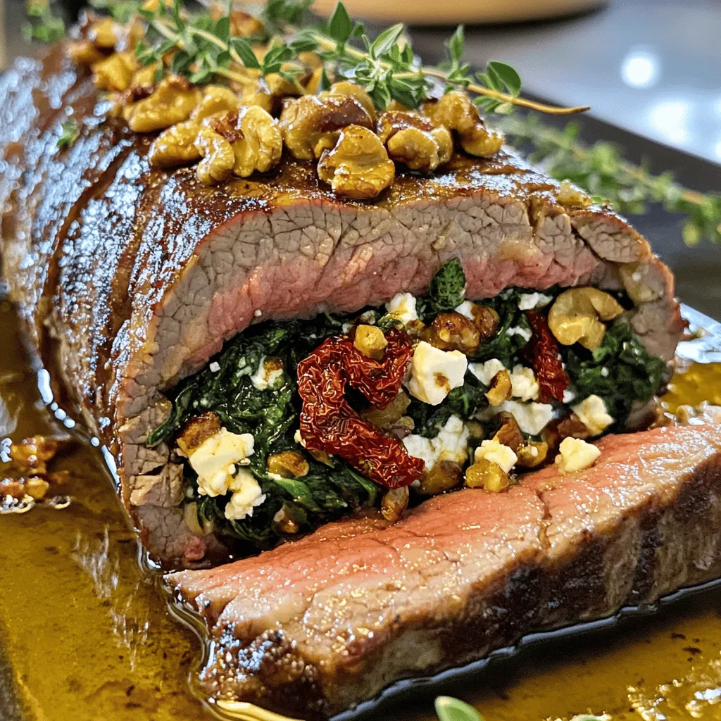 Um ein köstliches gefülltes Flankensteak zuzubereiten, müssen Sie einige einfache Schritte befolgen. Zuerst, sammeln Sie alle nötigen Zutaten. Sie brauchen 1,5 Pfund Flankensteak, frischen Spinat, Feta-Käse, sonnengetrocknete Tomaten, Walnüsse, Knoblauch, Olivenöl, Salz, Pfeffer, Oregano und Paprika. Diese Zutaten geben dem Steak viel Geschmack.