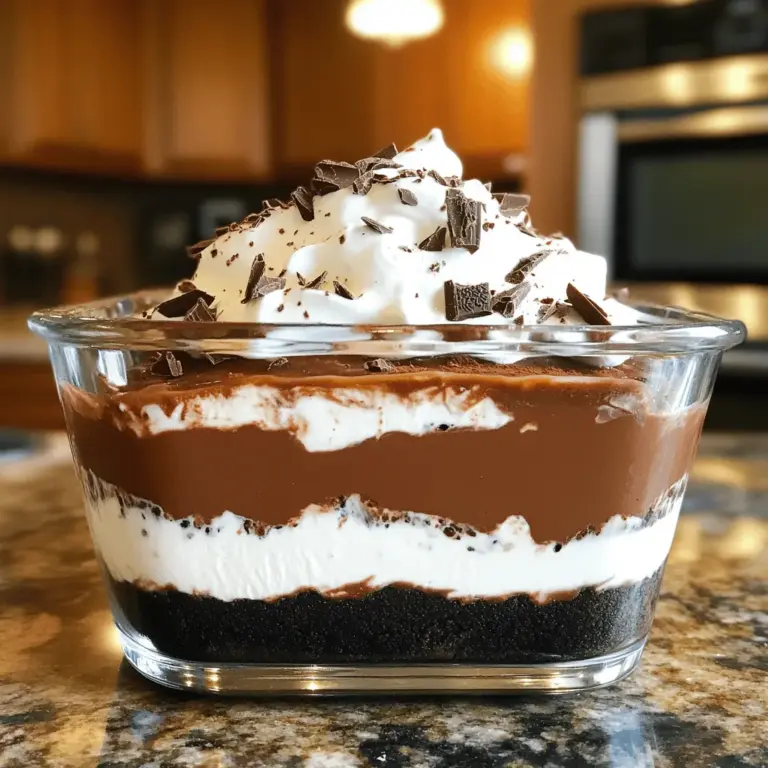 Für die Schokoladen-Lasagne benötigst du folgende Hauptzutaten: - 1 Paket (425 g) Oreo-Kekse, fein zerstoßen - 125 g ungesalzene Butter, geschmolzen - 450 g Frischkäse, weich - 120 g Puderzucker - 1 Teelöffel Vanilleextrakt - 720 ml Schlagsahne (wie Cool Whip) - 120 g Schokoladenpuddingpulver - 650 ml Milch - 175 g halbsüße Schokoladenstückchen - 100 g Kakaopulver - Schokoladenspäne oder Kakaopulver zum Garnieren Jede dieser Zutaten spielt eine wichtige Rolle. Die Oreo-Kekse bilden die Basis. Die Butter hält alles zusammen. Frischkäse und Puderzucker sorgen für eine cremige Schicht. Schokoladenpudding und Schlagsahne bringen den süßen Geschmack. Du brauchst einige einfache Utensilien, um die Lasagne zuzubereiten: - Rührschüssel - Elektrischer Mixer - Auflaufform (23x33 cm) - Spatel oder Löffel - Kühlschrank Mit diesen Utensilien bist du gut ausgestattet. Ein Mixer macht die Arbeit viel leichter. Die Auflaufform hält alle Schichten zusammen. Die Qualität deiner Zutaten macht einen großen Unterschied. Hier sind einige Tipps: - Verwende echte Butter für den besten Geschmack. - Wähle hochwertigen Frischkäse ohne Zusatzstoffe. - Achte auf echte Schokolade. Halbsüße Stückchen sind ideal. - Kaufe frisches Kakaopulver für einen reichhaltigen Geschmack. Hochwertige Zutaten bringen mehr Geschmack. Sie machen deine Schokoladen-Lasagne noch besser. Wenn du alles zusammenfügst, wirst du die Liebe zum Detail schmecken! Für die Oreo-Crust brauchst du ein Paket Oreo-Kekse und geschmolzene Butter. Zerstoße die Kekse in einer Schüssel. Du kannst einen Mixer oder einen Gefrierbeutel verwenden, um sie klein zu machen. Mische die zerstoßenen Kekse mit der Butter. Drücke die Mischung gleichmäßig in eine Auflaufform. Lass die Crust für 10 Minuten im Kühlschrank, damit sie fest wird. Für die Frischkäse-Schicht nimm weichen Frischkäse und Puderzucker. Mixe beides in einer Schüssel gut durch. Füge Vanilleextrakt hinzu und rühre weiter. Wenn die Masse glatt ist, hebe die Schlagsahne vorsichtig unter. Diese Mischung kommt dann gleichmäßig auf die gekühlte Oreo-Crust. Jetzt geht es an den Schokoladenpudding. Mische das Schokoladenpuddingpulver mit Milch in einer separaten Schüssel. Rühre die Mischung für etwa 2 Minuten gut um. Die Masse wird dicklich. Verteile die Pudding-Schicht vorsichtig auf der Frischkäse-Schicht. Für die letzte Schicht nimm die restliche Schlagsahne. Verteile sie gleichmäßig über die Schokoladenpudding-Schicht. Glätte die Oberfläche mit einem Spatel. Decke die Auflaufform mit Frischhaltefolie ab und lass sie mindestens 4 Stunden im Kühlschrank ruhen. Am besten über Nacht. Vor dem Servieren garnierst du die oberste Schicht mit Kakaopulver oder Schokoladenspänen. Schneide die Lasagne in Quadrate und serviere sie kalt. Du kannst alle Schritte im [Full Recipe] nachlesen, um sicherzustellen, dass alles perfekt wird. Um die perfekte Schokoladen-Lasagne zu machen, achte auf die Schichten. Jede Schicht braucht die richtige Konsistenz. Klopfe die Oreo-Crust gut fest, damit sie nicht bricht. Mische den Frischkäse und den Puderzucker gut. Die Mischung muss glatt sein. Verwende einen elektrischen Mixer für beste Ergebnisse. Lass die Lasagne lange genug im Kühlschrank ruhen. Vier Stunden sind das Minimum. Über Nacht ist besser. So verbinden sich die Aromen gut. Der Geschmack wird intensiver. Garniere die Lasagne erst kurz vor dem Servieren. Ein häufiger Fehler ist, die Lasagne zu früh zu schneiden. Das führt zu unschönen Portionen. Warte, bis sie fest ist. Ein weiterer Fehler ist, die Crust nicht genug zu drücken. Wenn die Crust locker ist, hält die Lasagne nicht. Achte darauf, dass die Schichten gleichmäßig sind. Ungleichmäßige Schichten sehen nicht gut aus und schmecken auch nicht gleich. Bereite die Lasagne am besten einen Tag vorher vor. So kann sie gut durchziehen. Lagere sie im Kühlschrank in einem luftdichten Behälter. Das hält sie frisch. Du kannst die Lasagne auch einfrieren. Achte darauf, sie gut abzudecken, um Gefrierbrand zu vermeiden. Vor dem Servieren kannst du sie leicht antauen lassen. Wenn du die Schokoladen-Lasagne machst, folge dem [Full Recipe]. Es gibt dir klare Anweisungen und Mengenangaben. Experimentiere mit verschiedenen Toppings. Schokoladenspäne oder Kakaopulver sind immer eine gute Wahl. So machst du die Lasagne noch ansprechender. {{image_4}} Bei der Schokoladen-Lasagne können Sie kreativ sein. Sie können die Oreo-Crust durch andere Kekse ersetzen. Probieren Sie Graham Cracker oder Schokoladenkekse. Für die Frischkäse-Schicht können Sie auch Mascarpone verwenden. Das gibt einen anderen Geschmack und eine andere Textur. Sie können auch Nussbutter hinzufügen, um mehr Tiefe zu schaffen. Für eine vegane Version können Sie pflanzliche Produkte nutzen. Ersetzen Sie Frischkäse durch eine vegane Creme. Verwenden Sie Hafermilch anstelle von Kuhmilch. Glutenfreie Kekse sind eine gute Wahl für die Crust. Viele Marken bieten glutenfreie Oreo-Alternativen an. So können auch Veganer und Menschen mit Glutenunverträglichkeit genießen. Sie können die Schokoladen-Lasagne auch anders schmecken lassen. Fügen Sie Karamellsoße oder Erdnussbutter zwischen die Schichten hinzu. Für mehr Fruchtgeschmack können Sie Püree von Himbeeren oder Erdbeeren verwenden. Als Topping probieren Sie gehackte Nüsse oder Kokosraspel. Diese Variationen machen das Dessert noch spannender. Falls Sie das vollständige Rezept benötigen, schauen Sie sich das [Full Recipe] an. Die Schokoladen-Lasagne braucht die richtige Lagerung, um frisch zu bleiben. Stelle sicher, dass die Lasagne immer im Kühlschrank ist. Du solltest sie in einem luftdichten Behälter aufbewahren. So bleibt die Textur weich und die Schichten getrennt. Wenn du keine spezielle Box hast, kannst du sie auch mit Frischhaltefolie abdecken. Im Kühlschrank hält die Schokoladen-Lasagne bis zu fünf Tage. Wenn du sie länger aufbewahren möchtest, friere sie ein. In einem festen Behälter bleibt sie dort bis zu drei Monate frisch. Beachte, dass die Textur nach dem Auftauen leicht anders sein kann. Es ist am besten, sie über Nacht im Kühlschrank auftauen zu lassen. So bleibt der Geschmack erhalten. Beim Servieren ist es wichtig, die Lasagne schön zu schneiden. Verwende ein scharfes Messer oder einen Spatel. Du kannst die Stücke auf einen Teller legen und sie mit Schokoladenspänen oder Kakaopulver garnieren. Das sieht toll aus! Achte darauf, die Lasagne kalt zu servieren, damit die Schichten schön stabil bleiben. Wenn du mehr möchten, kannst du die [Full Recipe] für weitere Tipps und Tricks nutzen. Um die Schokoladen-Lasagne gut zu schneiden, benutze ein scharfes Messer. Du solltest das Messer vorher in heißes Wasser tauchen. Das hilft, die Schichten sauber zu schneiden. Achte darauf, die Lasagne in gleichmäßige Quadrate zu schneiden. So sieht sie schöner aus und ist leichter zu servieren. Ja, du kannst die Zutaten anpassen. Wenn du kein Frischkäse magst, versuche Mascarpone. Du kannst die Schokoladenstückchen auch gegen Nüsse oder Früchte tauschen. Wenn du weniger Zucker willst, reduziere einfach die Menge. Sei kreativ und finde deinen eigenen Geschmack! Die Lasagne sollte mindestens 4 Stunden im Kühlschrank bleiben. Am besten über Nacht. Dadurch setzen sich die Schichten gut. Für den besten Geschmack und die beste Textur lasse sie länger stehen. So genießt du die perfekte Kombination aus Geschmack und Konsistenz. Ja, du kannst die Schokoladen-Lasagne im Voraus machen. Sie bleibt für zwei bis drei Tage frisch im Kühlschrank. Das ist ideal, wenn du Gäste hast. Bereite sie einfach einen Tag vorher vor und lasse sie im Kühlschrank stehen. So sparst du Zeit, wenn du servierst. Für das vollständige Rezept schau dir bitte die [Full Recipe] an. Du hast nun alle wichtigen Schritte für die perfekte Schokoladen-Lasagne gelernt. Von den Hauptzutaten bis zu den besten Lagerungstipps findest du hier alles, was du brauchst. Denke daran, die häufigsten Fehler zu vermeiden und über Variationen nachzudenken. So kannst du deiner Lasagne einen eigenen Twist geben. Mit diesen Tipps bist du bereit, deine Freunde und Familie zu beeindrucken. Viel Spaß beim Ausprobieren und Genießen!