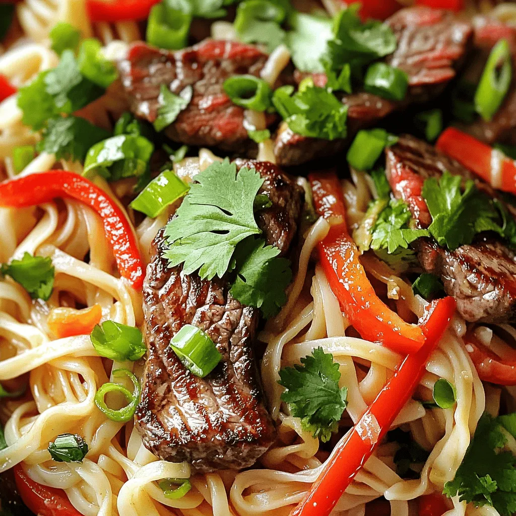 Für die Garlic Butter Steak Lightning Noodles brauchst du einige Hauptzutaten. Diese sind wichtig für den Geschmack und die Textur. Hier ist, was du brauchst: - 300g Rindersteak (z.B. Ribeye oder Sirloin) - 200g Reisnudeln - 4 Esslöffel Butter - 4 Knoblauchzehen, fein gehackt - 2 Frühlingszwiebeln, in Ringe geschnitten - 1 rote Paprika, in Streifen geschnitten