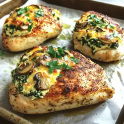 Für die gesunde Pilzfüllung für gefüllte Hähnchenbrust brauche ich folgende Hauptzutaten: - 2 Hähnchenbrustfilets, ohne Haut und Knochen - 1 Tasse Pilze, fein gehackt (zum Beispiel Champignons oder Cremini) - 1/2 Tasse Spinat, gehackt - 1/4 Tasse fettarmer Frischkäse, weich geworden - 1/4 Tasse fettarmer Mozzarella, gerieben Diese Zutaten bringen viel Geschmack und Nährstoffe in unser Gericht. Die Hähnchenbrust ist eine tolle Proteinquelle. Pilze sorgen für die leckere Umami-Note, während Spinat viele Vitamine liefert. Zusätzlich zu den Hauptzutaten brauchen wir noch einige weitere Dinge: - 1 Knoblauchzehe, fein gehackt - 1/4 Teelöffel getrockneter Thymian - 1/4 Teelöffel Paprika - Salz und Pfeffer nach Geschmack - 1 Esslöffel Olivenöl - Frische Petersilie, zum Garnieren Knoblauch bringt ein tolles Aroma. Die Gewürze verleihen dem Gericht Tiefe. Olivenöl ist perfekt zum Anbraten und gesunde Fette. Petersilie sorgt für einen frischen Touch. Die Nährwerte der Zutaten können variieren, aber ich gebe Ihnen eine grobe Schätzung: - Kalorien: Ca. 400 pro Portion - Protein: Ca. 50g - Fett: Ca. 15g - Kohlenhydrate: Ca. 10g Diese Werte zeigen, dass das Gericht nährstoffreich ist. Es ist gut für eine ausgewogene Ernährung. Sie erhalten viel Protein und wenig Kohlenhydrate. Dieses Rezept ist ideal für alle, die gesund essen wollen. Sie können die vollständige Anleitung in der [Full Recipe] finden. Zuerst heizen Sie Ihren Ofen auf 190 °C vor. Während der Ofen warm wird, bereiten Sie Ihre Zutaten vor. Hacken Sie die Pilze, den Spinat und den Knoblauch fein. Stellen Sie sicher, dass Ihr Frischkäse weich ist, damit er leicht zu mischen ist. 1. In einer Pfanne erhitzen Sie das Olivenöl bei mittlerer Temperatur. 2. Fügen Sie den gehackten Knoblauch hinzu und braten ihn etwa 1 Minute an. 3. Geben Sie die gehackten Pilze in die Pfanne und braten sie 5-7 Minuten, bis sie goldbraun sind. 4. Rühren Sie den Spinat unter und kochen ihn 1-2 Minuten weiter, bis er zusammenfällt. 5. Würzen Sie die Mischung mit Thymian, Paprika, Salz und Pfeffer. 6. Nehmen Sie die Pfanne vom Herd und lassen die Mischung etwas abkühlen. 7. Rühren Sie den Frischkäse und den Mozzarella gründlich unter. 8. Schneiden Sie jede Hähnchenbrust seitlich eine Tasche, ohne ganz durchzuschneiden. 9. Füllen Sie die Füllung in jede Tasche und sichern Sie die Öffnungen mit Zahnstochern. 10. Würzen Sie die Außenseite mit Salz und Pfeffer. 11. Legen Sie die gefüllten Hähnchenbrüste auf ein Backblech. 12. Backen Sie sie etwa 25-30 Minuten, bis das Hähnchen gar ist. 13. Lassen Sie die Hähnchenbrust 5 Minuten ruhen, bevor Sie die Zahnstochern entfernen. 14. Servieren Sie die Hähnchenbrust mit frischer Petersilie. - Achten Sie darauf, die Pilze gut zu braten. So verlieren sie ihre Feuchtigkeit und werden aromatisch. - Lassen Sie die Füllung etwas abkühlen, bevor Sie sie in die Hähnchenbrust geben. So bleibt das Hähnchen saftig. - Verwenden Sie Zahnstochern, um die Füllung sicher zu halten. - Servieren Sie das Gericht mit gedünstetem Gemüse oder einem frischen Salat für eine gesunde Mahlzeit. Für weitere Informationen und die vollständige Anleitung, schauen Sie sich das Rezept für gesunde mit Pilzen gefüllte Hähnchenbrust an. Die perfekte Temperatur für das Garen ist wichtig. Ich empfehle, den Ofen auf 190 °C (375 °F) vorzuheizen. Diese Temperatur sorgt dafür, dass das Hähnchen saftig bleibt und die Füllung gut durchwärmt wird. Ein Thermometer hilft, die Innentemperatur bei 75 °C (165 °F) zu messen. So bleibt Ihr Gericht sicher und lecker. Um die Füllung in der Hähnchenbrust zu halten, sollten Sie die Öffnungen gut sichern. Verwenden Sie Zahnstochern, um die Taschen zu verschließen. Es ist wichtig, nicht zu viel Füllung hineinzupacken, da dies die Tasche platzen lassen kann. Achten Sie darauf, die Füllung gleichmäßig zu verteilen und die Hähnchenbrust sanft zu behandeln. Eine schöne Präsentation macht jedes Gericht besonders. Servieren Sie die gefüllte Hähnchenbrust auf einem großen Teller. Garnieren Sie sie mit frischer Petersilie, um Farbe und Frische hinzuzufügen. Ein paar Scheiben Zitrone oder ein leichter Salat als Beilage runden das Gericht ab. Diese kleinen Details machen den Unterschied und zeigen Ihre Kochkunst. {{image_4}} Es gibt viele Wege, die Füllung für gefüllte Hähnchenbrust zu ändern. Du kannst verschiedene Gemüsesorten verwenden. Probiere Zucchini, Paprika oder sogar getrocknete Tomaten. Für mehr Geschmack füge Nüsse oder Kräuter hinzu. Walnüsse oder Pinienkerne geben einen tollen Crunch. Wenn du etwas Würze magst, verwende Feta-Käse oder scharfen Käse. Diese Alternativen machen dein Gericht spannend und neu. Hast du spezielle diätetische Bedürfnisse? Kein Problem! Du kannst die Füllung vegan machen, indem du Tofu oder Seitan benutzt. Ersetze den Frischkäse durch pflanzliche Optionen oder pürierten Avocado. Für eine glutenfreie Version achte darauf, glutenfreie Zutaten zu verwenden. Diese Anpassungen sorgen dafür, dass jeder genießen kann, ohne auf den Genuss zu verzichten. Saisonalität bringt frische Ideen in die Küche. Im Frühling sind Spargel und Erbsen toll. Im Sommer kannst du frische Kräuter und Tomaten verwenden. Im Herbst sind Kürbis und Pilze perfekt. Im Winter kommen Wurzelgemüse und Kohl gut an. Diese saisonalen Zutaten geben deiner Hähnchenbrust einen besonderen Geschmack. Nutze die frischen Produkte, die du zur Hand hast, um das Rezept zu beleben. Für die vollständige Anleitung zu diesem Rezept, schau dir das Rezept für gesunde mit Pilzen gefüllte Hähnchenbrust an. Die gefüllte Hähnchenbrust bleibt im Kühlschrank etwa 3 bis 4 Tage frisch. Bewahren Sie sie in einem luftdichten Behälter auf. So bleibt der Geschmack erhalten. Achten Sie darauf, die Hähnchenbrust vollständig abkühlen zu lassen, bevor Sie sie lagern. Dies hilft, Feuchtigkeit zu vermeiden und die Textur zu bewahren. Wenn Sie die gefüllte Hähnchenbrust länger aufbewahren möchten, können Sie sie einfrieren. Wickeln Sie jede Brust gut in Frischhaltefolie. Legen Sie sie danach in einen Gefrierbeutel oder einen luftdichten Behälter. So bleibt die Hähnchenbrust bis zu 3 Monate frisch. Denken Sie daran, sie vor dem Kochen vollständig aufzutauen. Überprüfen Sie die gefüllte Hähnchenbrust vor dem Verzehr. Achten Sie auf folgende Anzeichen von Verderb: - Unangenehmer Geruch - Verfärbungen oder Schleim auf der Oberfläche - Trockene oder gummiartige Textur Wenn Sie eines dieser Anzeichen bemerken, werfen Sie die Hähnchenbrust weg. Es ist besser, auf Nummer sicher zu gehen. Genießen Sie die gesunde Pilzfüllung für gefüllte Hähnchenbrust! Für das vollständige Rezept, schauen Sie sich den [Full Recipe] an. Um die gefüllte Hähnchenbrust saftig zu machen, wähle frische Hähnchenbrustfilets. Diese sollten nicht zu dünn sein. Du kannst die Hähnchenbrust leicht klopfen, um sie gleichmäßig zu machen. Das Füllen mit einer feuchten Füllung hilft, die Saftigkeit zu bewahren. Achte darauf, die Füllung nicht zu trocken zu machen. Backe die Hähnchenbrust bei 190 °C. So bleibt das Fleisch zart und saftig. Ja, du kannst andere Käsesorten verwenden. Cheddar, Gouda oder Feta passen gut dazu. Wenn du einen kräftigeren Geschmack magst, probiere Blauschimmelkäse. Achte darauf, dass der Käse gut schmilzt. So bleibt die Füllung cremig. Mixe verschiedene Käsesorten, um neue Geschmäcker zu entdecken. Zu gefüllter Hähnchenbrust passen viele Beilagen. Gedämpftes Gemüse wie Brokkoli oder Karotten ergänzen das Gericht gut. Ein frischer Salat bringt zusätzliche Frische. Auch Quinoa oder brauner Reis sind nahrhafte Optionen. Diese Beilagen machen dein Essen bunt und gesund. Verwende die Beilagen, die dir am besten schmecken. Die gefüllte Hähnchenbrust ist einfach zuzubereiten und lecker. Wir haben die Hauptzutaten und ihre Nährwerte beschrieben. Die Schritt-für-Schritt-Anleitung hilft dir, die besten Ergebnisse zu erzielen. Es gibt auch Tipps, wie du die Temperatur und Füllung optimal hältst. Du kannst verschiedene Füllungen ausprobieren und Anpassungen für Diäten vornehmen. Achte auf die Aufbewahrung, damit dein Gericht frisch bleibt. Wenn du diese Tipps anwendest, wird dein Gericht immer gut schmecken. Viel Spaß beim Kochen!