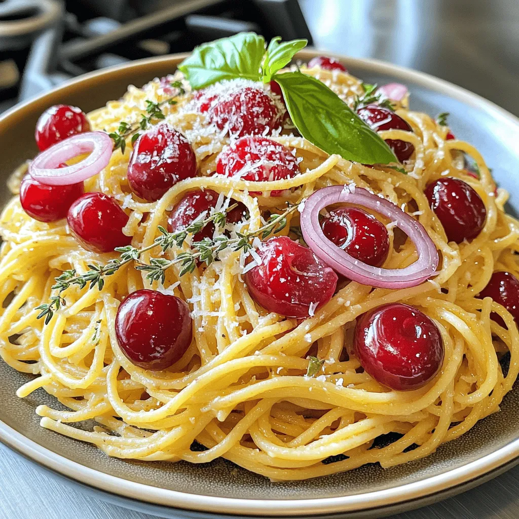 Um sommerliche Kirschspaghetti zuzubereiten, benötigen Sie einige frische und einfache Zutaten. Sie brauchen 250 g Spaghetti, 200 g frische Kirschen, 2 Knoblauchzehen, 1 rote Zwiebel, 100 ml Gemüsebrühe, 2 Esslöffel Olivenöl, 1 Teelöffel frischen Thymian, 50 g geriebenen Parmesan, Salz und Pfeffer. Frische Basilikumblätter sind ideal für die Garnitur.