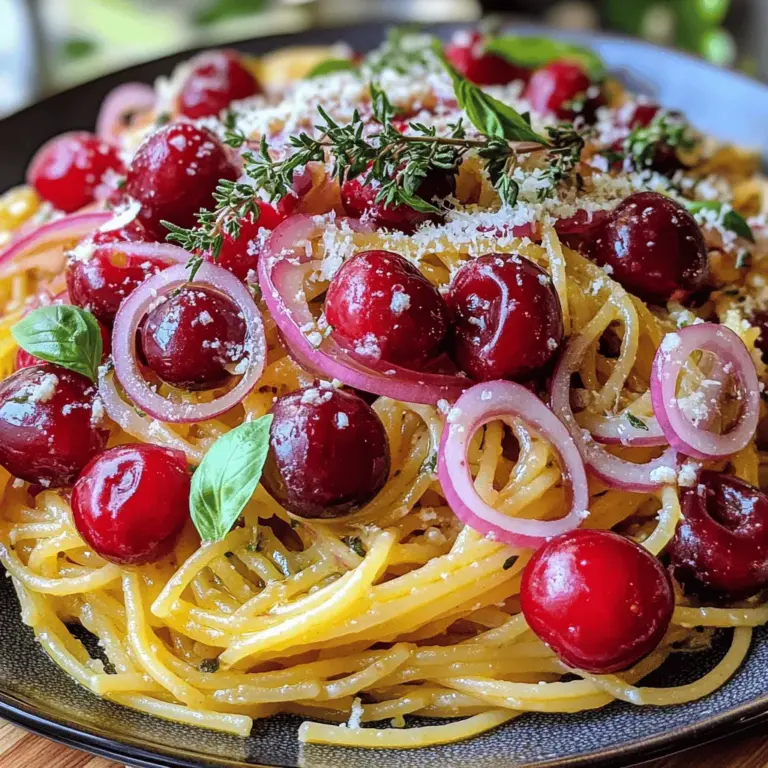 Um sommerliche Kirschspaghetti zuzubereiten, benötigen Sie einige frische und einfache Zutaten. Sie brauchen 250 g Spaghetti, 200 g frische Kirschen, 2 Knoblauchzehen, 1 rote Zwiebel, 100 ml Gemüsebrühe, 2 Esslöffel Olivenöl, 1 Teelöffel frischen Thymian, 50 g geriebenen Parmesan, Salz und Pfeffer. Frische Basilikumblätter sind ideal für die Garnitur.