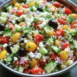 - 1 Tasse Quinoa, gut abgespült - 2 Tassen Gemüsebrühe - 1 rote Paprika, klein gewürfelt - 1/2 Gurke, geschält und klein gewürfelt - 10 Kirschtomaten, halbiert - 1/4 Tasse rote Zwiebel, fein gehackt - 1/4 Tasse schwarze Oliven, entsteint und halbiert