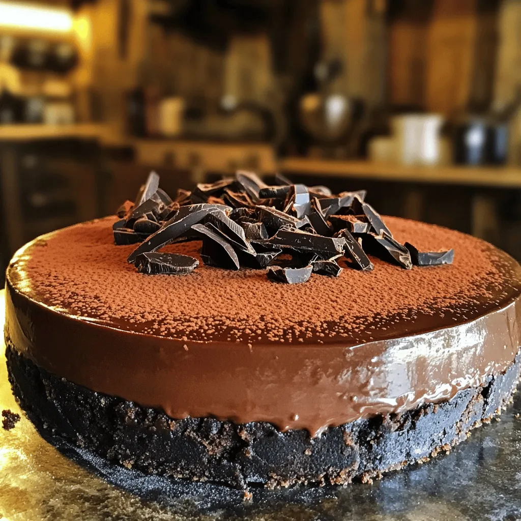 - 200 g Schokoladenkekse (z.B. Oreo) - 100 g geschmolzene Butter - 600 g Frischkäse, Zimmertemperatur - 150 g Zucker - 300 g dunkle Schokolade, geschmolzen und leicht abgekühlt - 3 große Eier - 1 TL Vanilleextrakt - 300 ml Schlagsahne - 2 EL Kakaopulver (für das Topping) - Schokoladenspänen (zum Garnieren)