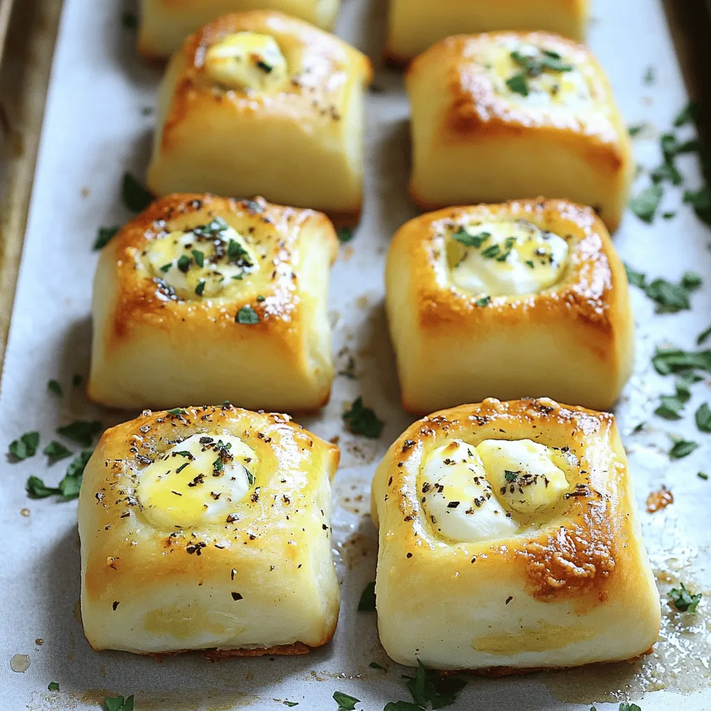 - 1 Dose Pillsbury Kühlschrank-Teig für Brötchen - 1 Tasse frischer Mozzarella, gewürfelt - 4 Esslöffel geschmolzene Butter