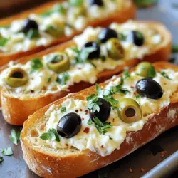 Für das Olive Cheese Bread Appetizer brauchst du folgende Zutaten: - 1 große französische Baguette - 1 Tasse Frischkäse, weich - 1 Tasse geriebener Mozzarella-Käse - 1/2 Tasse geriebener Parmesan-Käse - 1/2 Tasse schwarze Oliven, entsteint und gehackt - 1/2 Tasse grüne Oliven, entsteint und gehackt - 2 Knoblauchzehen, fein gehackt - 1 Esslöffel frischer Oregano, gehackt (oder 1 Teelöffel getrockneter Oregano) - 1/2 Teelöffel rote Pfefferflocken (optional) - Salz und Pfeffer nach Geschmack - 1/4 Tasse frische Petersilie, gehackt (zum Garnieren) Wähle frische und reife Oliven. Sie bringen den besten Geschmack. Achte darauf, dass der Käse gut schmilzt. Frischkäse sollte weich und cremig sein. Verwende echten Parmesan für den besten Geschmack. Kaufe frischen Oregano, wenn möglich. Er hat mehr Aroma als getrocknete Kräuter. Wenn du keine schwarzen Oliven magst, versuche Kalamata- oder grüne Oliven. Für eine andere Käsevariation kannst du Cheddar oder Gouda verwenden. Du kannst die rote Pfefferflocken weglassen, wenn du es mild magst. Ersetze den Oregano mit Thymian oder Basilikum, um eine neue Note zu bekommen. Für die vollständige Zubereitung schau dir das [Full Recipe] an. Heizen Sie den Ofen auf 190 °C vor. Das ist wichtig, damit das Brot gleichmäßig backt. Ein gut vorgeheizter Ofen sorgt dafür, dass der Käse schön schmilzt und das Brot knusprig wird. In einer Schüssel vermengen Sie folgende Zutaten: - 1 Tasse Frischkäse, weich - 1 Tasse geriebener Mozzarella-Käse - 1/2 Tasse geriebener Parmesan-Käse - 1/2 Tasse schwarze Oliven, entsteint und gehackt - 1/2 Tasse grüne Oliven, entsteint und gehackt - 2 Knoblauchzehen, fein gehackt - 1 Esslöffel frischer Oregano, gehackt - 1/2 Teelöffel rote Pfefferflocken (optional) - Salz und Pfeffer nach Geschmack Mischen Sie alles gut, bis die Masse cremig und einheitlich ist. Diese Mischung gibt dem Brot einen tollen Geschmack. Schneiden Sie das Baguette der Länge nach auf. Legen Sie die Hälften mit der Schnittfläche nach oben auf ein Backblech. Verteilen Sie die Käsemischung gleichmäßig auf die Hälften. Achten Sie darauf, dass jede Stelle gut bedeckt ist. Backen Sie das Baguette für etwa 15-20 Minuten. Der Käse sollte schmelzen und die Ränder goldbraun sein. Nach dem Backen lassen Sie das Brot kurz abkühlen. Garnieren Sie es dann mit frischer Petersilie. Schneiden Sie das Baguette in Stücke und servieren Sie es warm. So haben Sie eine leckere Oliven-Käse-Brot-Delikatesse! Wenn Sie mehr über die Zubereitung erfahren möchten, schauen Sie sich das Full Recipe an. Ein häufiger Fehler ist, die Käsesorten nicht gut zu mischen. Wenn die Käse nicht gleichmäßig vermengt sind, schmeckt das Brot nicht gut. Achten Sie darauf, die Käsesorten gründlich zu vermischen. Ein weiterer Fehler ist, das Brot nicht genug zu backen. Es sollte goldbraun und blubbernd sein. Prüfen Sie das Brot nach 15 Minuten. Sie können das Rezept leicht anpassen. Wenn Sie keine Oliven mögen, probieren Sie getrocknete Tomaten oder Paprika. Für einen schärferen Geschmack fügen Sie mehr rote Pfefferflocken hinzu. Mögen Sie mehr Käse? Fügen Sie einfach etwas mehr Mozzarella oder Parmesan hinzu. Diese kleinen Änderungen bringen neue Aromen. Um die perfekte Käsemischung zu erreichen, verwenden Sie einen großen Löffel oder einen Spatel. Beginnen Sie mit dem Frischkäse, da er gut bindet. Fügen Sie dann die anderen Käsesorten und Zutaten Schritt für Schritt hinzu. Mischen Sie alles in einer großen Schüssel. So entsteht eine gleichmäßige und cremige Masse. Diese Technik sorgt für den besten Geschmack in jedem Bissen. {{image_4}} Wenn du eine vegetarische Option suchst, ist das einfach. Du kannst das Rezept anpassen, indem du Fleisch oder Fisch weglässt. Stattdessen kannst du mehr Gemüse hinzufügen. Zum Beispiel sind gehackte Paprika oder Zucchini eine tolle Wahl. Diese geben Geschmack und Farbe. Auch frische Kräuter wie Basilikum oder Thymian passen gut. So bleibt das Gericht frisch und lecker. Der Käse ist der Star! Du kannst verschiedene Käsesorten verwenden, um den Geschmack zu variieren. Probiere Feta oder Ziegenkäse für einen intensiveren Geschmack. Cheddar oder Gouda geben eine herzhaftere Note. Mische verschiedene Käsesorten, um eine spannende Kombination zu schaffen. Experimentiere, um deine Lieblingsmischung zu finden. Jede Käsesorte bringt einen anderen Charakter in dein Oliven-Käse-Brot. Das Rezept ist sehr anpassbar. Du kannst viele Zutaten hinzufügen, um dein Oliven-Käse-Brot zu verfeinern. Walnüsse oder Mandeln geben einen knackigen Biss. Für einen scharfen Kick füge Jalapeños oder Peperoni hinzu. Wenn du es süß magst, probiere getrocknete Tomaten oder Artischocken. Diese Zutaten bringen Vielfalt und machen das Gericht einzigartig. Lass deiner Kreativität freien Lauf! Wenn Sie Reste von Ihrem Oliven-Käse-Brot haben, lagern Sie sie richtig. Wickeln Sie die Stücke fest in Frischhaltefolie. Alternativ können Sie sie in einen luftdichten Behälter legen. Dies schützt das Brot vor dem Austrocknen. Lagern Sie das Brot im Kühlschrank, um die Frische zu bewahren. Um Ihr Oliven-Käse-Brot wieder aufzuwärmen, heizen Sie den Ofen auf 180 °C vor. Wickeln Sie das Brot in Alufolie, um es weich zu halten. Legen Sie es für 10 bis 15 Minuten in den Ofen. So wird der Käse schön schmelzend und das Brot bleibt knusprig. Das Oliven-Käse-Brot hält sich im Kühlschrank etwa drei Tage. Achten Sie darauf, es gut zu verpacken. Nach drei Tagen kann der Geschmack und die Textur leiden. Wenn Sie das Brot länger aufbewahren möchten, frieren Sie es ein. So bleibt es bis zu drei Monate frisch. Ja, du kannst das Rezept im Voraus zubereiten. Du kannst die Käsemischung ein paar Stunden vorher machen. Lagere sie in einem luftdichten Behälter im Kühlschrank. Wenn du bereit bist, das Brot zuzubereiten, schneide es und verteile die Mischung darauf. Dann backe es frisch im Ofen. So bleibt der Geschmack intensiv und das Brot schön warm. Um das Rezept vegetarisch zu machen, achte darauf, dass alle Zutaten pflanzlich sind. Verwende einen veganen Frischkäse und pflanzliche Käsesorten. So bleibt der Geschmack lecker und du vermeidest tierische Produkte. Du kannst auch mehr Gemüse wie Paprika oder Spinat hinzufügen, um den Geschmack zu erweitern. Oliven-Käse-Brot passt gut zu verschiedenen Beilagen. Hier sind einige Ideen: - Ein frischer gemischter Salat mit Zitronen-Dressing. - Eine Auswahl an Antipasti wie eingelegte Paprika oder Artischocken. - Ein herzhaftes Olivenöl zum Dippen. - Ein fruchtiger Rotwein, der die Aromen ergänzt. Diese Beilagen machen dein Essen noch besser und bringen mehr Vielfalt auf den Tisch. In diesem Artikel haben wir alle wichtigen Schritte und Tipps für ein köstliches Oliven-Käse-Brot behandelt. Wir haben Zutaten aufgelistet, die Zubereitung erklärt, und wichtige Lagerungshinweise gegeben. Denke daran, Hochwertiges zu wählen und häufige Fehler zu vermeiden. Du kannst Variationen anpassen und das Rezept wunderbar für verschiedene Geschmäcker gestalten. Mit diesen Tipps wirst du sicher ein schnelles und leckeres Gericht zubereiten. Viel Spaß beim Ausprobieren!
