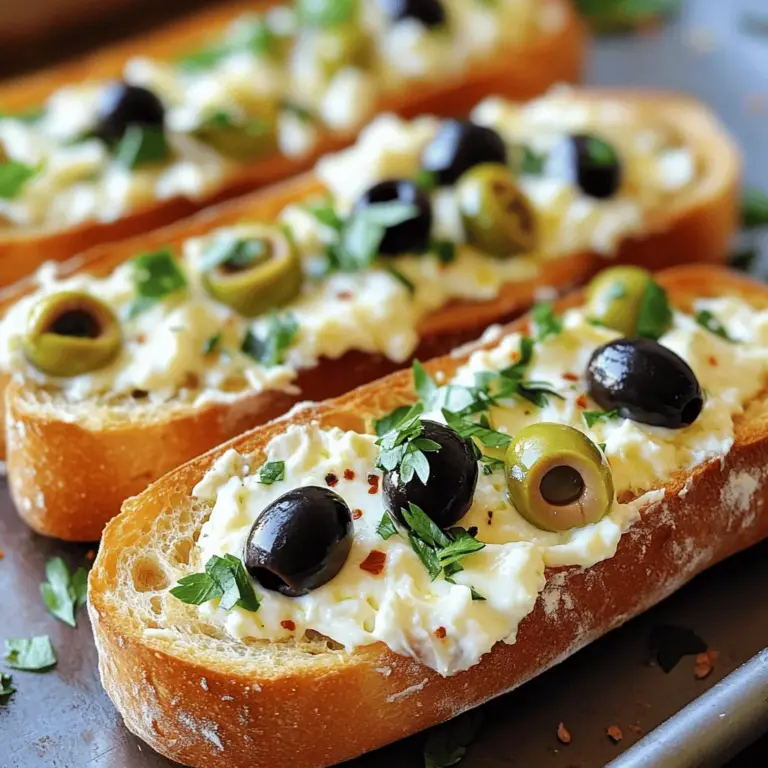 Für das Olive Cheese Bread Appetizer brauchst du folgende Zutaten: - 1 große französische Baguette - 1 Tasse Frischkäse, weich - 1 Tasse geriebener Mozzarella-Käse - 1/2 Tasse geriebener Parmesan-Käse - 1/2 Tasse schwarze Oliven, entsteint und gehackt - 1/2 Tasse grüne Oliven, entsteint und gehackt - 2 Knoblauchzehen, fein gehackt - 1 Esslöffel frischer Oregano, gehackt (oder 1 Teelöffel getrockneter Oregano) - 1/2 Teelöffel rote Pfefferflocken (optional) - Salz und Pfeffer nach Geschmack - 1/4 Tasse frische Petersilie, gehackt (zum Garnieren) Wähle frische und reife Oliven. Sie bringen den besten Geschmack. Achte darauf, dass der Käse gut schmilzt. Frischkäse sollte weich und cremig sein. Verwende echten Parmesan für den besten Geschmack. Kaufe frischen Oregano, wenn möglich. Er hat mehr Aroma als getrocknete Kräuter. Wenn du keine schwarzen Oliven magst, versuche Kalamata- oder grüne Oliven. Für eine andere Käsevariation kannst du Cheddar oder Gouda verwenden. Du kannst die rote Pfefferflocken weglassen, wenn du es mild magst. Ersetze den Oregano mit Thymian oder Basilikum, um eine neue Note zu bekommen. Für die vollständige Zubereitung schau dir das [Full Recipe] an. Heizen Sie den Ofen auf 190 °C vor. Das ist wichtig, damit das Brot gleichmäßig backt. Ein gut vorgeheizter Ofen sorgt dafür, dass der Käse schön schmilzt und das Brot knusprig wird. In einer Schüssel vermengen Sie folgende Zutaten: - 1 Tasse Frischkäse, weich - 1 Tasse geriebener Mozzarella-Käse - 1/2 Tasse geriebener Parmesan-Käse - 1/2 Tasse schwarze Oliven, entsteint und gehackt - 1/2 Tasse grüne Oliven, entsteint und gehackt - 2 Knoblauchzehen, fein gehackt - 1 Esslöffel frischer Oregano, gehackt - 1/2 Teelöffel rote Pfefferflocken (optional) - Salz und Pfeffer nach Geschmack Mischen Sie alles gut, bis die Masse cremig und einheitlich ist. Diese Mischung gibt dem Brot einen tollen Geschmack. Schneiden Sie das Baguette der Länge nach auf. Legen Sie die Hälften mit der Schnittfläche nach oben auf ein Backblech. Verteilen Sie die Käsemischung gleichmäßig auf die Hälften. Achten Sie darauf, dass jede Stelle gut bedeckt ist. Backen Sie das Baguette für etwa 15-20 Minuten. Der Käse sollte schmelzen und die Ränder goldbraun sein. Nach dem Backen lassen Sie das Brot kurz abkühlen. Garnieren Sie es dann mit frischer Petersilie. Schneiden Sie das Baguette in Stücke und servieren Sie es warm. So haben Sie eine leckere Oliven-Käse-Brot-Delikatesse! Wenn Sie mehr über die Zubereitung erfahren möchten, schauen Sie sich das Full Recipe an. Ein häufiger Fehler ist, die Käsesorten nicht gut zu mischen. Wenn die Käse nicht gleichmäßig vermengt sind, schmeckt das Brot nicht gut. Achten Sie darauf, die Käsesorten gründlich zu vermischen. Ein weiterer Fehler ist, das Brot nicht genug zu backen. Es sollte goldbraun und blubbernd sein. Prüfen Sie das Brot nach 15 Minuten. Sie können das Rezept leicht anpassen. Wenn Sie keine Oliven mögen, probieren Sie getrocknete Tomaten oder Paprika. Für einen schärferen Geschmack fügen Sie mehr rote Pfefferflocken hinzu. Mögen Sie mehr Käse? Fügen Sie einfach etwas mehr Mozzarella oder Parmesan hinzu. Diese kleinen Änderungen bringen neue Aromen. Um die perfekte Käsemischung zu erreichen, verwenden Sie einen großen Löffel oder einen Spatel. Beginnen Sie mit dem Frischkäse, da er gut bindet. Fügen Sie dann die anderen Käsesorten und Zutaten Schritt für Schritt hinzu. Mischen Sie alles in einer großen Schüssel. So entsteht eine gleichmäßige und cremige Masse. Diese Technik sorgt für den besten Geschmack in jedem Bissen. {{image_4}} Wenn du eine vegetarische Option suchst, ist das einfach. Du kannst das Rezept anpassen, indem du Fleisch oder Fisch weglässt. Stattdessen kannst du mehr Gemüse hinzufügen. Zum Beispiel sind gehackte Paprika oder Zucchini eine tolle Wahl. Diese geben Geschmack und Farbe. Auch frische Kräuter wie Basilikum oder Thymian passen gut. So bleibt das Gericht frisch und lecker. Der Käse ist der Star! Du kannst verschiedene Käsesorten verwenden, um den Geschmack zu variieren. Probiere Feta oder Ziegenkäse für einen intensiveren Geschmack. Cheddar oder Gouda geben eine herzhaftere Note. Mische verschiedene Käsesorten, um eine spannende Kombination zu schaffen. Experimentiere, um deine Lieblingsmischung zu finden. Jede Käsesorte bringt einen anderen Charakter in dein Oliven-Käse-Brot. Das Rezept ist sehr anpassbar. Du kannst viele Zutaten hinzufügen, um dein Oliven-Käse-Brot zu verfeinern. Walnüsse oder Mandeln geben einen knackigen Biss. Für einen scharfen Kick füge Jalapeños oder Peperoni hinzu. Wenn du es süß magst, probiere getrocknete Tomaten oder Artischocken. Diese Zutaten bringen Vielfalt und machen das Gericht einzigartig. Lass deiner Kreativität freien Lauf! Wenn Sie Reste von Ihrem Oliven-Käse-Brot haben, lagern Sie sie richtig. Wickeln Sie die Stücke fest in Frischhaltefolie. Alternativ können Sie sie in einen luftdichten Behälter legen. Dies schützt das Brot vor dem Austrocknen. Lagern Sie das Brot im Kühlschrank, um die Frische zu bewahren. Um Ihr Oliven-Käse-Brot wieder aufzuwärmen, heizen Sie den Ofen auf 180 °C vor. Wickeln Sie das Brot in Alufolie, um es weich zu halten. Legen Sie es für 10 bis 15 Minuten in den Ofen. So wird der Käse schön schmelzend und das Brot bleibt knusprig. Das Oliven-Käse-Brot hält sich im Kühlschrank etwa drei Tage. Achten Sie darauf, es gut zu verpacken. Nach drei Tagen kann der Geschmack und die Textur leiden. Wenn Sie das Brot länger aufbewahren möchten, frieren Sie es ein. So bleibt es bis zu drei Monate frisch. Ja, du kannst das Rezept im Voraus zubereiten. Du kannst die Käsemischung ein paar Stunden vorher machen. Lagere sie in einem luftdichten Behälter im Kühlschrank. Wenn du bereit bist, das Brot zuzubereiten, schneide es und verteile die Mischung darauf. Dann backe es frisch im Ofen. So bleibt der Geschmack intensiv und das Brot schön warm. Um das Rezept vegetarisch zu machen, achte darauf, dass alle Zutaten pflanzlich sind. Verwende einen veganen Frischkäse und pflanzliche Käsesorten. So bleibt der Geschmack lecker und du vermeidest tierische Produkte. Du kannst auch mehr Gemüse wie Paprika oder Spinat hinzufügen, um den Geschmack zu erweitern. Oliven-Käse-Brot passt gut zu verschiedenen Beilagen. Hier sind einige Ideen: - Ein frischer gemischter Salat mit Zitronen-Dressing. - Eine Auswahl an Antipasti wie eingelegte Paprika oder Artischocken. - Ein herzhaftes Olivenöl zum Dippen. - Ein fruchtiger Rotwein, der die Aromen ergänzt. Diese Beilagen machen dein Essen noch besser und bringen mehr Vielfalt auf den Tisch. In diesem Artikel haben wir alle wichtigen Schritte und Tipps für ein köstliches Oliven-Käse-Brot behandelt. Wir haben Zutaten aufgelistet, die Zubereitung erklärt, und wichtige Lagerungshinweise gegeben. Denke daran, Hochwertiges zu wählen und häufige Fehler zu vermeiden. Du kannst Variationen anpassen und das Rezept wunderbar für verschiedene Geschmäcker gestalten. Mit diesen Tipps wirst du sicher ein schnelles und leckeres Gericht zubereiten. Viel Spaß beim Ausprobieren!