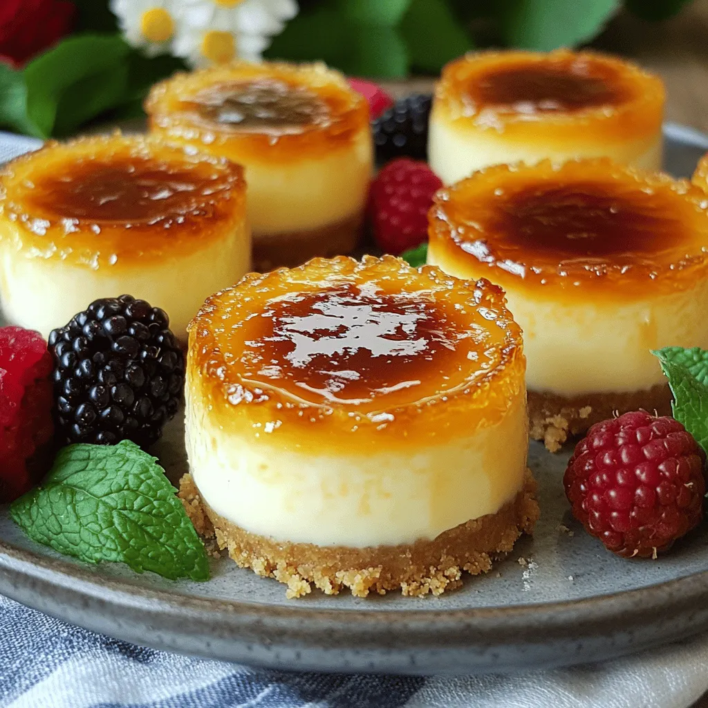 - <strong>Keksboden und Butter</strong>: Für diesen Boden verwende ich 200 g zerbröselte Kekse. Butter macht die Mischung fest. Hierfür sind 100 g geschmolzene Butter genau richtig.” /></p>
</p>
<h2>Variationen</h2>
</p>
<h3>Alternativen für den Keksboden</h3>
</p>
<p>Für den Keksboden gibt es viele Möglichkeiten. Du kannst glutenfreie Kekse verwenden. Diese sind oft aus Reis oder Mais. Sie schmecken toll und sind leicht zu finden.</p>
</p>
<p>Eine andere Option ist, verschiedene Kekssorten auszuprobieren. Schokoladenkekse geben einen tollen Geschmack. Auch Haferkekse sind eine spannende Wahl. Sie sorgen für eine besondere Note in deinem Cheesecake.</p>
</p>
<h3>Geschmacksvariationen für Cheesecakes</h3>
</p>
<p>Die Geschmacksrichtungen für Cheesecakes sind fast endlos. Du kannst frische Früchte hinzufügen, wie Erdbeeren oder Himbeeren. Diese Früchte bringen Frische und Farbe in dein Dessert.</p>
</p>
<p>Zusätzlich kannst du verschiedene Aromen verwenden. Ein Hauch von Zimt oder Karamell kann den Geschmack verändern.</p>
</p>
<p>Für die Toppings gibt es ebenfalls viele Vorschläge. Probiere Schokoladensauce oder frische Beeren. Ein Spritzer Sahne macht die Mini Cheesecakes noch besser. Vergiss nicht die Full Recipe für eine perfekte Zubereitung!</p>
</p>
</p>
<h2>Aufbewahrungsinfo</h2>
</p>
<h3>Wie man Mini Crème Brûlée Cheesecakes lagert</h3>
</p>
<p>Um deine Mini Crème Brûlée Cheesecakes frisch zu halten, lagere sie im Kühlschrank. Die optimale Temperatur liegt bei 4 Grad Celsius. Du kannst sie in einem luftdichten Behälter aufbewahren. So bleiben sie weich und lecker. Normalerweise halten sie sich 3 bis 5 Tage im Kühlschrank. Achte darauf, sie nicht zu lange stehen zu lassen.</p>
</p>
<h3>Einfrieren von Cheesecakes</h3>
</p>
<p>Wenn du die Cheesecakes länger aufbewahren möchtest, kannst du sie einfrieren. So gehst du vor: Lege die Cheesecakes auf ein Backblech und friere sie für 1 bis 2 Stunden ein. Danach lege sie in einen gefrierfesten Behälter. Vergiss nicht, sie gut einzupacken. Zum Auftauen lege die Cheesecakes über Nacht in den Kühlschrank.</p>
</p>
<p>Um Texturverlust zu vermeiden, friere die Cheesecakes ohne die Karamellschicht ein. Karamellisiere sie erst kurz vor dem Servieren. So bleiben sie perfekt knusprig.</p>
</p>
<h2>FAQs</h2>
</p>
<h3>Wie lange müssen die Cheesecakes kühlen?</h3>
<p>Die Kühlzeit ist wichtig für die beste Konsistenz. Ich empfehle, die Mini Cheesecakes mindestens 4 Stunden im Kühlschrank zu lassen. Besser ist es, sie über Nacht zu kühlen. So können sie fest werden und die Aromen entwickeln sich gut.</p>
</p>
<h3>Kann ich andere Käsesorten verwenden?</h3>
<p>Ja, du kannst andere Käsesorten verwenden, aber Frischkäse ist am besten. Er gibt die richtige Textur und den Geschmack. Wenn du beispielsweise Ricotta verwendest, wird die Konsistenz weicher. Mascarpone kann auch gut sein, aber sein Geschmack ist reicher.</p>
</p>
<h3>Was tun, wenn ich keinen Küchenbrenner habe?</h3>
<p>Kein Problem! Du kannst die Karamellisierung auch im Ofen machen. Streue den braunen Zucker auf die Cheesecakes und stelle sie unter den Grill. Achte darauf, dass du sie gut im Blick behältst, damit sie nicht verbrennen.</p>
</p>
<h3>Woher stammt das Rezept für Crème Brûlée?</h3>
<p>Das Rezept für Crème Brûlée hat seinen Ursprung in Frankreich. Es wurde im 17. Jahrhundert populär. Die Kombination aus cremigem Pudding und knusprigem Zucker ist weltweit beliebt. Viele Köche haben ihre eigene Version entwickelt.</p>
</p>
<p>Mini Crème Brûlée Cheesecakes sind einfach und lecker. Sie bestehen aus Keksboden, Frischkäse und einer tollen Karamell-Glasur. In der Anleitung habe ich gezeigt, wie man den Boden vorbereitet und die Füllung zubereitet. Mit einigen Tipps kannst du den Geschmack und die Textur verbessern. Denk daran, dass Variationen deine Kreation einzigartig machen. Mit der richtigen Lagerung bleiben sie frisch. Probiere die Antworten auf häufige Fragen aus, um noch mehr zu lernen. Jetzt bist du bereit, dein nächstes Dessert selbst zu machen!</p>
</div>