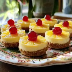 Um diese leckeren Mini Pineapple Upside-Down Cheesecakes zu machen, brauchst du die folgenden Zutaten: - 1 Tasse Graham-Cracker-Brösel - 1/4 Tasse ungesalzene Butter, geschmolzen - 2 Esslöffel brauner Zucker - 1 (226 g) Paket Frischkäse, weich - 1/2 Tasse Zucker - 1 Teelöffel Vanilleextrakt - 1 Tasse Schlagsahne - 1/4 Tasse zerdrückte Ananas, abgetropft - 10 Maraschino-Kirschen (zum Dekorieren)