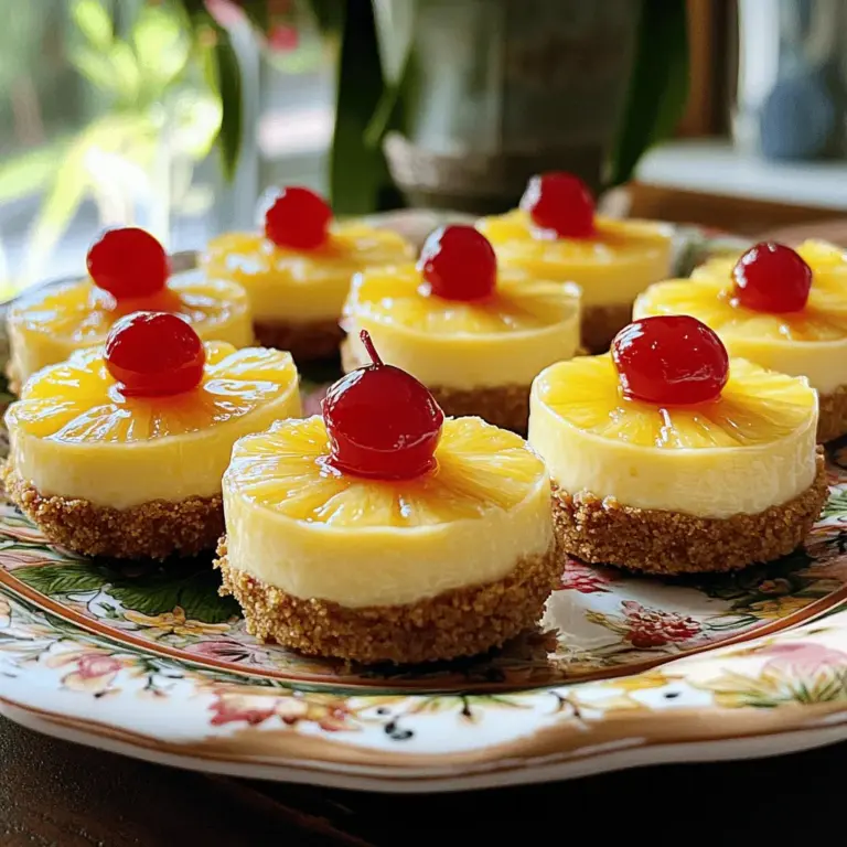 Um diese leckeren Mini Pineapple Upside-Down Cheesecakes zu machen, brauchst du die folgenden Zutaten: - 1 Tasse Graham-Cracker-Brösel - 1/4 Tasse ungesalzene Butter, geschmolzen - 2 Esslöffel brauner Zucker - 1 (226 g) Paket Frischkäse, weich - 1/2 Tasse Zucker - 1 Teelöffel Vanilleextrakt - 1 Tasse Schlagsahne - 1/4 Tasse zerdrückte Ananas, abgetropft - 10 Maraschino-Kirschen (zum Dekorieren)