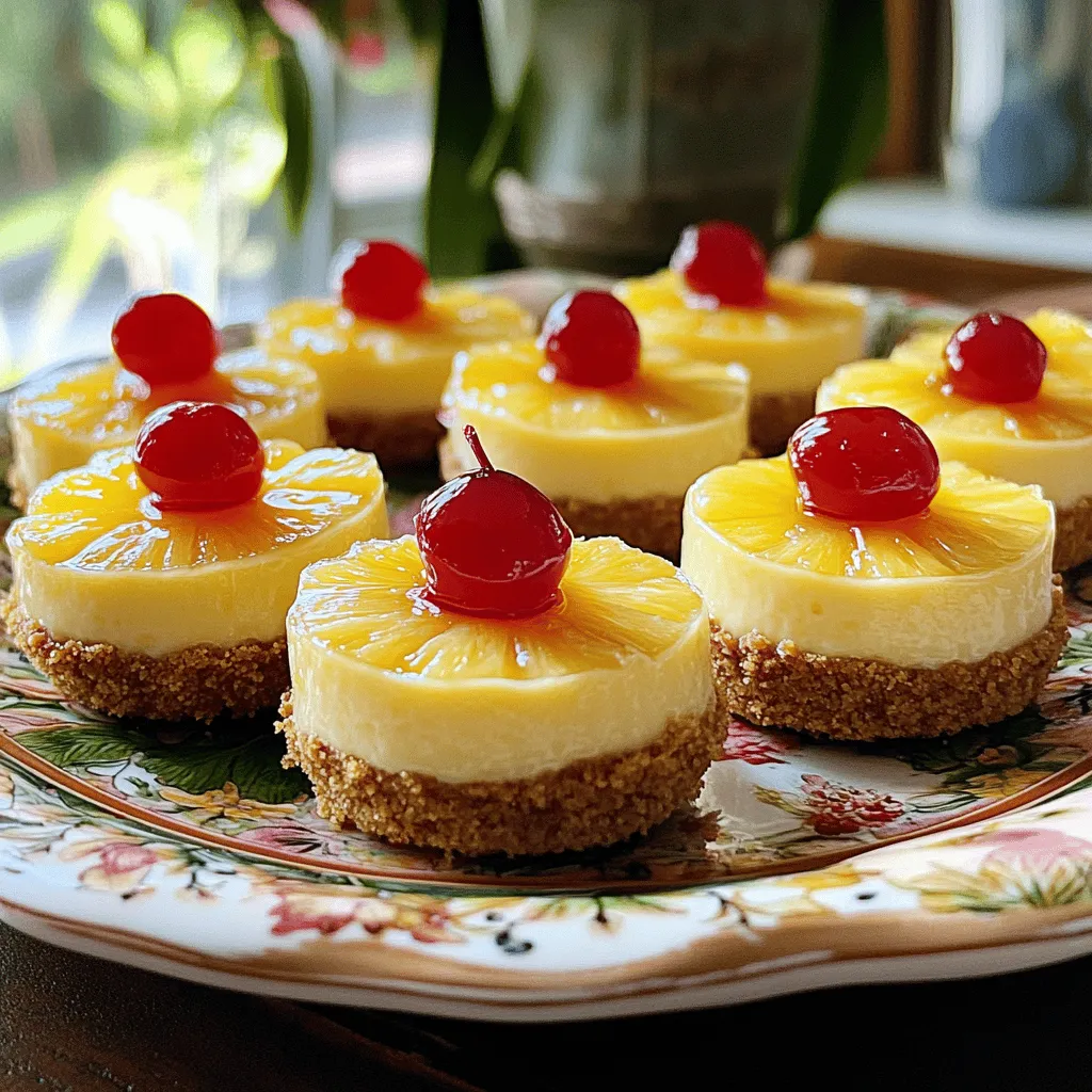 Um diese leckeren Mini Pineapple Upside-Down Cheesecakes zu machen, brauchst du die folgenden Zutaten: - 1 Tasse Graham-Cracker-Brösel - 1/4 Tasse ungesalzene Butter, geschmolzen - 2 Esslöffel brauner Zucker - 1 (226 g) Paket Frischkäse, weich - 1/2 Tasse Zucker - 1 Teelöffel Vanilleextrakt - 1 Tasse Schlagsahne - 1/4 Tasse zerdrückte Ananas, abgetropft - 10 Maraschino-Kirschen (zum Dekorieren)