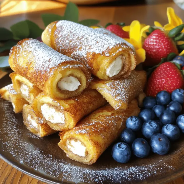 Für die Zimtschnecken French Toast Roll-Ups brauchst du frische und einfache Zutaten. Hier ist die Liste: - 8 Scheiben Brot (weiß oder Vollkorn) - 4 große Eier - 1 Tasse Milch - 1 Teelöffel Vanilleextrakt - 1 Esslöffel gemahlener Zimt - 1/4 Tasse Kristallzucker - 1 Esslöffel Butter (zum Braten) - 1/4 Tasse Frischkäse, weich - 1/4 Tasse Puderzucker (zum Bestäuben) - Frisches Obst (zum Servieren, optional) Diese Zutaten machen die Roll-Ups cremig und süß. Das Brot gibt dir die Basis, während die Eier und Milch die Mischung binden. Das Brot ist wichtig für den Geschmack der Roll-Ups. Du kannst verschiedene Brotsorten verwenden. Hier sind einige Tipps: - Weißbrot: Es ist weich und leicht. Es rollt sich gut. - Vollkornbrot: Es gibt mehr Geschmack und ist gesünder. - Brioche oder Challah: Diese Brote sind sehr weich und süß. Wähle frisches Brot. Es sollte nicht zu trocken sein. Frisches Brot macht die Roll-Ups saftig und lecker. Wenn du kreativ sein möchtest, kannst du auch andere Zutaten hinzufügen. Hier sind einige Ideen: - Nüsse: Füge gehackte Walnüsse oder Mandeln für einen Crunch hinzu. - Schokolade: Schokoladenstückchen geben einen süßen Kick. - Früchte: Vermische frische Beeren oder Bananen in die Füllung. - Käse: Für einen herzhaften Twist, probiere etwas Cheddar oder Gouda. Mit diesen Variationen kannst du die Roll-Ups an deinen Geschmack anpassen. Lass deiner Kreativität freien Lauf! Für das vollständige Rezept schau dir die [Full Recipe] an. Zuerst bereite ich die Füllung vor. Ich nehme eine kleine Schüssel und gebe den weichen Frischkäse hinein. Dann füge ich den Puderzucker hinzu und verrühre beides gut. Ich achte darauf, dass die Mischung glatt ist. Jetzt stelle ich die Füllung beiseite. Für die Brotrollen schneide ich die Rinde der Brotscheiben ab, um saubere Ränder zu erhalten. Mit einem Nudelholz drücke ich jede Brotscheibe sanft platt. Das macht das Brot biegsamer. Auf einer Seite jeder Scheibe verteile ich etwa 1 Esslöffel der Frischkäsemischung. Dann rolle ich die Brotscheibe von der belegten Seite her fest auf und drücke die Kante leicht zusammen. Jetzt mache ich die Eier-Mischung. In einer großen Schüssel gebe ich 4 Eier, 1 Tasse Milch, 1 Teelöffel Vanilleextrakt, 1 Esslöffel gemahlener Zimt und 1/4 Tasse Kristallzucker. Mit einem Schneebesen verquirle ich alles gut. Ich achte darauf, dass die Mischung gleichmäßig aussieht. Diese Mischung wird die Roll-Ups später schön aromatisch machen. Jetzt kommt der spannende Teil: das Braten! In einer großen Pfanne schmelze ich 1 Esslöffel Butter bei mittlerer Hitze. Ich tauche jede Rolle vollständig in die Eier-Mischung und lasse die überschüssige Flüssigkeit abtropfen. Dann lege ich die Roll-Ups mit der Nahtseite nach unten in die Pfanne. Ich brate sie etwa 3-4 Minuten pro Seite, bis sie goldbraun sind. Nach dem Braten nehme ich die Roll-Ups aus der Pfanne und bestäube sie mit etwas Puderzucker. Sie sind warm am besten und ich serviere sie gerne mit frischem Obst. Dieses Rezept ist einfach und macht Spaß! Um perfekte Zimtschnecken French Toast Roll-Ups zuzubereiten, achte auf die Füllung. Verwende weichen Frischkäse und Puderzucker. Mische sie gut, bis sie glatt ist. Klopfe das Brot leicht mit einem Nudelholz, um es dünn und biegsam zu machen. So lassen sich die Roll-Ups besser aufrollen. Ein häufiger Fehler ist, die Pfanne nicht richtig vorzuwärmen. Stelle sicher, dass die Butter schäumt, bevor du die Roll-Ups hinzufügst. Wenn die Temperatur zu niedrig ist, werden sie nicht goldbraun. Achte darauf, die Roll-Ups nicht zu überladen. Lass genug Platz, damit sie gleichmäßig bräunen. Für einen festlichen Anlass präsentiere die Roll-Ups auf einem schönen Teller. Bestäube sie mit Puderzucker und füge frisches Obst hinzu. Erdbeeren oder Bananen passen gut dazu. Du kannst auch etwas Ahornsirup dazu reichen. So wird das Gericht noch verlockender und sieht toll aus. Für das vollständige Rezept, schau dir die Full Recipe an. {{image_4}} Zimtschnecken French Toast Roll-Ups sind sehr flexibel. Du kannst sie anpassen, um neue Geschmäcker zu entdecken. Hier sind einige Ideen für Füllungen: - Nutella: Ein Löffel Nutella bringt Schokolade ins Spiel. - Erdnussbutter: Die Kombination mit Banane ist einfach köstlich. - Fruchtfüllung: Nutze pürierte Beeren oder Äpfel für einen fruchtigen Kick. - Käsekuchen: Eine Mischung aus Frischkäse und Zuckerguss schmeckt himmlisch. Experimentiere mit diesen Füllungen und finde deinen Favoriten. Das richtige Topping macht die Roll-Ups noch besser. Hier sind einige leckere Vorschläge: - Ahornsirup: Ein Klassiker, der nie enttäuscht. - Schlagsahne: Diese fügt eine cremige Note hinzu. - Frisches Obst: Beeren oder Bananen sorgen für Frische. - Nüsse: Geröstete Nüsse bieten einen tollen Crunch. Probiere verschiedene Toppings aus und finde die perfekte Kombination. Wenn du besondere diätetische Bedürfnisse hast, kannst du die Roll-Ups leicht anpassen: - Glutenfrei: Verwende glutenfreies Brot für eine sichere Option. - Vegan: Ersetze die Eier durch eine Mischung aus Banane und Pflanzenmilch. - Zuckerfrei: Nutze einen Süßstoff deiner Wahl anstelle von Zucker. Diese Anpassungen machen die Roll-Ups für jeden geeignet. Du kannst das Rezept an deinen Lebensstil anpassen und trotzdem genießen. Wenn du mehr Informationen und das vollständige Rezept suchst, schau dir den [Full Recipe] an. Wenn du Zimtschnecken French Toast Roll-Ups übrig hast, bewahre sie in einem luftdichten Behälter auf. So bleiben sie frisch und lecker. Du kannst sie auch in Alufolie einwickeln. Das verhindert, dass sie austrocknen. Bei Zimmertemperatur halten sie sich 1 bis 2 Tage. Für längere Frische lagere sie im Kühlschrank. Um die Roll-Ups wieder aufzuwärmen, nutze eine Pfanne oder einen Toaster. In einer Pfanne erhitze sie bei mittlerer Hitze. So werden sie außen knusprig und innen warm. Wenn du einen Toaster benutzt, stelle ihn auf eine niedrige Stufe. Achte darauf, sie nicht zu lange zu toasten, damit sie nicht trocken werden. Im Kühlschrank bleiben die Zimtschnecken French Toast Roll-Ups etwa 3 bis 4 Tage frisch. Du kannst sie auch einfrieren. Lege sie dafür in einen gefrierfesten Behälter oder in einen Gefrierbeutel. Im Gefrierschrank sind sie bis zu 2 Monate haltbar. Wenn du sie wieder aufwärmen möchtest, lasse sie zuerst im Kühlschrank auftauen. Danach erwärmst du sie wie oben beschrieben. Die Zubereitung der Zimtschnecken French Toast Roll-Ups dauert etwa 15 Minuten. Das Braten nimmt zusätzliche 15 Minuten in Anspruch. Insgesamt benötigst du also rund 30 Minuten. So hast du schnell ein leckeres Frühstück oder Dessert. Ja, du kannst die Roll-Ups im Voraus zubereiten! Bereite die Roll-Ups einfach bis zur Bratstufe vor und lege sie in den Kühlschrank. Wenn du bereit bist, sie zu essen, brate sie einfach, bis sie goldbraun sind. Dies spart Zeit am Morgen und macht das Frühstück stressfrei. Zu diesen süßen Roll-Ups passen viele Getränke. Ein frischer Orangensaft ist eine tolle Wahl. Auch Kaffee oder ein milder Tee harmonieren gut. Für etwas Besonderes kannst du einen schaumigen Kakao anbieten. Diese Getränke ergänzen den süßen Geschmack der Roll-Ups perfekt. Ja, das ist möglich! Du kannst die Roll-Ups auch im Ofen backen. Heize den Ofen auf 180 Grad Celsius vor. Lege die Roll-Ups auf ein Backblech und backe sie für etwa 15-20 Minuten. So werden sie gleichmäßig knusprig und lecker, ohne dass du die Pfanne benutzen musst. Zimtschnecken French Toast Roll-Ups sind eine köstliche Kombination aus Zimt und Toast. Wir haben die besten Zutaten und Zubereitungstipps betrachtet. Die Auswahl des Brotes ist entscheidend, um den perfekten Geschmack zu erzielen. Außerdem kannst du verschiedene Füllungen und Toppings ausprobieren, um dein Gericht zu variieren. Denke daran, die Roll-Ups richtig zu lagern, damit du länger Freude daran hast. Mit diesen Tipps und Tricks bist du bereit, köstliche Roll-Ups zuzubereiten. Viel Spaß beim Ausprobieren und Genießen dieser leckeren Speise!