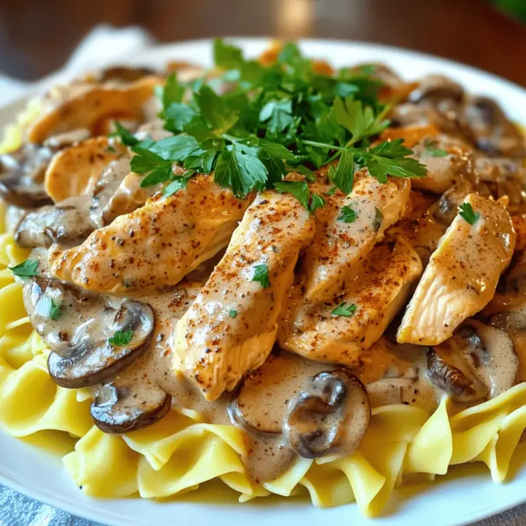 Für ein leckeres Hähnchen-Stroganoff benötigst du frische und einfache Zutaten. Hier ist, was du brauchst: - 450 g Hähnchenbrustfilet ohne Knochen, in Streifen geschnitten - 2 Esslöffel Olivenöl - 1 mittelgroße Zwiebel, fein gehackt - 3 Knoblauchzehen, gehackt - 225 g Pilze, in Scheiben geschnitten (nach Wahl) - 1 Teelöffel geräuchertes Paprikapulver - 240 ml Hühnerbrühe - 240 ml Schmand - 2 Esslöffel Weizenmehl - 2 Teelöffel Dijon-Senf - Salz und Pfeffer nach Geschmack - Frische Petersilie, gehackt (zum Garnieren) - Gekochte Eiernudeln oder Reis, zum Servieren Diese Zutaten sind einfach zu finden. Du kannst sie bei deinem lokalen Markt oder im Supermarkt kaufen. Um dein Hähnchen-Stroganoff zuzubereiten, benötigst du einige grundlegende Kochutensilien: - Eine große Pfanne - Ein Schneidebrett - Ein scharfes Messer - Einen Holzlöffel oder Spatel - Eine Schüssel zum Mischen Diese Utensilien helfen dir, alle Schritte einfach und schnell auszuführen. Frische Zutaten machen den Unterschied. Hier sind einige Tipps, um die besten Zutaten auszuwählen: - Wähle Hähnchenbrust, die rosa und fest ist. Vermeide Fleisch mit einer grauen Farbe. - Achte darauf, dass die Zwiebeln fest und trocken sind. Keine schimmligen Stellen! - Wähle Pilze, die frisch und fest sind. Sie sollten nicht matschig sein. - Kaufe Hühnerbrühe ohne Zusatzstoffe. So schmeckt dein Gericht besser. - Frische Petersilie sollte grün und knackig sein. Mit diesen Tipps bereitest du ein köstliches Hähnchen-Stroganoff zu. Du kannst das vollständige Rezept [Full Recipe] finden, um loszulegen! Beginne mit der Hähnchenbrust. Schneide sie in gleichmäßige Streifen. Das sorgt für gleichmäßiges Garen. Achte darauf, frische Hähnchenbrust zu wählen. Dies verbessert den Geschmack. Lege die geschnittenen Streifen auf einen Teller. Das macht das Anbraten später einfacher. Erhitze das Olivenöl in einer großen Pfanne bei mittlerer Hitze. Füge die Hähnchenstreifen hinzu und brate sie 5-7 Minuten an. Sie sollten goldbraun und durchgegart sein. Nimm das Hähnchen aus der Pfanne und lege es beiseite. Jetzt kommt das Gemüse. Gib die gehackte Zwiebel in die Pfanne und brate sie 3 Minuten lang. Sie wird glasig und weich. Füge dann den Knoblauch und die Pilze hinzu. Brate alles weitere 5-7 Minuten, bis die Pilze zart sind. Streue das geräucherte Paprikapulver über das Gemüse und rühre gut um. Lass es eine Minute braten, um die Aromen freizusetzen. Jetzt kommt das Mehl. Streue es über die Mischung und rühre alles gut um. Füge langsam die Hühnerbrühe hinzu, während du ständig rührst. So vermeidest du Klumpen. Lass die Mischung 3-5 Minuten köcheln, bis sie leicht eindickt. Reduziere die Hitze und rühre den Schmand und den Dijon-Senf ein. Mische alles gut, dann gib das Hähnchen zurück in die Pfanne. Lass alles für weitere 3 Minuten köcheln. Schmecke mit Salz und Pfeffer ab. Für das komplette Rezept, siehe [Full Recipe]. Einige Anfänger machen oft einfache Fehler. Ein Fehler ist, das Hähnchen zu lange zu braten. Achte darauf, dass es goldbraun und saftig bleibt. Wenn das Hähnchen trocken wird, schmeckt das Gericht nicht gut. Ein weiterer Fehler ist, die Zwiebeln zu stark zu bräunen. Sie sollten weich und glasig sein, nicht braun und bitter. Die Soße sollte cremig, aber nicht zu dick sein. Verwende das Mehl vorsichtig. Zu viel kann die Soße klumpig machen. Gib die Hühnerbrühe langsam dazu und rühre gut um. Wenn die Soße zu dünn ist, lasse sie einfach ein paar Minuten köcheln. So wird sie dicker und leckerer. Experimentiere mit Gewürzen, um mehr Geschmack zu bekommen. Geräuchertes Paprikapulver ist ein Muss, aber du kannst auch etwas Thymian oder Oregano hinzufügen. Frische Kräuter wie Petersilie geben einen tollen Farb- und Geschmacksakzent. Klein geschnittene Frühlingszwiebeln sind auch eine gute Wahl. Für das vollständige Rezept sieh dir die [Full Recipe] an. {{image_4}} Hähnchen-Stroganoff mit Pilzen ist ein Klassiker. Die Pilze fügen einen tollen Geschmack hinzu. Sie machen das Gericht noch aromatischer. Verwenden Sie frische Champignons oder Steinpilze. Diese sind besonders lecker. Schneiden Sie die Pilze in Scheiben und braten Sie sie zusammen mit der Zwiebel. So entsteht eine reiche Soße. Der Pilzgeschmack harmoniert perfekt mit dem zarten Hähnchen. Für eine vegetarische Option probieren Sie Tofu-Stroganoff. Tofu ist eine gute Eiweißquelle und sehr vielseitig. Schneiden Sie den Tofu in Würfel und braten Sie ihn bis er goldbraun ist. Verwenden Sie die gleichen Gewürze und die Soße wie im Hähnchen-Stroganoff. Das gibt dem Gericht einen tollen Geschmack. Sie können auch mehr Gemüse hinzufügen, wie Paprika oder Zucchini. So wird Ihr Tofu-Stroganoff bunt und gesund. Um mehr Aroma zu bekommen, experimentieren Sie mit Gewürzen. Fügen Sie eine Prise Cayennepfeffer für Schärfe hinzu. Paprika und Thymian geben einen tollen Geschmack. Wenn Sie es würziger mögen, probieren Sie auch etwas Kreuzkümmel. Diese Gewürze bringen das Gericht auf ein neues Level. Fügen Sie auch frische Kräuter wie Schnittlauch oder Basilikum hinzu. Das sorgt für Frische und Farbe. All diese Variationen machen Ihr Hähnchen-Stroganoff noch interessanter. Um Reste von Hähnchen-Stroganoff zu lagern, brauche ich einen luftdichten Behälter. Ich lasse das Gericht zuerst auf Raumtemperatur abkühlen. Danach fülle ich es in den Behälter und schließe ihn gut. So bleiben die Aromen frisch. Es ist wichtig, die Reste nicht länger als zwei Stunden bei Zimmertemperatur stehen zu lassen. Hähnchen-Stroganoff hält sich im Kühlschrank etwa drei bis vier Tage. Ich empfehle, das Gericht so schnell wie möglich zu genießen. Je frischer es ist, desto besser schmeckt es. Vor dem Verzehr sollte ich es gut durchwärmen, um die Sicherheit zu gewährleisten. Wenn ich Hähnchen-Stroganoff einfrieren möchte, gebe ich es in einen gefrierfesten Behälter. Wichtig ist, dass ich dabei etwas Platz lasse, da sich die Soße beim Einfrieren ausdehnt. Das Gericht kann bis zu drei Monate im Gefrierfach bleiben. Beim Auftauen sollte ich es im Kühlschrank lassen, um die Qualität zu erhalten. Ich kann es dann langsam in einem Topf erwärmen. So bleibt der Geschmack erhalten. Für die beste Textur sollte ich die Nudeln oder den Reis separat aufbewahren und frisch zubereiten. Um Hähnchen-Stroganoff kalorienärmer zu machen, tauschen Sie einige Zutaten aus. Verwenden Sie fettarmen Schmand anstelle von normalem. Statt Weizenmehl können Sie Mandelmehl verwenden. Dies senkt die Kohlenhydrate. Fügen Sie mehr Gemüse wie Paprika oder Zucchini hinzu. Diese machen das Gericht nährstoffreicher, ohne viele Kalorien hinzuzufügen. Auch die Hähnchenbrustfilets sollten ohne Haut sein. So sparen Sie Fett und Kalorien. Ja, Sie können das Rezept vorbereiten. Kochen Sie die Hähnchenstreifen, die Soße und das Gemüse. Lassen Sie alles abkühlen und lagern Sie es in einem luftdichten Behälter. Sie können es bis zu zwei Tage im Kühlschrank aufbewahren. Wenn Sie bereit sind, es zu servieren, erhitzen Sie alles in einer Pfanne. Fügen Sie die gekochten Eiernudeln oder den Reis hinzu, um die Aromen zu vereinen. So sparen Sie Zeit und genießen dennoch ein leckeres Gericht. Hähnchen-Stroganoff passt gut zu vielen Beilagen. Gekochte Eiernudeln sind die klassische Wahl. Sie nehmen die Soße gut auf. Reis ist eine weitere tolle Option. Er ist leicht und sättigend. Auch ein frischer grüner Salat kann eine gute Beilage sein. Er bringt Frische ins Gericht. Wenn Sie es herzhaft mögen, versuchen Sie Rösti oder Kartoffelpüree. Diese Beilagen ergänzen den Geschmack perfekt und machen das Essen noch leckerer. Hähnchen-Stroganoff ist einfach und lecker. Wir haben die besten Zutaten und Utensilien besprochen. Die Schritt-für-Schritt-Anleitung sorgt für einen einfachen Kochprozess. Sie wissen nun, wie man häufige Fehler vermeidet und die perfekte Konsistenz erreicht. Auch Variationen, wie die vegetarische Option, bieten Vielfalt. Jetzt sind Sie bereit, Hähnchen-Stroganoff zuzubereiten und Reste richtig zu lagern. Viel Spaß beim Kochen!
