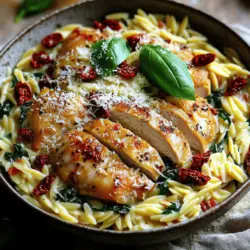 - 450 g Hähnchenschenkel ohne Haut und Knochen - 1 Tasse Orzo-Pasta - 2 Tassen Hühnerbrühe Die Hauptzutaten machen das Gericht einfach und lecker. Du brauchst Hähnchenschenkel, die schön saftig sind. Orzo gibt dem Gericht eine tolle Textur. Die Hühnerbrühe sorgt für viel Geschmack. - 1 Tasse Schlagsahne - 1 Tasse getrocknete Tomaten, grob gehackt - 1 Tasse Babyspinat, grob gehackt Diese Zutaten bringen die Cremigkeit ins Spiel. Schlagsahne macht alles reichhaltig. Getrocknete Tomaten fügen eine süße Note hinzu. Babyspinat sorgt für Farbe und Nährstoffe. - 1 Esslöffel Olivenöl - 1 Teelöffel italienische Gewürzmischung - Salz und Pfeffer nach Geschmack Die Gewürze sind wichtig. Das Olivenöl hilft beim Anbraten und gibt Geschmack. Die italienische Gewürzmischung bringt Kräuteraromen. Salz und Pfeffer runden den Geschmack ab. Für das vollständige Rezept sieh dir den [Full Recipe] an. Würzen Sie die Hähnchenschenkel großzügig mit Salz, Pfeffer und der italienischen Gewürzmischung. Dies bringt viel Geschmack in das Gericht. Lassen Sie das Hähnchen kurz ruhen, damit die Gewürze einziehen können. Erhitzen Sie das Olivenöl in einer großen Pfanne bei mittlerer bis hoher Hitze. Fügen Sie die gewürzten Hähnchenschenkel hinzu. Braten Sie sie etwa 5-7 Minuten pro Seite an, bis sie goldbraun sind. Nehmen Sie das Hähnchen dann aus der Pfanne und stellen es beiseite. Geben Sie nun den fein gehackten Knoblauch in die Pfanne. Dünsten Sie ihn etwa eine Minute lang, bis er duftet. Fügen Sie die Orzo-Pasta hinzu und rühren Sie sie eine Minute lang um. Danach gießen Sie die Hühnerbrühe dazu. Lassen Sie alles aufkochen, dann reduzieren Sie die Hitze und decken die Pfanne ab. Kochen Sie den Orzo für 10-12 Minuten, bis er zart ist. Rühren Sie gelegentlich um. Sobald der Orzo gekocht ist, senken Sie die Hitze. Jetzt fügen Sie die Schlagsahne, die getrockneten Tomaten und den gehackten Spinat hinzu. Rühren Sie alles gut um, bis der Spinat verwelkt und die Sauce schön cremig ist. Schneiden Sie die angebratenen Hähnchenschenkel in Scheiben. Geben Sie sie zurück in die Pfanne mit dem Orzo. Rühren Sie vorsichtig um, damit alles gut vermischt ist. Lassen Sie das Gericht 2-3 Minuten erhitzen. Probieren Sie es und passen Sie die Gewürze mit mehr Salz und Pfeffer an. Servieren Sie das cremige toskanische Hühnchen-Orzo in flachen Schalen. Garnieren Sie es mit geriebenem Parmesan und frischen Basilikumblättern. Für weitere Details schauen Sie sich die vollständige Anleitung im [Full Recipe](#) an. Um den Orzo richtig zu kochen, ist es wichtig, die richtige Menge Flüssigkeit zu verwenden. Ich empfehle, eine Tasse Orzo mit zwei Tassen Hühnerbrühe zu kochen. So wird der Orzo schön weich, aber nicht matschig. Achte darauf, den Orzo nicht zu lange zu kochen. Probiere ihn nach etwa zehn Minuten. Der Orzo sollte zart, aber noch bissfest sein. Rühre regelmäßig um, damit er gleichmäßig kocht. Zusätzliche Gewürze und Zutaten machen das Gericht noch besser. Ich empfehle, etwas frischen Knoblauch hinzuzufügen. Knoblauch verleiht dem Gericht mehr Tiefe. Du kannst auch einen Spritzer Zitronensaft für Frische verwenden. Ein paar rote Pfefferflocken bringen ein bisschen Wärme. Experimentiere mit frischen Kräutern. Petersilie oder Thymian passen auch gut dazu. Ansprechend servieren ist wichtig. Verwende flache Schalen, um das Hühnchen-Orzo zu präsentieren. Garniere das Gericht mit geriebenem Parmesan und frischen Basilikumblättern. Das sieht nicht nur gut aus, sondern schmeckt auch fantastisch. Ein bisschen frischer Pfeffer obenauf gibt einen tollen Abschluss. So wird dein cremiges toskanisches Hühnchen-Orzo zu einem echten Hingucker auf dem Tisch. Für das vollständige Rezept, siehe den Abschnitt "Full Recipe". {{image_4}} Du kannst viele leckere Gemüse zu deinem cremigen toskanischen Hühnchen Orzo hinzufügen. Neben Babyspinat eignen sich auch: - Zucchini, in kleine Stücke geschnitten - Paprika, gewürfelt - Brokkoli, in Röschen zerteilt - Pilze, in Scheiben geschnitten Diese Gemüse bringen mehr Farbe und Geschmack. Sie sind auch gesund und machen das Gericht nahrhafter. Du kannst sie einfach zusammen mit dem Spinat in die cremige Sauce geben. Wenn du kein Hähnchen magst oder es nicht hast, gibt es tolle Alternativen. Du kannst verwenden: - Putenbrust, in Stücke geschnitten - Garnelen, die schnell garen - Tofu, für eine pflanzliche Option Jede dieser Optionen bringt einen eigenen Geschmack. Achte nur darauf, die Garzeiten anzupassen. So wird dein Gericht immer zart und lecker. Um das Rezept in eine vegane Version zu verwandeln, kannst du einige einfache Änderungen vornehmen. Nutze statt Hähnchen: - Kichererbsen oder Linsen als Proteinquelle Ersetze die Schlagsahne durch: - Kokosmilch oder eine pflanzliche Sahne-Alternative Diese Zutaten machen das Gericht cremig und köstlich. Du wirst keinen Unterschied beim Geschmack merken. Damit kannst du das Rezept für alle zugänglich machen. Für die genauen Schritte folge der [Full Recipe]. Um dein cremiges toskanisches Hühnchen-Orzo frisch zu halten, lagere es in einem luftdichten Behälter. Lass das Gericht zuerst auf Raumtemperatur abkühlen. So vermeidest du Kondensation, die die Textur beeinträchtigen könnte. Du kannst die Reste bis zu drei Tage im Kühlschrank aufbewahren. Wenn du mehr Reste hast, kannst du das Gericht auch einfrieren. Teile das Orzo in Portionen auf und lege sie in gefriergeeignete Behälter. Lass etwas Platz im Behälter, damit sich die Flüssigkeit beim Gefrieren ausdehnen kann. Zum Erwärmen nimm das Gericht aus dem Gefrierschrank und lass es über Nacht im Kühlschrank auftauen. Erhitze es dann in einer Pfanne oder in der Mikrowelle, bis es vollständig heiß ist. Das cremige toskanische Hühnchen-Orzo bleibt im Kühlschrank etwa drei Tage frisch. Im Gefrierfach kann es bis zu drei Monate halten. Achte darauf, das Gericht gut zu verpacken, um Gefrierbrand zu vermeiden. Wenn du es warm und cremig magst, genieße es am besten so schnell wie möglich nach der Zubereitung. Die Zubereitung dieses Gerichts dauert insgesamt etwa 30 Minuten. Du brauchst 15 Minuten für die Vorbereitung. Das Kochen selbst dauert weitere 15 Minuten. In dieser Zeit kannst du alles gut im Auge behalten. So wird dein Hühnchen-Orzo perfekt. Ja, du kannst andere Pastaarten verwenden. Penne oder Fusilli sind gute Alternativen. Diese Nudeln nehmen die Sauce gut auf. Achte darauf, die Kochzeit anzupassen. Das sorgt dafür, dass sie nicht zu weich werden. Die Schärfe dieses Gerichts ist mild. Es hat einen schönen, herzhaften Geschmack durch die italienische Gewürzmischung. Wenn du es schärfer magst, füge einfach etwas rote Paprika hinzu. Diese Option macht das Gericht interessanter. Ja, du kannst Hähnchenbrust verwenden. Die Zubereitung ist ähnlich. Hähnchenbrust ist jedoch magerer. Achte darauf, sie nicht zu überkochen, damit sie saftig bleibt. Schneide die Brust in kleine Stücke, um die Garzeit zu verkürzen. Für die besten Ergebnisse, benutze ein Fleischthermometer. Dieses Rezept für cremiges toskanisches Hühnchen mit Orzo ist einfach gut. Wir haben die besten Zutaten, wie Hähnchenschenkel und Orzo-Pasta, vorgestellt. Ich habe Schritt für Schritt erklärt, wie du das Gericht zubereitest. Viele hilfreiche Tipps helfen dir, den Geschmack zu verbessern. Du kannst sogar Varianten für jeden Geschmack ausprobieren. Wenn du die Reste richtig lagerst, bleibt das Gericht frisch. Probiere es aus und genieße jeden Bissen, egal ob allein oder mit Freunden!