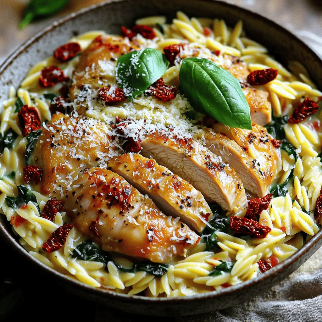 - 450 g Hähnchenschenkel ohne Haut und Knochen - 1 Tasse Orzo-Pasta - 2 Tassen Hühnerbrühe Die Hauptzutaten machen das Gericht einfach und lecker. Du brauchst Hähnchenschenkel, die schön saftig sind. Orzo gibt dem Gericht eine tolle Textur. Die Hühnerbrühe sorgt für viel Geschmack. - 1 Tasse Schlagsahne - 1 Tasse getrocknete Tomaten, grob gehackt - 1 Tasse Babyspinat, grob gehackt Diese Zutaten bringen die Cremigkeit ins Spiel. Schlagsahne macht alles reichhaltig. Getrocknete Tomaten fügen eine süße Note hinzu. Babyspinat sorgt für Farbe und Nährstoffe. - 1 Esslöffel Olivenöl - 1 Teelöffel italienische Gewürzmischung - Salz und Pfeffer nach Geschmack Die Gewürze sind wichtig. Das Olivenöl hilft beim Anbraten und gibt Geschmack. Die italienische Gewürzmischung bringt Kräuteraromen. Salz und Pfeffer runden den Geschmack ab. Für das vollständige Rezept sieh dir den [Full Recipe] an. Würzen Sie die Hähnchenschenkel großzügig mit Salz, Pfeffer und der italienischen Gewürzmischung. Dies bringt viel Geschmack in das Gericht. Lassen Sie das Hähnchen kurz ruhen, damit die Gewürze einziehen können. Erhitzen Sie das Olivenöl in einer großen Pfanne bei mittlerer bis hoher Hitze. Fügen Sie die gewürzten Hähnchenschenkel hinzu. Braten Sie sie etwa 5-7 Minuten pro Seite an, bis sie goldbraun sind. Nehmen Sie das Hähnchen dann aus der Pfanne und stellen es beiseite. Geben Sie nun den fein gehackten Knoblauch in die Pfanne. Dünsten Sie ihn etwa eine Minute lang, bis er duftet. Fügen Sie die Orzo-Pasta hinzu und rühren Sie sie eine Minute lang um. Danach gießen Sie die Hühnerbrühe dazu. Lassen Sie alles aufkochen, dann reduzieren Sie die Hitze und decken die Pfanne ab. Kochen Sie den Orzo für 10-12 Minuten, bis er zart ist. Rühren Sie gelegentlich um. Sobald der Orzo gekocht ist, senken Sie die Hitze. Jetzt fügen Sie die Schlagsahne, die getrockneten Tomaten und den gehackten Spinat hinzu. Rühren Sie alles gut um, bis der Spinat verwelkt und die Sauce schön cremig ist. Schneiden Sie die angebratenen Hähnchenschenkel in Scheiben. Geben Sie sie zurück in die Pfanne mit dem Orzo. Rühren Sie vorsichtig um, damit alles gut vermischt ist. Lassen Sie das Gericht 2-3 Minuten erhitzen. Probieren Sie es und passen Sie die Gewürze mit mehr Salz und Pfeffer an. Servieren Sie das cremige toskanische Hühnchen-Orzo in flachen Schalen. Garnieren Sie es mit geriebenem Parmesan und frischen Basilikumblättern. Für weitere Details schauen Sie sich die vollständige Anleitung im [Full Recipe](#) an. Um den Orzo richtig zu kochen, ist es wichtig, die richtige Menge Flüssigkeit zu verwenden. Ich empfehle, eine Tasse Orzo mit zwei Tassen Hühnerbrühe zu kochen. So wird der Orzo schön weich, aber nicht matschig. Achte darauf, den Orzo nicht zu lange zu kochen. Probiere ihn nach etwa zehn Minuten. Der Orzo sollte zart, aber noch bissfest sein. Rühre regelmäßig um, damit er gleichmäßig kocht. Zusätzliche Gewürze und Zutaten machen das Gericht noch besser. Ich empfehle, etwas frischen Knoblauch hinzuzufügen. Knoblauch verleiht dem Gericht mehr Tiefe. Du kannst auch einen Spritzer Zitronensaft für Frische verwenden. Ein paar rote Pfefferflocken bringen ein bisschen Wärme. Experimentiere mit frischen Kräutern. Petersilie oder Thymian passen auch gut dazu. Ansprechend servieren ist wichtig. Verwende flache Schalen, um das Hühnchen-Orzo zu präsentieren. Garniere das Gericht mit geriebenem Parmesan und frischen Basilikumblättern. Das sieht nicht nur gut aus, sondern schmeckt auch fantastisch. Ein bisschen frischer Pfeffer obenauf gibt einen tollen Abschluss. So wird dein cremiges toskanisches Hühnchen-Orzo zu einem echten Hingucker auf dem Tisch. Für das vollständige Rezept, siehe den Abschnitt "Full Recipe". {{image_4}} Du kannst viele leckere Gemüse zu deinem cremigen toskanischen Hühnchen Orzo hinzufügen. Neben Babyspinat eignen sich auch: - Zucchini, in kleine Stücke geschnitten - Paprika, gewürfelt - Brokkoli, in Röschen zerteilt - Pilze, in Scheiben geschnitten Diese Gemüse bringen mehr Farbe und Geschmack. Sie sind auch gesund und machen das Gericht nahrhafter. Du kannst sie einfach zusammen mit dem Spinat in die cremige Sauce geben. Wenn du kein Hähnchen magst oder es nicht hast, gibt es tolle Alternativen. Du kannst verwenden: - Putenbrust, in Stücke geschnitten - Garnelen, die schnell garen - Tofu, für eine pflanzliche Option Jede dieser Optionen bringt einen eigenen Geschmack. Achte nur darauf, die Garzeiten anzupassen. So wird dein Gericht immer zart und lecker. Um das Rezept in eine vegane Version zu verwandeln, kannst du einige einfache Änderungen vornehmen. Nutze statt Hähnchen: - Kichererbsen oder Linsen als Proteinquelle Ersetze die Schlagsahne durch: - Kokosmilch oder eine pflanzliche Sahne-Alternative Diese Zutaten machen das Gericht cremig und köstlich. Du wirst keinen Unterschied beim Geschmack merken. Damit kannst du das Rezept für alle zugänglich machen. Für die genauen Schritte folge der [Full Recipe]. Um dein cremiges toskanisches Hühnchen-Orzo frisch zu halten, lagere es in einem luftdichten Behälter. Lass das Gericht zuerst auf Raumtemperatur abkühlen. So vermeidest du Kondensation, die die Textur beeinträchtigen könnte. Du kannst die Reste bis zu drei Tage im Kühlschrank aufbewahren. Wenn du mehr Reste hast, kannst du das Gericht auch einfrieren. Teile das Orzo in Portionen auf und lege sie in gefriergeeignete Behälter. Lass etwas Platz im Behälter, damit sich die Flüssigkeit beim Gefrieren ausdehnen kann. Zum Erwärmen nimm das Gericht aus dem Gefrierschrank und lass es über Nacht im Kühlschrank auftauen. Erhitze es dann in einer Pfanne oder in der Mikrowelle, bis es vollständig heiß ist. Das cremige toskanische Hühnchen-Orzo bleibt im Kühlschrank etwa drei Tage frisch. Im Gefrierfach kann es bis zu drei Monate halten. Achte darauf, das Gericht gut zu verpacken, um Gefrierbrand zu vermeiden. Wenn du es warm und cremig magst, genieße es am besten so schnell wie möglich nach der Zubereitung. Die Zubereitung dieses Gerichts dauert insgesamt etwa 30 Minuten. Du brauchst 15 Minuten für die Vorbereitung. Das Kochen selbst dauert weitere 15 Minuten. In dieser Zeit kannst du alles gut im Auge behalten. So wird dein Hühnchen-Orzo perfekt. Ja, du kannst andere Pastaarten verwenden. Penne oder Fusilli sind gute Alternativen. Diese Nudeln nehmen die Sauce gut auf. Achte darauf, die Kochzeit anzupassen. Das sorgt dafür, dass sie nicht zu weich werden. Die Schärfe dieses Gerichts ist mild. Es hat einen schönen, herzhaften Geschmack durch die italienische Gewürzmischung. Wenn du es schärfer magst, füge einfach etwas rote Paprika hinzu. Diese Option macht das Gericht interessanter. Ja, du kannst Hähnchenbrust verwenden. Die Zubereitung ist ähnlich. Hähnchenbrust ist jedoch magerer. Achte darauf, sie nicht zu überkochen, damit sie saftig bleibt. Schneide die Brust in kleine Stücke, um die Garzeit zu verkürzen. Für die besten Ergebnisse, benutze ein Fleischthermometer. Dieses Rezept für cremiges toskanisches Hühnchen mit Orzo ist einfach gut. Wir haben die besten Zutaten, wie Hähnchenschenkel und Orzo-Pasta, vorgestellt. Ich habe Schritt für Schritt erklärt, wie du das Gericht zubereitest. Viele hilfreiche Tipps helfen dir, den Geschmack zu verbessern. Du kannst sogar Varianten für jeden Geschmack ausprobieren. Wenn du die Reste richtig lagerst, bleibt das Gericht frisch. Probiere es aus und genieße jeden Bissen, egal ob allein oder mit Freunden!