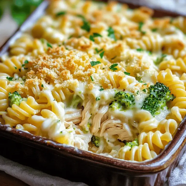 - 2 Tassen gekochte Rotini-Nudeln - 2 Tassen zerkleinertes Hähnchen - 1 Tasse Alfredo-Sauce Die Hauptzutaten sind wichtig für den Geschmack. Die Rotini-Nudeln geben eine schöne Textur. Zerkleinertes Hähnchen sorgt für Protein und Füllung. Die Alfredo-Sauce bringt die Cremigkeit, die wir lieben. - 1 Tasse Mozzarella-Käse, gerieben - 1/2 Tasse Parmesan-Käse, gerieben - 1 Tasse Brokkoli-Röschen Käse ist der Star in diesem Gericht. Mozzarella schmilzt wunderbar und gibt Geschmack. Parmesan gibt einen salzigen, nussigen Geschmack. Brokkoli bringt Farbe und Nährstoffe. Frisches Gemüse macht das Gericht gesund und lecker. - 1 Teelöffel Knoblauchpulver - 1 Teelöffel italienische Gewürze - 1/4 Tasse Paniermehl (optional, für die Kruste) Gewürze bringen das Gericht auf ein neues Level. Knoblauchpulver fügt Tiefe hinzu. Italienische Gewürze sind eine tolle Ergänzung. Das Paniermehl gibt eine knusprige Kruste, wenn Sie es mögen. Diese Zutaten machen den Quick Chicken Alfredo Bake besonders. Für das vollständige Rezept schauen Sie sich die Vollrezept-Anleitung an. Heizen Sie den Ofen auf 175°C vor. Das ist die ideale Temperatur für einen schönen Auflauf. In einer großen Schüssel vermischen Sie die gekochten Rotini-Nudeln, das zerkleinerte Hähnchen und die Brokkoli-Röschen. Fügen Sie die Alfredo-Sauce, das Knoblauchpulver und die italienischen Gewürze hinzu. Rühren Sie alles gut um, bis die Nudeln und das Hähnchen gleichmäßig mit der Sauce bedeckt sind. Schmecken Sie die Mischung mit Salz und Pfeffer ab. So wird das Gericht richtig lecker. Geben Sie die Hühner-Alfredo-Mischung in eine gefettete Auflaufform. Diese sollte etwa 23x33 cm groß sein. Verteilen Sie den geriebenen Mozzarella und den Parmesan gleichmäßig über die Mischung. Wenn Sie einen extra Crunch möchten, streuen Sie das Paniermehl darüber. Das gibt dem Auflauf eine knusprige Kruste. Backen Sie den Auflauf im vorgeheizten Ofen für 25-30 Minuten. Achten Sie darauf, dass der Käse schmilzt und sprudelt. Die oberste Schicht sollte goldbraun sein. Nehmen Sie den Auflauf aus dem Ofen und lassen Sie ihn kurz abkühlen, bevor Sie ihn servieren. So bleibt der Käse schön geschmolzen, und jeder kann ihn leicht genießen. Wie man Überkochen vermeidet Um Überkochen zu vermeiden, achte darauf, die Nudeln nur bis al dente zu kochen. Das bedeutet, sie sollten noch einen leichten Biss haben. Wenn du die Nudeln überkochst, werden sie im Auflauf matschig. Außerdem ist es wichtig, die Mischung gut zu vermengen. So verteilen sich die Zutaten gleichmäßig und du erhältst einen perfekten Geschmack. Optimale Käse-Auswahl Die Wahl des Käses ist entscheidend für den Geschmack. Ich empfehle, frischen Mozzarella und Parmesan zu verwenden. Diese Käse schmelzen gut und geben einen tollen Geschmack. Verwende niemals bereits geriebenen Käse aus der Tüte, da er oft Zusatzstoffe enthält, die das Schmelzen beeinträchtigen können. Frisch geriebener Käse sorgt für eine cremigere Textur. Vorbereitungszeit reduzieren Um die Vorbereitungszeit zu verkürzen, nutze bereits gekochtes Hähnchen oder Reste von einem anderen Gericht. So sparst du viel Zeit. Du kannst auch die Nudeln vorher kochen und im Kühlschrank aufbewahren. So hast du alles bereit, wenn du zum Kochen kommst. Verwendung von Resten Wenn du Reste hast, sei kreativ! Füge anderes Gemüse hinzu, wie Paprika oder Spinat. Auch gekochte Pasta vom Vortag ist ideal. So zauberst du im Handumdrehen einen leckeren Auflauf und vermeidest Lebensmittelverschwendung. Beilagenideen Serviere diesen Auflauf mit einem frischen grünen Salat oder gedünstetem Gemüse. Ein knuspriges Baguette passt ebenfalls gut dazu. Diese Beilagen ergänzen die cremige Textur des Auflaufs und sorgen für ein ausgewogenes Gericht. Garnierungen für eine ansprechende Präsentation Für die Präsentation kannst du frisch gehackte Petersilie oder Basilikum verwenden. Diese Kräuter bringen Farbe und Frische. Ein Hauch von extra Parmesan oben drauf sieht nicht nur gut aus, sondern schmeckt auch toll. Ein gut angerichteter Auflauf macht gleich mehr her und beeindruckt deine Gäste. {{image_4}} Für meinen Quick Chicken Alfredo Bake kann ich verschiedene Gemüsesorten verwenden. Zum Beispiel, ich kann Spinat, Zucchini oder Paprika hinzufügen. Diese Gemüse bringen Farbe und Nährstoffe. Wenn du eine andere Fleischsorte magst, probiere Putenbrust oder sogar Schinken. Diese Varianten geben dem Gericht einen neuen Geschmack. Wenn jemand glutenfrei essen möchte, kann ich glutenfreie Nudeln nutzen. Diese ersetzen die normalen Rotini-Nudeln gut. Für eine vegetarische Version lasse ich das Hähnchen weg. Stattdessen kann ich mehr Gemüse und vielleicht etwas Tofu hinzufügen. So bleibt das Gericht lecker und nahrhaft. Ich mag es, den Auflauf etwas schärfer zu machen. Dafür füge ich rote Paprikaflocken oder frische Chilis hinzu. Diese geben dem Gericht einen Kick. Alternativ kann ich auch die Alfredo-Sauce ändern. Eine Pesto-Sauce oder eine Käsesauce bieten neue Geschmäcker. So bleibt das Rezept spannend und vielseitig. Um Ihren Quick Chicken Alfredo Bake frisch zu halten, wählen Sie einen luftdichten Behälter. Ein Glas- oder Kunststoffbehälter ist ideal. Lassen Sie den Auflauf vor dem Einlagern abkühlen. So bleibt die Textur gut. Sie können den Auflauf bis zu drei Tage im Kühlschrank aufbewahren. Wenn Sie ihn länger aufbewahren möchten, frieren Sie ihn ein. Teilen Sie den Auflauf in Portionen auf, um das Auftauen zu erleichtern. Wickeln Sie ihn in Frischhaltefolie und dann in Alufolie. Der Auflauf schmeckt am besten frisch. Wenn Sie Reste haben, essen Sie sie innerhalb von drei Tagen. Um den Auflauf wieder aufzuwärmen, benutzen Sie den Ofen. So bleibt der Käse schön geschmolzen. Bei 175°C (350°F) etwa 15 bis 20 Minuten backen. Decken Sie ihn mit Alufolie ab, um ein Austrocknen zu vermeiden. Haben Sie Reste vom Auflauf? Sie können neue Gerichte kreieren! Mischen Sie die Reste mit einer neuen Sauce für Pasta. Oder fügen Sie sie zu einer Suppe hinzu. Das gibt dem Gericht neuen Schwung. Kreative Resteverwertung ist auch einfach. Verwenden Sie die Reste als Füllung für Tortillas. Machen Sie kleine Wraps oder Burritos. Diese Ideen machen das Essen spannend und lecker. Die Zubereitung eines Hühner-Alfredo-Auflaufs dauert insgesamt etwa 40 Minuten. Die Vorbereitungszeit beträgt etwa 10 Minuten. In dieser Zeit kannst du alle Zutaten bereitstellen und vermischen. Danach backst du den Auflauf für 25-30 Minuten im Ofen. So hast du schnell ein leckeres Gericht auf dem Tisch. Ja, du kannst die Alfredo-Sauce ganz einfach selbst machen. Eine schnelle Option ist, Butter und Sahne zu schmelzen. Dann fügst du geriebenen Parmesan hinzu und rührst, bis die Sauce cremig ist. Alternativ kannst du Knoblauch und Muskatnuss für mehr Geschmack hinzufügen. Diese selbstgemachte Sauce gibt deinem Auflauf einen frischen, tollen Geschmack. Ja, dieser Hühner-Alfredo-Auflauf ist sehr gut gefrierbar. Lass ihn zunächst ganz abkühlen, bevor du ihn in einen luftdichten Behälter gibst. Du kannst ihn bis zu drei Monate im Gefrierfach aufbewahren. Zum Auftauen nimmst du ihn einfach über Nacht in den Kühlschrank. Danach backst du ihn wieder im Ofen, bis er heiß und sprudelnd ist. So hast du immer eine leckere Mahlzeit bereit! Der Hühner-Alfredo-Auflauf ist ein einfaches und leckeres Gericht. Wir haben die Hauptzutaten wie Rotini-Nudeln, Hähnchen und Käse besprochen. Die Anleitung für die Zubereitung ist klar und machbar. Tipps zur perfekten Zubereitung helfen, das Gericht noch besser zu machen. Variationen und Verwendung von Resten bieten kreative Möglichkeiten. Es lohnt sich, das Rezept auszuprobieren. Du wirst es lieben, und deine Familie auch!