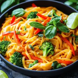- 200 g Reisnudeln - 1 Esslöffel Kokosöl - 1 Zwiebel, dünn geschnitten - 3 Knoblauchzehen, gehackt - 1 Esslöffel frischer Ingwer, gerieben - 1 rote Paprika, in feine Streifen geschnitten - 1 Karotte, in feine Streifen geschnitten - 1 Tasse Brokkoliröschen - 400 ml Kokosmilch - 2 Esslöffel rote Currypaste - 2 Esslöffel Sojasauce (oder Tamari für glutenfrei) - 1 Esslöffel brauner Zucker - Frische Basilikumblätter, zum Garnieren - Limettenspalten, zum Servieren Für die Zubereitung der Thailändischen Roten Curry-Nudeln sind die Hauptzutaten sehr wichtig. Reisnudeln bilden die Basis. Sie sind leicht und nehmen die Soße gut auf. Kokosöl verleiht dem Gericht einen feinen Geschmack. Zwiebeln, Knoblauch und Ingwer sorgen für eine starke Aromatik. Sie bilden die Grundlage für das Curry. Die rote Paprika und Karotte bringen Farbe und Crunch. Brokkoli sorgt für zusätzliche Nährstoffe und macht das Gericht bunt. Kokosmilch und rote Currypaste sind das Herzstück der Soße. Die Kokosmilch sorgt für Cremigkeit. Die Currypaste gibt den typischen würzigen Geschmack. Sojasauce und brauner Zucker balancieren die Aromen. - Tofu oder Hähnchen - Zucchini oder Spinat Für Variationen können Sie Proteinquellen hinzufügen. Tofu ist eine gute Wahl für Vegetarier. Hähnchen ist eine beliebte Option für Fleischliebhaber. Es bringt eine zusätzliche Textur und Geschmack. Zusätzliches Gemüse wie Zucchini oder Spinat ist ebenfalls eine tolle Idee. Zucchini bleibt knackig und hat einen milden Geschmack. Spinat fügt Vitamine hinzu und verleiht dem Gericht eine schöne Farbe. Diese Zutaten machen das Gericht noch persönlicher und passen zu Ihrem Geschmack. Sie können nach Belieben mixen und anpassen. Finden Sie die Kombination, die Ihnen am besten schmeckt! Um die Reisnudeln zuzubereiten, bringe zuerst einen großen Topf mit Wasser zum Kochen. Füge die Reisnudeln hinzu und koche sie gemäß den Anweisungen auf der Verpackung. In der Regel dauert dies etwa 4 bis 6 Minuten. Rühre während des Kochens gelegentlich um. Wenn die Nudeln gar sind, gieße sie ab und stelle sie beiseite, um ein Verkleben zu vermeiden. Erhitze in einer großen Pfanne oder einem Wok einen Esslöffel Kokosöl bei mittlerer Hitze. Schneide eine Zwiebel in dünne Scheiben und füge sie ins Öl. Brate die Zwiebel 3 Minuten lang an, bis sie glasig wird. Dann füge 3 gehackte Knoblauchzehen und einen Esslöffel geriebenen Ingwer hinzu. Rühre alles gut um und lasse es für eine weitere Minute köcheln. So entfalten sich die Aromen und füllen die Küche mit einem tollen Duft. Jetzt kommt der spaßige Teil! Füge eine rote Paprika, eine Karotte und eine Tasse Brokkoliröschen in die Pfanne. Brate das Gemüse für etwa 5 Minuten an, bis es zart, aber noch knackig ist. Danach gieße 400 ml Kokosmilch in die Pfanne. Rühre zwei Esslöffel rote Currypaste, zwei Esslöffel Sojasauce und einen Esslöffel braunen Zucker hinein. Mische alles gut, bis die Paste sich auflöst und die Soße schön cremig wird. Nun ist es Zeit, die gekochten Reisnudeln in die Pfanne zu geben. Wirf die Nudeln vorsichtig in die Soße und mische sie gut durch. Lasse alles 2 bis 3 Minuten erhitzen, damit die Nudeln die Aromen aufnehmen. Probiere die Nudeln und passe den Geschmack an. Vielleicht möchtest du mehr Sojasauce oder eine Prise Salz hinzufügen. Das Gericht ist nun bereit, um serviert zu werden. Richte die Nudeln auf Tellern an und garniere sie mit frischen Basilikumblättern. Vergiss nicht, die Limettenspalten dazu zu legen, um einen frischen Kick zu geben. Für das gesamte Rezept, siehe [Full Recipe]. Um klebrige Nudeln zu vermeiden, folge diesen einfachen Schritten: - Richtig kochen: Koche die Reisnudeln nach Anleitung. Überkoche sie nicht. - Abschrecken: Nach dem Kochen die Nudeln sofort abseihen und mit kaltem Wasser abspülen. Das stoppt den Garprozess. - Öl hinzufügen: Gib etwas Kokosöl hinzu, um die Nudeln zu trennen. Diese Tipps sorgen dafür, dass deine Nudeln schön locker bleiben. Die Schärfe deiner Thai Red Curry Nudeln kannst du leicht anpassen. Hier sind einige Tipps: - Weniger Currypaste: Verwende weniger rote Currypaste, wenn du es mild magst. - Zusatz von Kokosmilch: Füge mehr Kokosmilch hinzu, um die Schärfe zu mildern. - Nach Geschmack: Probiere die Soße während des Kochens. So kannst du die Schärfe genau abstimmen. Auf diese Weise kannst du die perfekte Schärfe für jeden Geschmack finden. Eine ansprechende Präsentation macht das Essen noch besser. Hier sind einige Vorschläge: - Frische Kräuter: Verwende frische Basilikumblätter als Garnitur. Sie bringen Farbe und Aroma. - Limettenspalten: Serviere Limettenspalten neben den Nudeln. Sie geben einen frischen Kick. - Nüsse: Streue geröstete Erdnüsse über die Nudeln. Sie fügen einen tollen Crunch hinzu. Mit diesen Garnierungen verwandelst du dein Gericht in ein Fest für die Augen! {{image_4}} Wenn Sie auf Fleisch verzichten möchten, gibt es viele tolle Möglichkeiten. Tofu ist eine großartige Wahl. Er nimmt gut die Aromen der Soße auf. Sie können auch Tempeh verwenden, das einen nussigen Geschmack hat. Gemüse wie Zucchini oder Spinat passen gut dazu. Diese Zutaten machen das Gericht lecker und nahrhaft. Für eine glutenfreie Version können Sie Tamari anstelle von Sojasauce nutzen. Tamari hat einen ähnlichen Geschmack, ist aber glutenfrei. Achten Sie darauf, auch die Reisnudeln zu überprüfen. Die meisten sind glutenfrei, aber es ist gut, die Verpackung zu lesen. So bleiben alle sicher und gesund. Seien Sie kreativ mit Ihren Zutaten! Fügen Sie Ananas für eine süße Note hinzu. Auch Cashewkerne passen gut und geben einen knusprigen Biss. Wenn Sie es schärfer mögen, probieren Sie frische Chili oder Chiliflocken. Frische Kräuter wie Koriander oder Minze bringen frische Aromen. Diese Variationen machen Ihr Gericht einzigartig und spannend. Um die Reste der Thailändischen Roten Curry-Nudeln richtig zu lagern, sollten Sie Folgendes beachten: Lassen Sie die Nudeln zuerst auf Raumtemperatur abkühlen. Dann legen Sie sie in einen luftdichten Behälter. Achten Sie darauf, dass die Nudeln nicht mit Luft in Kontakt kommen. Im Kühlschrank sind die Reste bis zu drei Tage haltbar. Wenn Sie die Nudeln länger aufbewahren möchten, können Sie sie einfrieren. Teilen Sie die Nudeln in Portionen auf. Packen Sie jede Portion in einen gefrierfesten Beutel. Entfernen Sie so viel Luft wie möglich, um Gefrierbrand zu vermeiden. Zum Auftauen legen Sie die Beutel einfach in den Kühlschrank. Lassen Sie sie dort über Nacht auftauen. Um die Nudeln aufzuwärmen, nutzen Sie eine Pfanne oder die Mikrowelle. In der Pfanne erhitzen Sie die Nudeln bei mittlerer Hitze. Fügen Sie etwas Wasser oder Kokosmilch hinzu, um die Nudeln feucht zu halten. In der Mikrowelle stellen Sie die Nudeln in eine Schüssel und decken Sie diese ab. Erhitzen Sie die Nudeln in 30-Sekunden-Intervallen, bis sie warm sind. So bleiben die Nudeln lecker und frisch. Die Reste der Thai Red Curry Noodles bleiben im Kühlschrank gut für drei bis fünf Tage. Achten Sie darauf, sie in einem luftdichten Behälter zu lagern. So bleibt der Geschmack frisch. Vor dem Essen einfach aufwärmen. Prüfen Sie immer, ob sie noch gut sind, bevor Sie sie essen. Ja, Sie können die Currypaste selbst machen. Hier ist ein einfaches Rezept: - 2-3 rote Chilischoten (entkernt, je nach Schärfewunsch) - 1 Stängel Zitronengras (äußere Schale entfernen) - 3 Knoblauchzehen - 1 kleine Zwiebel - 1 Stück Ingwer (ca. 2 cm) - 1 Teelöffel Kreuzkümmel - 1 Teelöffel Koriander (gemahlen) - 1 Prise Salz Vermengen Sie alle Zutaten in einem Mixer oder Mörser, bis eine feine Paste entsteht. Diese Paste ist frisch und voller Geschmack. Sie können sie für Ihre Thai Red Curry Noodles verwenden. Zu Thai Red Curry Noodles passen viele Beilagen. Hier sind einige Vorschläge: - Frischer Gurkensalat: Erfrischt und balanciert die Schärfe. - Gebratene Frühlingsrollen: Knusprig und lecker. - Jasminreis: Passt perfekt zum Curry. - Ein kühles Bier oder ein frischer Thai-Eistee: Ideal, um die Aromen zu ergänzen. Diese Beilagen machen das Essen noch besser. Genießen Sie Ihre Mahlzeit mit Freunden oder Familie! Zusammenfassend haben wir die Hauptzutaten für thailändische rote Curry-Nudeln besprochen. Ich habe gezeigt, wie du die Nudeln zubereitest und das Gericht aromatisierst. Tipps zur perfekten Konsistenz sowie Anpassungen für Schärfe und Garnierung helfen dir, dein Gericht zu verfeinern. Denk daran, dass du kreative Variationen ausprobieren kannst, sei es vegetarisch oder glutenfrei. Im Endeffekt sind thailändische rote Curry-Nudeln einfach und vielseitig. Nutze die Tipps, um ein leckeres Gericht zu schaffen, das du immer wieder genießen wirst.