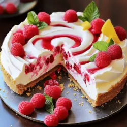 Um einen leckeren Zitronen-Himbeeren-Cream-Cheesecake zu machen, brauchst du: - 1 ½ Tassen Graham-Cracker-Krümel - ½ Tasse ungesalzene Butter, geschmolzen - 2 Tassen Frischkäse, zimmerwarm - 1 Tasse Zucker - 3 große Eier - 1 Teelöffel Vanilleextrakt - 1 Esslöffel Zitronenschale, abgerieben - ½ Tasse frischer Zitronensaft - 1 Tasse Himbeeren, plus extra zur Dekoration - 1 Tasse Schlagsahne - 2 Esslöffel Puderzucker - Minzblätter zur Dekoration (optional) Ich empfehle, beim Einkauf auf bekannte Marken zu achten. Für Graham-Cracker sind Nabisco oder Keebler gut. Für Frischkäse ist Philadelphia eine Top-Wahl. Achte darauf, frische Himbeeren zu wählen. Sie geben deinem Käsekuchen den besten Geschmack. Bei Butter mag ich die Marke Land O'Lakes. Sie hat einen feinen Geschmack. Wenn du keine Graham-Cracker hast, kannst du Kekse wie Digestive oder Butterkekse verwenden. Du kannst auch einen Keksboden aus Haferflocken machen. Wenn du vegan bist, probiere veganen Frischkäse und pflanzliche Butter. Für weniger Zucker kannst du einen Süßstoff verwenden. Achte darauf, den Zitronensaft frisch zu pressen. So bleibt der Geschmack lebendig. Diese Alternativen helfen dir, deinen Käsekuchen nach deinem Geschmack anzupassen. Für die vollständige Anleitung zur Zubereitung, schau dir das [Full Recipe] an. Heize deinen Ofen auf 325°F (160°C) vor. Du musst sicherstellen, dass er warm genug ist. Für die Kruste mischst du die Graham-Cracker-Krümel mit der geschmolzenen Butter. Verwende eine Schüssel, um alles gut zu vermengen. Drücke die Mischung fest in den Boden einer 9-Zoll-Springformpfanne. Achte darauf, dass die Kruste gleichmäßig ist. Backe die Kruste für 10 Minuten und lasse sie danach abkühlen. In einer großen Rührschüssel schlägst du den Frischkäse und den Zucker mit einem Handmixer. Mische sie gut, bis eine glatte Masse entsteht. Füge dann die Eier nacheinander hinzu und rühre gut um. Achte darauf, dass jedes Ei gut eingearbeitet ist. Jetzt kommt der Vanilleextrakt, die Zitronenschale und der Zitronensaft dazu. Rühre alles gut zusammen. Als nächsten Schritt hebst du vorsichtig die Himbeeren unter die Käsekuchenmasse. Sei dabei vorsichtig, um sie nicht zu zerdrücken. Gieße die Frischkäsemischung auf den abgekühlten Krustenboden in der Springform. Backe den Käsekuchen im vorgeheizten Ofen etwa 45-50 Minuten. Die Mitte sollte fest, aber leicht wackelig sein. Schalte den Ofen aus und öffne die Tür einen Spalt. Lass den Käsekuchen dort 1 Stunde abkühlen. Nimm ihn heraus und lasse ihn auf Raumtemperatur abkühlen. Danach kommt der Käsekuchen für mindestens 4 Stunden oder über Nacht in den Kühlschrank. Das bringt den besten Geschmack. Um die beste Käsekuchen-Textur zu erzielen, achte auf die Temperatur der Zutaten. Verwende Frischkäse, der zimmerwarm ist. Das hilft, Klumpen zu vermeiden. Schlage die Mischung gut, bis sie glatt ist. Das macht den Kuchen schön cremig. Lasse den Käsekuchen nach dem Backen im Ofen abkühlen. Diese langsame Abkühlung hilft, Risse zu vermeiden. Ein häufiger Fehler ist das Übermixen der Eier. Mische sie nur, bis sie gut vermengt sind. Zu viel Luft kann den Kuchen aufblähen und später fallen lassen. Achte auch darauf, die Himbeeren vorsichtig unterzuheben. Wenn du sie zu stark drückst, wird der Kuchen matschig. Schließlich, lass den Käsekuchen lange genug kühlen. So bleibt er fest und behält seine Form. Um Zeit zu sparen, kannst du die Kruste im Voraus machen. Bereite sie am Vortag vor und lasse sie im Kühlschrank. Du kannst auch fertige Graham-Cracker-Krümel kaufen. Das spart dir das Zerkleinern. Wenn du keine Schlagsahne schlagen möchtest, kaufe fertige Schlagsahne. So geht es schneller, und du sparst dir das Aufräumen. Für die vollständige Anleitung und weitere Tipps, schaue dir das Rezept für den Zitronen-Himbeeren-Cream-Cheesecake an. {{image_4}} Wenn du etwas Neues ausprobieren möchtest, nimm andere Früchte. Erdbeeren bringen Süße und Farbe. Blaubeeren fügen eine schöne Tiefe hinzu. Auch Pfirsiche oder Kirschen sind tolle Alternativen. Sie passen gut zur Zitrone und machen den Käsekuchen frisch. Mische die Früchte nach deinem Geschmack. Das macht jeden Biss spannend. Du kannst die Kruste leicht glutenfrei machen. Benutze einfach glutenfreie Kekse oder Haferflocken. Für eine gesunde Option, nutze Datteln anstelle von Zucker. Vegane Varianten sind auch möglich. Ersetze den Frischkäse durch Cashewcreme oder Seidentofu. Diese Alternativen machen den Käsekuchen für viele Menschen genießbar. Wenn du Schokolade liebst, probiere diese Idee! Füge geschmolzene Schokolade in die Käsekuchenfüllung hinzu. Du kannst auch Kakaopulver verwenden, um den Geschmack zu verstärken. Eine Schokoladenkruste aus Keksbröseln macht es noch besser. Diese schokoladige Variante ist ein Hit bei Schokoladenliebhabern. Es ist eine tolle Wendung, die du sicher lieben wirst. Nach dem Backen muss der Käsekuchen gut gekühlt werden. Du solltest ihn in den Kühlschrank stellen, damit er fest wird. Wickele ihn gut mit Frischhaltefolie ein. So bleibt er frisch und nimmt keine anderen Gerüche an. Lagere ihn dort für bis zu fünf Tage. Stelle sicher, dass die Temperatur bei 4 Grad Celsius bleibt, um die beste Qualität zu erhalten. Falls du Reste hast, kannst du den Käsekuchen auch einfrieren. Schneide ihn in Stücke. Lege jedes Stück in einen gefrierfesten Behälter oder wickle es in Folie. So bleibt der Geschmack gut erhalten. Du kannst ihn bis zu drei Monate einfrieren. Zum Auftauen lege ihn einfach über Nacht in den Kühlschrank. So bleibt die Textur schön cremig. Die Haltbarkeit des Käsekuchens ist wichtig. Im Kühlschrank hält er etwa fünf Tage. Wenn du Reste hast, kannst du kreativ werden. Verwende die Stücke in Desserts oder als Topping für andere Süßspeisen. Du kannst sie auch mit frischen Früchten oder Schokolade servieren. So bleibt die Freude an deinem Zitronen-Himbeeren-Cream-Cheesecake länger erhalten. Um Risse im Käsekuchen zu vermeiden, backe ihn bei niedriger Temperatur. Eine Temperatur von 160°C ist ideal. Lasse den Käsekuchen nach dem Backen im Ofen abkühlen, während die Tür leicht geöffnet ist. Dies hilft, plötzliche Temperaturänderungen zu verhindern. Zudem kannst du eine Wasserbad-Methode verwenden. Stelle eine Form mit Wasser unter die Springform. Dies sorgt für eine feuchte Umgebung. Ja, du kannst die Himbeeren durch andere Beeren ersetzen. Erdbeeren, Blaubeeren oder Brombeeren sind tolle Alternativen. Achte darauf, dass die Früchte frisch und reif sind. Das sorgt für den besten Geschmack. Du kannst auch gefrorene Beeren verwenden, aber tau sie vorher auf. So wird der Käsekuchen gleichmäßiger. Kühle den Käsekuchen mindestens vier Stunden im Kühlschrank. Noch besser ist es, wenn du ihn über Nacht kühlen kannst. So entwickelt sich der Geschmack optimal. Der Käsekuchen wird auch fester, was das Schneiden erleichtert. Wenn du ihn zu früh servierst, könnte er zu weich sein. Serviere den Käsekuchen mit einer Schicht Schlagsahne oben drauf. Garniere ihn mit frischen Himbeeren und Minzblättern. Du kannst auch einen Spritzer Zitronensaft für extra Frische hinzufügen. Ein paar Kekskrümel auf dem Teller können ebenfalls eine schöne Textur bieten. Der beste Geschmack kommt von frischen Zutaten. Verwende hochwertigen Frischkäse für eine cremige Füllung. Frischer Zitronensaft und Zitronenschale verleihen dem Käsekuchen eine lebendige Note. Die Himbeeren bringen eine süße und saure Balance. Wenn du die Zutaten gut kombinierst, entsteht ein wunderbares Geschmackserlebnis. Für das vollständige Rezept, schaue dir die [Full Recipe] an. Zusammenfassend bietet dieser Artikel hilfreiche Anleitungen für deinen Zitronen-Himbeeren-Cream-Cheesecake. Wir haben die wichtigsten Zutaten, einfache Schritte und nützliche Tipps behandelt. Außerdem gab es Variationen und Lagerungshinweise, die deine Kreation noch besser machen. Denke daran, einfache Fehler zu vermeiden, um das beste Ergebnis zu erzielen. Mit diesen Infos solltest du deinen Käsekuchen perfekt hinbekommen. Viel Spaß beim Backen und Genießen!