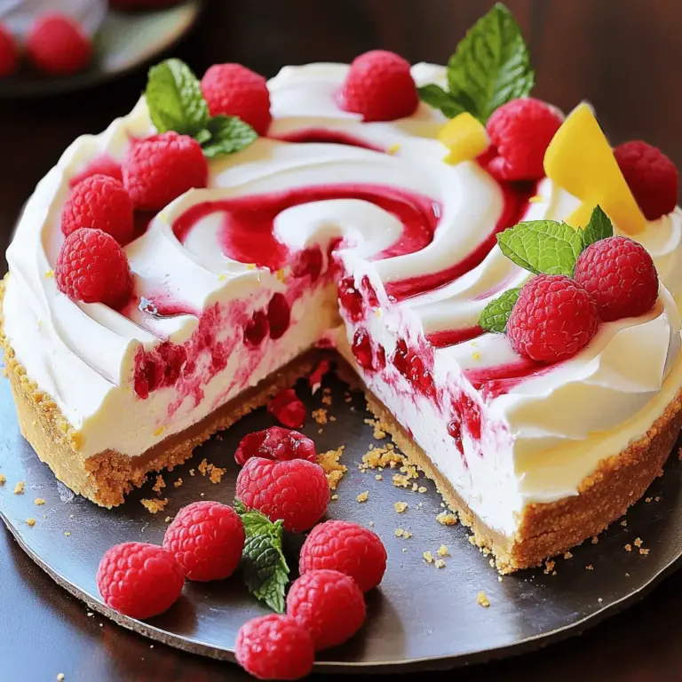 Um einen leckeren Zitronen-Himbeeren-Cream-Cheesecake zu machen, brauchst du: - 1 ½ Tassen Graham-Cracker-Krümel - ½ Tasse ungesalzene Butter, geschmolzen - 2 Tassen Frischkäse, zimmerwarm - 1 Tasse Zucker - 3 große Eier - 1 Teelöffel Vanilleextrakt - 1 Esslöffel Zitronenschale, abgerieben - ½ Tasse frischer Zitronensaft - 1 Tasse Himbeeren, plus extra zur Dekoration - 1 Tasse Schlagsahne - 2 Esslöffel Puderzucker - Minzblätter zur Dekoration (optional) Ich empfehle, beim Einkauf auf bekannte Marken zu achten. Für Graham-Cracker sind Nabisco oder Keebler gut. Für Frischkäse ist Philadelphia eine Top-Wahl. Achte darauf, frische Himbeeren zu wählen. Sie geben deinem Käsekuchen den besten Geschmack. Bei Butter mag ich die Marke Land O'Lakes. Sie hat einen feinen Geschmack. Wenn du keine Graham-Cracker hast, kannst du Kekse wie Digestive oder Butterkekse verwenden. Du kannst auch einen Keksboden aus Haferflocken machen. Wenn du vegan bist, probiere veganen Frischkäse und pflanzliche Butter. Für weniger Zucker kannst du einen Süßstoff verwenden. Achte darauf, den Zitronensaft frisch zu pressen. So bleibt der Geschmack lebendig. Diese Alternativen helfen dir, deinen Käsekuchen nach deinem Geschmack anzupassen. Für die vollständige Anleitung zur Zubereitung, schau dir das [Full Recipe] an. Heize deinen Ofen auf 325°F (160°C) vor. Du musst sicherstellen, dass er warm genug ist. Für die Kruste mischst du die Graham-Cracker-Krümel mit der geschmolzenen Butter. Verwende eine Schüssel, um alles gut zu vermengen. Drücke die Mischung fest in den Boden einer 9-Zoll-Springformpfanne. Achte darauf, dass die Kruste gleichmäßig ist. Backe die Kruste für 10 Minuten und lasse sie danach abkühlen. In einer großen Rührschüssel schlägst du den Frischkäse und den Zucker mit einem Handmixer. Mische sie gut, bis eine glatte Masse entsteht. Füge dann die Eier nacheinander hinzu und rühre gut um. Achte darauf, dass jedes Ei gut eingearbeitet ist. Jetzt kommt der Vanilleextrakt, die Zitronenschale und der Zitronensaft dazu. Rühre alles gut zusammen. Als nächsten Schritt hebst du vorsichtig die Himbeeren unter die Käsekuchenmasse. Sei dabei vorsichtig, um sie nicht zu zerdrücken. Gieße die Frischkäsemischung auf den abgekühlten Krustenboden in der Springform. Backe den Käsekuchen im vorgeheizten Ofen etwa 45-50 Minuten. Die Mitte sollte fest, aber leicht wackelig sein. Schalte den Ofen aus und öffne die Tür einen Spalt. Lass den Käsekuchen dort 1 Stunde abkühlen. Nimm ihn heraus und lasse ihn auf Raumtemperatur abkühlen. Danach kommt der Käsekuchen für mindestens 4 Stunden oder über Nacht in den Kühlschrank. Das bringt den besten Geschmack. Um die beste Käsekuchen-Textur zu erzielen, achte auf die Temperatur der Zutaten. Verwende Frischkäse, der zimmerwarm ist. Das hilft, Klumpen zu vermeiden. Schlage die Mischung gut, bis sie glatt ist. Das macht den Kuchen schön cremig. Lasse den Käsekuchen nach dem Backen im Ofen abkühlen. Diese langsame Abkühlung hilft, Risse zu vermeiden. Ein häufiger Fehler ist das Übermixen der Eier. Mische sie nur, bis sie gut vermengt sind. Zu viel Luft kann den Kuchen aufblähen und später fallen lassen. Achte auch darauf, die Himbeeren vorsichtig unterzuheben. Wenn du sie zu stark drückst, wird der Kuchen matschig. Schließlich, lass den Käsekuchen lange genug kühlen. So bleibt er fest und behält seine Form. Um Zeit zu sparen, kannst du die Kruste im Voraus machen. Bereite sie am Vortag vor und lasse sie im Kühlschrank. Du kannst auch fertige Graham-Cracker-Krümel kaufen. Das spart dir das Zerkleinern. Wenn du keine Schlagsahne schlagen möchtest, kaufe fertige Schlagsahne. So geht es schneller, und du sparst dir das Aufräumen. Für die vollständige Anleitung und weitere Tipps, schaue dir das Rezept für den Zitronen-Himbeeren-Cream-Cheesecake an. {{image_4}} Wenn du etwas Neues ausprobieren möchtest, nimm andere Früchte. Erdbeeren bringen Süße und Farbe. Blaubeeren fügen eine schöne Tiefe hinzu. Auch Pfirsiche oder Kirschen sind tolle Alternativen. Sie passen gut zur Zitrone und machen den Käsekuchen frisch. Mische die Früchte nach deinem Geschmack. Das macht jeden Biss spannend. Du kannst die Kruste leicht glutenfrei machen. Benutze einfach glutenfreie Kekse oder Haferflocken. Für eine gesunde Option, nutze Datteln anstelle von Zucker. Vegane Varianten sind auch möglich. Ersetze den Frischkäse durch Cashewcreme oder Seidentofu. Diese Alternativen machen den Käsekuchen für viele Menschen genießbar. Wenn du Schokolade liebst, probiere diese Idee! Füge geschmolzene Schokolade in die Käsekuchenfüllung hinzu. Du kannst auch Kakaopulver verwenden, um den Geschmack zu verstärken. Eine Schokoladenkruste aus Keksbröseln macht es noch besser. Diese schokoladige Variante ist ein Hit bei Schokoladenliebhabern. Es ist eine tolle Wendung, die du sicher lieben wirst. Nach dem Backen muss der Käsekuchen gut gekühlt werden. Du solltest ihn in den Kühlschrank stellen, damit er fest wird. Wickele ihn gut mit Frischhaltefolie ein. So bleibt er frisch und nimmt keine anderen Gerüche an. Lagere ihn dort für bis zu fünf Tage. Stelle sicher, dass die Temperatur bei 4 Grad Celsius bleibt, um die beste Qualität zu erhalten. Falls du Reste hast, kannst du den Käsekuchen auch einfrieren. Schneide ihn in Stücke. Lege jedes Stück in einen gefrierfesten Behälter oder wickle es in Folie. So bleibt der Geschmack gut erhalten. Du kannst ihn bis zu drei Monate einfrieren. Zum Auftauen lege ihn einfach über Nacht in den Kühlschrank. So bleibt die Textur schön cremig. Die Haltbarkeit des Käsekuchens ist wichtig. Im Kühlschrank hält er etwa fünf Tage. Wenn du Reste hast, kannst du kreativ werden. Verwende die Stücke in Desserts oder als Topping für andere Süßspeisen. Du kannst sie auch mit frischen Früchten oder Schokolade servieren. So bleibt die Freude an deinem Zitronen-Himbeeren-Cream-Cheesecake länger erhalten. Um Risse im Käsekuchen zu vermeiden, backe ihn bei niedriger Temperatur. Eine Temperatur von 160°C ist ideal. Lasse den Käsekuchen nach dem Backen im Ofen abkühlen, während die Tür leicht geöffnet ist. Dies hilft, plötzliche Temperaturänderungen zu verhindern. Zudem kannst du eine Wasserbad-Methode verwenden. Stelle eine Form mit Wasser unter die Springform. Dies sorgt für eine feuchte Umgebung. Ja, du kannst die Himbeeren durch andere Beeren ersetzen. Erdbeeren, Blaubeeren oder Brombeeren sind tolle Alternativen. Achte darauf, dass die Früchte frisch und reif sind. Das sorgt für den besten Geschmack. Du kannst auch gefrorene Beeren verwenden, aber tau sie vorher auf. So wird der Käsekuchen gleichmäßiger. Kühle den Käsekuchen mindestens vier Stunden im Kühlschrank. Noch besser ist es, wenn du ihn über Nacht kühlen kannst. So entwickelt sich der Geschmack optimal. Der Käsekuchen wird auch fester, was das Schneiden erleichtert. Wenn du ihn zu früh servierst, könnte er zu weich sein. Serviere den Käsekuchen mit einer Schicht Schlagsahne oben drauf. Garniere ihn mit frischen Himbeeren und Minzblättern. Du kannst auch einen Spritzer Zitronensaft für extra Frische hinzufügen. Ein paar Kekskrümel auf dem Teller können ebenfalls eine schöne Textur bieten. Der beste Geschmack kommt von frischen Zutaten. Verwende hochwertigen Frischkäse für eine cremige Füllung. Frischer Zitronensaft und Zitronenschale verleihen dem Käsekuchen eine lebendige Note. Die Himbeeren bringen eine süße und saure Balance. Wenn du die Zutaten gut kombinierst, entsteht ein wunderbares Geschmackserlebnis. Für das vollständige Rezept, schaue dir die [Full Recipe] an. Zusammenfassend bietet dieser Artikel hilfreiche Anleitungen für deinen Zitronen-Himbeeren-Cream-Cheesecake. Wir haben die wichtigsten Zutaten, einfache Schritte und nützliche Tipps behandelt. Außerdem gab es Variationen und Lagerungshinweise, die deine Kreation noch besser machen. Denke daran, einfache Fehler zu vermeiden, um das beste Ergebnis zu erzielen. Mit diesen Infos solltest du deinen Käsekuchen perfekt hinbekommen. Viel Spaß beim Backen und Genießen!