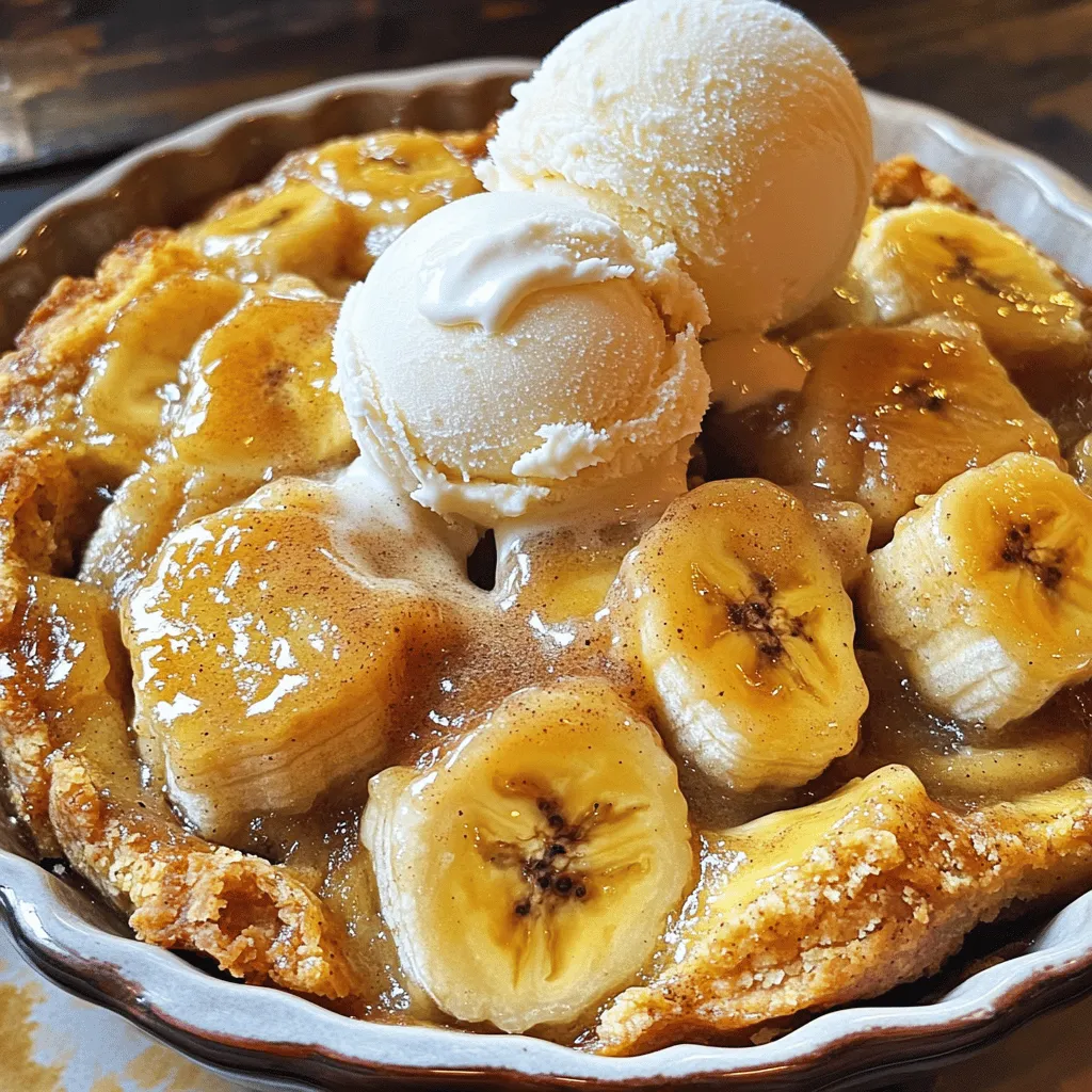 Um einen köstlichen Easy Banana Cobbler zu machen, brauchst du einige einfache Zutaten: - 4 reife Bananen, in Scheiben geschnitten - 1/2 Tasse brauner Zucker - 1 Teelöffel Zimt - 1 Tasse Weizenmehl - 1 Tasse Haferflocken - 1/2 Tasse ungesalzene Butter, geschmolzen - 1 Teelöffel Vanilleextrakt - 1 Tasse Milch - 1 Teelöffel Backpulver - Eine Prise Salz - Optional: Vanilleeis zum Servieren Diese Zutaten machen den Cobbler süß und lecker. Die Bananen geben eine natürliche Süße. Um deinen Cobbler einzigartig zu machen, kannst du einige Variationen ausprobieren: - Füge Schokoladenstückchen hinzu für einen schokoladigen Kick. - Verwende verschiedene Nüsse, wie Walnüsse oder Mandeln, für Crunch. - Experimentiere mit verschiedenen Gewürzen, wie Muskatnuss oder Ingwer. Diese Optionen helfen dir, den Cobbler nach deinem Geschmack anzupassen. Wähle die Bananen mit einer gelben Schale und vielen kleinen braunen Flecken. Diese sind süß und reif. Vermeide grüne Bananen, da sie noch nicht süß sind. Die richtige Reife macht deinen Cobbler besonders gut. Achte darauf, dass die Bananen keine dunklen Stellen oder Druckstellen haben. So erhältst du die beste Konsistenz und den besten Geschmack. Zuerst brauchen wir reife Bananen. Wählen Sie Bananen, die nach dem Druck leicht nachgeben. Diese Bananen sind süß und weich. Schneiden Sie die Bananen in dünne Scheiben. Legen Sie die Bananen in eine große Schüssel. Fügen Sie dann den braunen Zucker und den Zimt hinzu. Mischen Sie alles gut. Die Bananen sollen den Zucker und Zimt gut aufnehmen. Diese Mischung wird die Basis des Cobblers. Jetzt machen wir den Teig. In einer anderen Schüssel kombinieren Sie das Weizenmehl, die Haferflocken und das Backpulver. Fügen Sie eine Prise Salz hinzu. Mischen Sie die trockenen Zutaten gut. Dann geben Sie die geschmolzene Butter, den Vanilleextrakt und die Milch dazu. Rühren Sie alles zusammen, bis eine dicke, glatte Masse entsteht. Der Teig sollte nicht klumpig sein. Das ist der Schlüssel für eine gute Textur. Heizen Sie Ihren Ofen auf 175°C vor. Fetten Sie eine 23x23 cm Auflaufform ein. Verteilen Sie die vorbereiteten Bananen gleichmäßig auf dem Boden der Form. Gießen Sie den Teig über die Bananen. Nutzen Sie einen Spatel, um den Teig gleichmäßig zu verteilen. Schieben Sie die Form in den heißen Ofen. Backen Sie den Cobbler für 25-30 Minuten. Er ist fertig, wenn die Oberseite goldbraun ist. Ein Zahnstocher sollte sauber herauskommen. Lassen Sie den Cobbler vor dem Servieren einige Minuten abkühlen. Ein typischer Fehler ist, die Bananen nicht reif genug zu wählen. Wählen Sie Bananen, die braune Flecken haben. Diese sind süßer und weicher. Ein weiterer Fehler ist, den Teig zu lange zu rühren. Rühren Sie nur so lange, bis die Zutaten gut vermischt sind. Zu viel Rühren kann den Cobbler zäh machen. Backen Sie den Cobbler bei 175°C für 25-30 Minuten. Achten Sie darauf, dass die Oberseite goldbraun ist. Um sicherzugehen, dass er fertig ist, verwenden Sie einen Zahnstocher. Stecken Sie ihn in die Mitte. Wenn er sauber herauskommt, ist der Cobbler bereit. Lassen Sie ihn ein paar Minuten abkühlen, bevor Sie ihn servieren. Um den Cobbler zu verfeinern, servieren Sie ihn warm mit Vanilleeis. Die kalte Eiscreme ergänzt die warmen Bananen perfekt. Eine Prise Zimt oben drauf macht das Ganze noch besser. Sie können auch frische Früchte wie Erdbeeren oder Himbeeren hinzufügen. Diese bringen Farbe und einen frischen Geschmack. {{image_4}} Möchten Sie eine schokoladige Note in Ihrem Cobbler? Fügen Sie einfach Schokoladenstückchen hinzu. Verwenden Sie etwa 1 Tasse. Mischen Sie sie mit den Bananen. So wird der Cobbler noch köstlicher. Die Schokolade schmilzt und verbindet sich wunderbar mit den Bananen. Jeder Bissen wird zur süßen Freude. Für einen nussigen Crunch können Sie Walnüsse oder Mandeln verwenden. Hacken Sie eine halbe Tasse Nüsse und streuen Sie sie über die Bananen. Dies gibt dem Cobbler eine tolle Textur. Die Nüsse ergänzen die Süße der Bananen perfekt. Wenn Sie Mandeln verwenden, probieren Sie blanchierte Mandeln für einen zarten Biss. Haben Sie eine Glutenunverträglichkeit? Kein Problem! Sie können das Weizenmehl durch glutenfreies Mehl ersetzen. Achten Sie darauf, eine Mischung zu wählen, die gut bindet. Auch Haferflocken können glutenfrei sein, wenn sie entsprechend gekennzeichnet sind. So bleibt der Genuss ohne Gluten erhalten. Für das Full Recipe schauen Sie bitte nach den genauen Mengen und Anleitungen. Um den Cobbler frisch zu halten, decke ihn gut ab. Verwende Frischhaltefolie oder einen luftdichten Behälter. So bleibt er für mehrere Tage lecker. Lagere ihn in einem kühlen, trockenen Ort. Das schützt die Aromen und die Textur. Um Reste aufzuwärmen, heize den Ofen auf 175°C vor. Lege den Cobbler in eine Auflaufform. Decke ihn mit Alufolie ab, damit er nicht austrocknet. Backe ihn für 10 bis 15 Minuten, bis er heiß ist. Du kannst auch die Mikrowelle verwenden. Erwärme ihn in kurzen Intervallen von 30 Sekunden bis er warm ist. Im Kühlschrank hält der Cobbler bis zu 5 Tage. Achte darauf, ihn gut zu verpacken. Im Gefrierschrank kann er bis zu 3 Monate bleiben. Teile ihn in Portionen, bevor du ihn einfrierst. So kannst du schnell einen Snack genießen. Wenn du ihn wieder auftauen möchtest, lass ihn über Nacht im Kühlschrank. Um den Easy Banana Cobbler vegan zu machen, ersetzen Sie die Milch durch pflanzliche Milch. Soja-, Mandel- oder Hafermilch sind großartige Optionen. Verwenden Sie vegane Butter anstelle von ungesalzener Butter. Für die Bindung können Sie Apfelmus oder zerdrückte Bananen verwenden. Diese Zutaten geben dem Cobbler die nötige Textur und den Geschmack. Ja, Sie können gefrorene Bananen verwenden! Lassen Sie sie zuerst auftauen und gut abtropfen. Diese Bananen sind oft sehr süß und weich. Sie geben dem Cobbler eine schöne, süße Note. Achten Sie darauf, die gefrorenen Bananen rechtzeitig vorzubereiten, damit sie gut abtropfen können. Zu Banana Cobbler passen viele leckere Beilagen. Vanilleeis ist eine beliebte Wahl, da es gut mit dem warmen Cobbler harmoniert. Schlagsahne ist auch eine tolle Ergänzung. Ein Hauch von Zimt oder Karamellsauce kann das Geschmackserlebnis noch steigern. Das Full Recipe für Banana Bliss Cobbler finden Sie in diesem Artikel. Es enthält alle Zutaten und Schritte, um diesen köstlichen Dessert zu zaubern. Zusammengefasst, der Easy Banana Cobbler ist einfach zuzubereiten und lecker. Wir haben die besten Zutaten, Zubereitungsschritte und Aufbewahrungstipps besprochen. Du kannst sogar Variationen wie Schokoladen- oder nussige Optionen ausprobieren. Denke daran, häufige Fehler zu vermeiden und den Cobbler optimal zu backen. Mit diesen Tipps wirst du einen großartigen Dessert-Hit schaffen. Genieße jeden Bissen und teile deine Variationen mit Freunden!