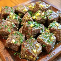 - 450 Gramm Sirloin-Steak, in mundgerechte Würfel geschnitten - 4 Esslöffel ungesalzene Butter - 4 Knoblauchzehen, fein gehackt - 1 Teelöffel frischer Rosmarin, gehackt - 1 Teelöffel frischer Thymian, gehackt - Salz und Pfeffer nach Geschmack - 1 Esslöffel Olivenöl - 1 Esslöffel Sojasauce - Frische Petersilie, gehackt, zum Garnieren Um die besten Steakbissen zuzubereiten, wählen Sie frische, hochwertige Zutaten. Das Sirloin-Steak sorgt für einen tollen Geschmack und eine zarte Textur. Die ungesalzene Butter gibt den Steakbissen die perfekte Reichhaltigkeit. Knoblauch bringt eine starke Note, die ein echter Genuss ist. Die Kräuter wie Rosmarin und Thymian verleihen dem Gericht Frische und Tiefe. Salz und Pfeffer sind wichtig, um den Geschmack zu heben. Wenn Sie es etwas würziger mögen, fügen Sie die optionale Sojasauce hinzu. Olivenöl ist hilfreich, um die Butter zu ergänzen und die Steakbissen beim Braten nicht ankleben zu lassen. Frische Petersilie als Garnitur sieht nicht nur gut aus, sondern gibt auch einen zusätzlichen Geschmack. Wenn Sie das Rezept weiter anpassen möchten, denken Sie an verschiedene Gewürze oder Kräuter, die Ihnen gefallen. Für das vollständige Rezept schauen Sie sich die Anleitung an. Zuerst tupfen Sie die Steakwürfel mit Papiertüchern trocken. Das hilft, eine schöne Kruste zu bekommen. Nach dem Tupfen würzen Sie die Würfel großzügig mit Salz und Pfeffer. Stellen Sie alle Zutaten bereit, um den Kochprozess reibungslos zu gestalten. So haben Sie alles griffbereit und sparen Zeit. Erhitzen Sie in einer großen Pfanne das Olivenöl bei mittlerer bis hoher Hitze. Wenn das Öl heiß ist, fügen Sie die gewürzten Steakbissen in einer einzigen Schicht hinzu. Überladen Sie die Pfanne nicht. Braten Sie die Stücke etwa 2-3 Minuten auf einer Seite an, bis sie schön gebräunt sind. Drehen Sie die Steakbissen um und braten Sie sie weitere 2-3 Minuten. Passen Sie die Garzeiten an, um die gewünschte Garstufe zu erreichen. Nehmen Sie die gebratenen Steakbissen aus der Pfanne und legen Sie sie auf einen Teller. Reduzieren Sie die Hitze auf mittlere Stufe und fügen Sie die Butter in die gleiche Pfanne. Lassen Sie sie schmelzen und rühren Sie den gehackten Knoblauch, Rosmarin und Thymian ein. Sautieren Sie die Mischung für 1-2 Minuten. Achten Sie darauf, den Knoblauch nicht zu verbrennen. Geben Sie die Steakbissen zurück in die Pfanne und träufeln Sie die Sojasauce darüber. Wenden Sie die Bissen, sodass sie gut mit der Knoblauchbuttersauce überzogen sind. Lassen Sie alles eine Minute kochen, damit sich die Aromen verbinden. Um das perfekte Steak zu bekommen, ist die Garzeit wichtig. Für medium-rare braten Sie das Steak etwa 2-3 Minuten pro Seite. Wenn Sie Ihr Steak lieber durchgegart mögen, erhöhen Sie die Zeit um 1-2 Minuten. Ein Fleischthermometer hilft hier sehr. Bei 57 Grad Celsius ist Ihr Steak ideal. So erreichen Sie das beste Ergebnis. Um den Geschmack zu verbessern, können Sie verschiedene Gewürze hinzufügen. Ein Hauch von Paprika oder Kreuzkümmel kann einen neuen Kick geben. Frisch gehackte Kräuter sind auch wichtig. Sie bringen eine frische Note und mehr Aroma. Rosmarin und Thymian passen perfekt zu Steak. Die Präsentation macht viel aus. Servieren Sie die Steakbissen auf einem rustikalen Holzbrett. Das sieht schön aus. Alternativ können kleine Schalen verwendet werden. Garnieren Sie mit frischer Petersilie für einen Farbtupfer. Stellen Sie Zahnstocher bereit, damit das Essen leichter fällt. Beilagen wie ein frischer Salat oder knuspriges Brot runden das Gericht ab. {{image_4}} Wenn Sie die Steakbissen anders gestalten möchten, probieren Sie Hühnchen oder Schweinefleisch. Diese Fleischsorten sind saftig und nehmen die Aromen der Knoblauchbutter gut auf. Für eine gesunde Option können Sie Tofu verwenden. Tofu ist vielseitig und kann gut gewürzt werden. Achten Sie darauf, den Tofu gut zu pressen, um überschüssige Flüssigkeit zu entfernen. So wird er knuspriger und nimmt die Aromen besser auf. Experimentieren Sie mit verschiedenen Kräutern und Gewürzen. Frischer Thymian und Rosmarin sind großartig, aber auch Oregano oder Paprika können interessant sein. Für einen scharfen Kick fügen Sie etwas Chili oder Cayennepfeffer hinzu. Diese Gewürze bringen mehr Tiefe in das Gericht. Sie können auch eine Marinade verwenden, um das Fleisch vor dem Braten zu würzen. Kombinieren Sie die Steakbissen mit verschiedenen Beilagen. Ein frischer Salat oder geröstetes Gemüse passen gut dazu. Sie können auch verschiedene Saucen ausprobieren. Eine cremige Knoblauchsoße oder eine würzige BBQ-Sauce ergänzen die Aromen. Denken Sie daran, die Zutaten gut anzupassen, um ein ausgewogenes und leckeres Gericht zu kreieren. Um die herzhafte Steakbissen in Knoblauchbutter frisch zu halten, lagere sie im Kühlschrank. Verwende dafür einen luftdichten Behälter. Das schützt vor Gerüchen und hält die Bissen saftig. Stelle sicher, dass die Bissen vollständig abgekühlt sind, bevor du sie einpackst. So bleibt die Qualität besser erhalten. Wenn du die Steakbissen länger aufbewahren möchtest, kannst du sie einfrieren. Lege die abgekühlten Bissen in einen gefrierfesten Beutel. Drücke die Luft heraus, um Gefrierbrand zu vermeiden. Du kannst sie bis zu drei Monate einfrieren. Zum Aufwärmen nimm die Bissen aus dem Gefrierfach und lasse sie über Nacht im Kühlschrank auftauen. Dann erhitze sie in einer Pfanne bei mittlerer Hitze, bis sie warm sind. Im Kühlschrank halten sich die Steakbissen etwa drei bis vier Tage. Im Gefrierschrank können sie bis zu drei Monate bleiben. Um zu prüfen, ob die Bissen noch gut sind, rieche daran. Wenn sie unangenehm riechen oder die Farbe sich verändert hat, wirf sie weg. So sorgst du dafür, dass du immer frisch und lecker isst. Die Zubereitung der Steakbissen dauert nur 20 Minuten. - Vorbereitungszeit: 10 Minuten - Kochzeit: 10 Minuten - Gesamtzeit: 20 Minuten Ja, Sie können die Steakbissen auch im Ofen zubereiten. - Heizen Sie den Ofen auf 200 Grad Celsius vor. - Braten Sie die Steakbissen in einer Pfanne an, bis sie braun sind. - Legen Sie sie dann auf ein Backblech und garen Sie sie 5-7 Minuten im Ofen. Zu Steakbissen passen viele Beilagen und Salate. - Ein frischer grüner Salat ist immer eine gute Wahl. - Gebratene Zucchini oder Paprika ergänzen den Geschmack. - Servieren Sie die Bissen mit Reis oder Kartoffeln. Ja, das Rezept kann glutenfrei sein. - Achten Sie darauf, glutenfreie Sojasauce zu verwenden. - Alle anderen Zutaten sind von Natur aus glutenfrei. Die Zutaten für die Steakbissen sind einfach, aber schmackhaft. Wir haben die Hauptzutaten, Gewürze und optionale Zutaten besprochen. Zudem habe ich dir Schritt für Schritt gezeigt, wie du sie zubereitest. Tipps zur perfekten Zubereitung und Variationen machen das Gericht vielseitig. Auch die Lagerung und Haltbarkeit sind wichtig. Du kannst die Steakbissen einfach anpassen und vielseitig servieren. Experimentiere mit neuer Aromen und genieße dein köstliches Ergebnis!