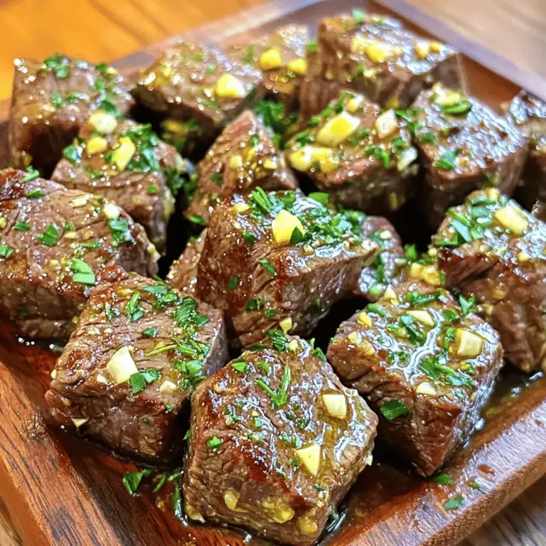 - 450 Gramm Sirloin-Steak, in mundgerechte Würfel geschnitten - 4 Esslöffel ungesalzene Butter - 4 Knoblauchzehen, fein gehackt - 1 Teelöffel frischer Rosmarin, gehackt - 1 Teelöffel frischer Thymian, gehackt - Salz und Pfeffer nach Geschmack - 1 Esslöffel Olivenöl - 1 Esslöffel Sojasauce - Frische Petersilie, gehackt, zum Garnieren Um die besten Steakbissen zuzubereiten, wählen Sie frische, hochwertige Zutaten. Das Sirloin-Steak sorgt für einen tollen Geschmack und eine zarte Textur. Die ungesalzene Butter gibt den Steakbissen die perfekte Reichhaltigkeit. Knoblauch bringt eine starke Note, die ein echter Genuss ist. Die Kräuter wie Rosmarin und Thymian verleihen dem Gericht Frische und Tiefe. Salz und Pfeffer sind wichtig, um den Geschmack zu heben. Wenn Sie es etwas würziger mögen, fügen Sie die optionale Sojasauce hinzu. Olivenöl ist hilfreich, um die Butter zu ergänzen und die Steakbissen beim Braten nicht ankleben zu lassen. Frische Petersilie als Garnitur sieht nicht nur gut aus, sondern gibt auch einen zusätzlichen Geschmack. Wenn Sie das Rezept weiter anpassen möchten, denken Sie an verschiedene Gewürze oder Kräuter, die Ihnen gefallen. Für das vollständige Rezept schauen Sie sich die Anleitung an. Zuerst tupfen Sie die Steakwürfel mit Papiertüchern trocken. Das hilft, eine schöne Kruste zu bekommen. Nach dem Tupfen würzen Sie die Würfel großzügig mit Salz und Pfeffer. Stellen Sie alle Zutaten bereit, um den Kochprozess reibungslos zu gestalten. So haben Sie alles griffbereit und sparen Zeit. Erhitzen Sie in einer großen Pfanne das Olivenöl bei mittlerer bis hoher Hitze. Wenn das Öl heiß ist, fügen Sie die gewürzten Steakbissen in einer einzigen Schicht hinzu. Überladen Sie die Pfanne nicht. Braten Sie die Stücke etwa 2-3 Minuten auf einer Seite an, bis sie schön gebräunt sind. Drehen Sie die Steakbissen um und braten Sie sie weitere 2-3 Minuten. Passen Sie die Garzeiten an, um die gewünschte Garstufe zu erreichen. Nehmen Sie die gebratenen Steakbissen aus der Pfanne und legen Sie sie auf einen Teller. Reduzieren Sie die Hitze auf mittlere Stufe und fügen Sie die Butter in die gleiche Pfanne. Lassen Sie sie schmelzen und rühren Sie den gehackten Knoblauch, Rosmarin und Thymian ein. Sautieren Sie die Mischung für 1-2 Minuten. Achten Sie darauf, den Knoblauch nicht zu verbrennen. Geben Sie die Steakbissen zurück in die Pfanne und träufeln Sie die Sojasauce darüber. Wenden Sie die Bissen, sodass sie gut mit der Knoblauchbuttersauce überzogen sind. Lassen Sie alles eine Minute kochen, damit sich die Aromen verbinden. Um das perfekte Steak zu bekommen, ist die Garzeit wichtig. Für medium-rare braten Sie das Steak etwa 2-3 Minuten pro Seite. Wenn Sie Ihr Steak lieber durchgegart mögen, erhöhen Sie die Zeit um 1-2 Minuten. Ein Fleischthermometer hilft hier sehr. Bei 57 Grad Celsius ist Ihr Steak ideal. So erreichen Sie das beste Ergebnis. Um den Geschmack zu verbessern, können Sie verschiedene Gewürze hinzufügen. Ein Hauch von Paprika oder Kreuzkümmel kann einen neuen Kick geben. Frisch gehackte Kräuter sind auch wichtig. Sie bringen eine frische Note und mehr Aroma. Rosmarin und Thymian passen perfekt zu Steak. Die Präsentation macht viel aus. Servieren Sie die Steakbissen auf einem rustikalen Holzbrett. Das sieht schön aus. Alternativ können kleine Schalen verwendet werden. Garnieren Sie mit frischer Petersilie für einen Farbtupfer. Stellen Sie Zahnstocher bereit, damit das Essen leichter fällt. Beilagen wie ein frischer Salat oder knuspriges Brot runden das Gericht ab. {{image_4}} Wenn Sie die Steakbissen anders gestalten möchten, probieren Sie Hühnchen oder Schweinefleisch. Diese Fleischsorten sind saftig und nehmen die Aromen der Knoblauchbutter gut auf. Für eine gesunde Option können Sie Tofu verwenden. Tofu ist vielseitig und kann gut gewürzt werden. Achten Sie darauf, den Tofu gut zu pressen, um überschüssige Flüssigkeit zu entfernen. So wird er knuspriger und nimmt die Aromen besser auf. Experimentieren Sie mit verschiedenen Kräutern und Gewürzen. Frischer Thymian und Rosmarin sind großartig, aber auch Oregano oder Paprika können interessant sein. Für einen scharfen Kick fügen Sie etwas Chili oder Cayennepfeffer hinzu. Diese Gewürze bringen mehr Tiefe in das Gericht. Sie können auch eine Marinade verwenden, um das Fleisch vor dem Braten zu würzen. Kombinieren Sie die Steakbissen mit verschiedenen Beilagen. Ein frischer Salat oder geröstetes Gemüse passen gut dazu. Sie können auch verschiedene Saucen ausprobieren. Eine cremige Knoblauchsoße oder eine würzige BBQ-Sauce ergänzen die Aromen. Denken Sie daran, die Zutaten gut anzupassen, um ein ausgewogenes und leckeres Gericht zu kreieren. Um die herzhafte Steakbissen in Knoblauchbutter frisch zu halten, lagere sie im Kühlschrank. Verwende dafür einen luftdichten Behälter. Das schützt vor Gerüchen und hält die Bissen saftig. Stelle sicher, dass die Bissen vollständig abgekühlt sind, bevor du sie einpackst. So bleibt die Qualität besser erhalten. Wenn du die Steakbissen länger aufbewahren möchtest, kannst du sie einfrieren. Lege die abgekühlten Bissen in einen gefrierfesten Beutel. Drücke die Luft heraus, um Gefrierbrand zu vermeiden. Du kannst sie bis zu drei Monate einfrieren. Zum Aufwärmen nimm die Bissen aus dem Gefrierfach und lasse sie über Nacht im Kühlschrank auftauen. Dann erhitze sie in einer Pfanne bei mittlerer Hitze, bis sie warm sind. Im Kühlschrank halten sich die Steakbissen etwa drei bis vier Tage. Im Gefrierschrank können sie bis zu drei Monate bleiben. Um zu prüfen, ob die Bissen noch gut sind, rieche daran. Wenn sie unangenehm riechen oder die Farbe sich verändert hat, wirf sie weg. So sorgst du dafür, dass du immer frisch und lecker isst. Die Zubereitung der Steakbissen dauert nur 20 Minuten. - Vorbereitungszeit: 10 Minuten - Kochzeit: 10 Minuten - Gesamtzeit: 20 Minuten Ja, Sie können die Steakbissen auch im Ofen zubereiten. - Heizen Sie den Ofen auf 200 Grad Celsius vor. - Braten Sie die Steakbissen in einer Pfanne an, bis sie braun sind. - Legen Sie sie dann auf ein Backblech und garen Sie sie 5-7 Minuten im Ofen. Zu Steakbissen passen viele Beilagen und Salate. - Ein frischer grüner Salat ist immer eine gute Wahl. - Gebratene Zucchini oder Paprika ergänzen den Geschmack. - Servieren Sie die Bissen mit Reis oder Kartoffeln. Ja, das Rezept kann glutenfrei sein. - Achten Sie darauf, glutenfreie Sojasauce zu verwenden. - Alle anderen Zutaten sind von Natur aus glutenfrei. Die Zutaten für die Steakbissen sind einfach, aber schmackhaft. Wir haben die Hauptzutaten, Gewürze und optionale Zutaten besprochen. Zudem habe ich dir Schritt für Schritt gezeigt, wie du sie zubereitest. Tipps zur perfekten Zubereitung und Variationen machen das Gericht vielseitig. Auch die Lagerung und Haltbarkeit sind wichtig. Du kannst die Steakbissen einfach anpassen und vielseitig servieren. Experimentiere mit neuer Aromen und genieße dein köstliches Ergebnis!