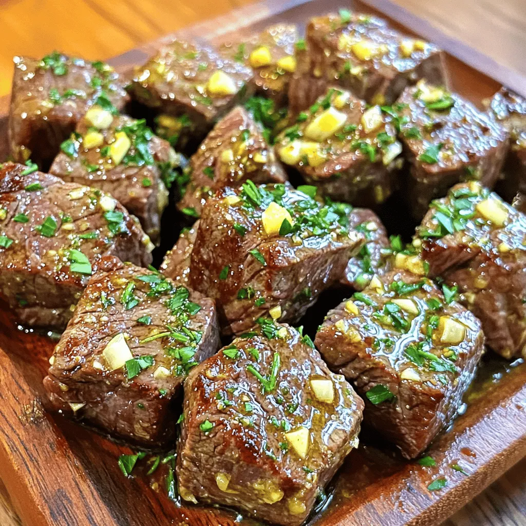 - 450 Gramm Sirloin-Steak, in mundgerechte Würfel geschnitten - 4 Esslöffel ungesalzene Butter - 4 Knoblauchzehen, fein gehackt - 1 Teelöffel frischer Rosmarin, gehackt - 1 Teelöffel frischer Thymian, gehackt - Salz und Pfeffer nach Geschmack - 1 Esslöffel Olivenöl - 1 Esslöffel Sojasauce - Frische Petersilie, gehackt, zum Garnieren Um die besten Steakbissen zuzubereiten, wählen Sie frische, hochwertige Zutaten. Das Sirloin-Steak sorgt für einen tollen Geschmack und eine zarte Textur. Die ungesalzene Butter gibt den Steakbissen die perfekte Reichhaltigkeit. Knoblauch bringt eine starke Note, die ein echter Genuss ist. Die Kräuter wie Rosmarin und Thymian verleihen dem Gericht Frische und Tiefe. Salz und Pfeffer sind wichtig, um den Geschmack zu heben. Wenn Sie es etwas würziger mögen, fügen Sie die optionale Sojasauce hinzu. Olivenöl ist hilfreich, um die Butter zu ergänzen und die Steakbissen beim Braten nicht ankleben zu lassen. Frische Petersilie als Garnitur sieht nicht nur gut aus, sondern gibt auch einen zusätzlichen Geschmack. Wenn Sie das Rezept weiter anpassen möchten, denken Sie an verschiedene Gewürze oder Kräuter, die Ihnen gefallen. Für das vollständige Rezept schauen Sie sich die Anleitung an. Zuerst tupfen Sie die Steakwürfel mit Papiertüchern trocken. Das hilft, eine schöne Kruste zu bekommen. Nach dem Tupfen würzen Sie die Würfel großzügig mit Salz und Pfeffer. Stellen Sie alle Zutaten bereit, um den Kochprozess reibungslos zu gestalten. So haben Sie alles griffbereit und sparen Zeit. Erhitzen Sie in einer großen Pfanne das Olivenöl bei mittlerer bis hoher Hitze. Wenn das Öl heiß ist, fügen Sie die gewürzten Steakbissen in einer einzigen Schicht hinzu. Überladen Sie die Pfanne nicht. Braten Sie die Stücke etwa 2-3 Minuten auf einer Seite an, bis sie schön gebräunt sind. Drehen Sie die Steakbissen um und braten Sie sie weitere 2-3 Minuten. Passen Sie die Garzeiten an, um die gewünschte Garstufe zu erreichen. Nehmen Sie die gebratenen Steakbissen aus der Pfanne und legen Sie sie auf einen Teller. Reduzieren Sie die Hitze auf mittlere Stufe und fügen Sie die Butter in die gleiche Pfanne. Lassen Sie sie schmelzen und rühren Sie den gehackten Knoblauch, Rosmarin und Thymian ein. Sautieren Sie die Mischung für 1-2 Minuten. Achten Sie darauf, den Knoblauch nicht zu verbrennen. Geben Sie die Steakbissen zurück in die Pfanne und träufeln Sie die Sojasauce darüber. Wenden Sie die Bissen, sodass sie gut mit der Knoblauchbuttersauce überzogen sind. Lassen Sie alles eine Minute kochen, damit sich die Aromen verbinden. Um das perfekte Steak zu bekommen, ist die Garzeit wichtig. Für medium-rare braten Sie das Steak etwa 2-3 Minuten pro Seite. Wenn Sie Ihr Steak lieber durchgegart mögen, erhöhen Sie die Zeit um 1-2 Minuten. Ein Fleischthermometer hilft hier sehr. Bei 57 Grad Celsius ist Ihr Steak ideal. So erreichen Sie das beste Ergebnis. Um den Geschmack zu verbessern, können Sie verschiedene Gewürze hinzufügen. Ein Hauch von Paprika oder Kreuzkümmel kann einen neuen Kick geben. Frisch gehackte Kräuter sind auch wichtig. Sie bringen eine frische Note und mehr Aroma. Rosmarin und Thymian passen perfekt zu Steak. Die Präsentation macht viel aus. Servieren Sie die Steakbissen auf einem rustikalen Holzbrett. Das sieht schön aus. Alternativ können kleine Schalen verwendet werden. Garnieren Sie mit frischer Petersilie für einen Farbtupfer. Stellen Sie Zahnstocher bereit, damit das Essen leichter fällt. Beilagen wie ein frischer Salat oder knuspriges Brot runden das Gericht ab. {{image_4}} Wenn Sie die Steakbissen anders gestalten möchten, probieren Sie Hühnchen oder Schweinefleisch. Diese Fleischsorten sind saftig und nehmen die Aromen der Knoblauchbutter gut auf. Für eine gesunde Option können Sie Tofu verwenden. Tofu ist vielseitig und kann gut gewürzt werden. Achten Sie darauf, den Tofu gut zu pressen, um überschüssige Flüssigkeit zu entfernen. So wird er knuspriger und nimmt die Aromen besser auf. Experimentieren Sie mit verschiedenen Kräutern und Gewürzen. Frischer Thymian und Rosmarin sind großartig, aber auch Oregano oder Paprika können interessant sein. Für einen scharfen Kick fügen Sie etwas Chili oder Cayennepfeffer hinzu. Diese Gewürze bringen mehr Tiefe in das Gericht. Sie können auch eine Marinade verwenden, um das Fleisch vor dem Braten zu würzen. Kombinieren Sie die Steakbissen mit verschiedenen Beilagen. Ein frischer Salat oder geröstetes Gemüse passen gut dazu. Sie können auch verschiedene Saucen ausprobieren. Eine cremige Knoblauchsoße oder eine würzige BBQ-Sauce ergänzen die Aromen. Denken Sie daran, die Zutaten gut anzupassen, um ein ausgewogenes und leckeres Gericht zu kreieren. Um die herzhafte Steakbissen in Knoblauchbutter frisch zu halten, lagere sie im Kühlschrank. Verwende dafür einen luftdichten Behälter. Das schützt vor Gerüchen und hält die Bissen saftig. Stelle sicher, dass die Bissen vollständig abgekühlt sind, bevor du sie einpackst. So bleibt die Qualität besser erhalten. Wenn du die Steakbissen länger aufbewahren möchtest, kannst du sie einfrieren. Lege die abgekühlten Bissen in einen gefrierfesten Beutel. Drücke die Luft heraus, um Gefrierbrand zu vermeiden. Du kannst sie bis zu drei Monate einfrieren. Zum Aufwärmen nimm die Bissen aus dem Gefrierfach und lasse sie über Nacht im Kühlschrank auftauen. Dann erhitze sie in einer Pfanne bei mittlerer Hitze, bis sie warm sind. Im Kühlschrank halten sich die Steakbissen etwa drei bis vier Tage. Im Gefrierschrank können sie bis zu drei Monate bleiben. Um zu prüfen, ob die Bissen noch gut sind, rieche daran. Wenn sie unangenehm riechen oder die Farbe sich verändert hat, wirf sie weg. So sorgst du dafür, dass du immer frisch und lecker isst. Die Zubereitung der Steakbissen dauert nur 20 Minuten. - Vorbereitungszeit: 10 Minuten - Kochzeit: 10 Minuten - Gesamtzeit: 20 Minuten Ja, Sie können die Steakbissen auch im Ofen zubereiten. - Heizen Sie den Ofen auf 200 Grad Celsius vor. - Braten Sie die Steakbissen in einer Pfanne an, bis sie braun sind. - Legen Sie sie dann auf ein Backblech und garen Sie sie 5-7 Minuten im Ofen. Zu Steakbissen passen viele Beilagen und Salate. - Ein frischer grüner Salat ist immer eine gute Wahl. - Gebratene Zucchini oder Paprika ergänzen den Geschmack. - Servieren Sie die Bissen mit Reis oder Kartoffeln. Ja, das Rezept kann glutenfrei sein. - Achten Sie darauf, glutenfreie Sojasauce zu verwenden. - Alle anderen Zutaten sind von Natur aus glutenfrei. Die Zutaten für die Steakbissen sind einfach, aber schmackhaft. Wir haben die Hauptzutaten, Gewürze und optionale Zutaten besprochen. Zudem habe ich dir Schritt für Schritt gezeigt, wie du sie zubereitest. Tipps zur perfekten Zubereitung und Variationen machen das Gericht vielseitig. Auch die Lagerung und Haltbarkeit sind wichtig. Du kannst die Steakbissen einfach anpassen und vielseitig servieren. Experimentiere mit neuer Aromen und genieße dein köstliches Ergebnis!