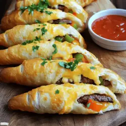 - 1 Dose gekühlter Pizzateig - 1 Tasse dünn geschnittenes Rindfleisch - 1 Tasse Paprika (gemischte Farben), dünn geschnitten - 1/2 Tasse Zwiebel, dünn geschnitten - 1 Tasse Provolone-Käse, gerieben - 1/2 Tasse Frischkäse, weich - 2 Esslöffel Olivenöl - 1 Teelöffel Knoblauchpulver - 1/2 Teelöffel geräucherter Paprika - Salz und Pfeffer nach Geschmack Um die besten Philly Cheesesteak gefüllten Käsestangen zu machen, sind frische Zutaten wichtig. Ich benutze oft gekühlten Pizzateig, da er schnell und einfach zu verarbeiten ist. Das dünn geschnittene Rindfleisch verleiht jedem Bissen Geschmack. Paprika in verschiedenen Farben macht das Gericht bunt und appetitlich. Ich mag, wie die Zwiebeln die Süße bringen, während der Provolone-Käse für die nötige Cremigkeit sorgt. Die Gewürze sind der Schlüssel zu einem tollen Geschmack. Olivenöl bringt die Aromen zusammen, und das Knoblauchpulver gibt einen guten Kick. Geräucherter Paprika fügt einen rauchigen Geschmack hinzu, der perfekt passt. Ich empfehle, beim Würzen nach Geschmack zu arbeiten, um die richtige Balance zu finden. Wenn du das vollständige Rezept sehen möchtest, schau dir bitte die [Full Recipe] an. Heize zuerst deinen Ofen auf 220°C (425°F) vor. Lege ein Backblech mit Backpapier aus. Das hilft, die Käsestangen nicht anzuhaften. Erhitze dann das Olivenöl in einer Pfanne bei mittlerer Hitze. Füge das dünn geschnittene Rindfleisch hinzu. Würze es mit Salz, Pfeffer, Knoblauchpulver und geräucherter Paprika. Brate das Fleisch etwa 3-4 Minuten, bis es leicht bräunt. Dann gib die Zwiebeln und Paprika hinzu. Koche alles für weitere 2-3 Minuten, bis das Gemüse zart ist. Nimm die Pfanne vom Herd und stelle die Mischung beiseite. Rolle den gekühlten Pizzateig auf einer bemehlten Fläche aus. Mach ihn etwa 0,5 cm dick. Schneide den Teig in Rechtecke, die etwa 7,5 x 12,5 cm groß sind. Diese Größe passt perfekt für die Füllung. Platziere einen Klecks Frischkäse in der Mitte jedes Rechtecks. Füge eine Portion der Steak- und Gemüsemischung hinzu. Bestreue jede Füllung mit Provolone-Käse. Klappe dann die Seiten des Teigs über die Füllung. Drücke sie gut zusammen, damit sie hält. Nutze eine Gabel, um die Ränder zu rillen und eine gute Versiegelung zu schaffen. Lege die gefüllten Käsestangen auf das vorbereitete Backblech. Bestreiche die Oberseiten mit etwas Olivenöl. Backe sie im vorgeheizten Ofen für 12-15 Minuten, bis sie goldbraun sind. Um die besten Käsestangen zu machen, achte auf die Steak-Mischung. Brate das Rindfleisch gut an. Du willst, dass es schön braun und zart ist. Das gibt den Käsestangen viel Geschmack. Koche die Zwiebeln und Paprika bis sie weich sind. So verbinden sich die Aromen gut. Wenn du den Teig verschließt, sei vorsichtig. Klappe die Seiten gut über die Füllung. Drücke sie fest zusammen. Das hilft, die Füllung im Inneren zu halten. Die Gabel macht die Ränder schön. Das sorgt für eine tolle Aussehen. Die Anrichtung ist wichtig. Lege die Käsestangen auf ein Holzbrett. Arrangiere sie in Fächerform. Das sieht einladend aus. Stelle eine kleine Schüssel mit Marinara-Sauce dazu. So können die Gäste dippen. Denk auch an Beilagen. Ein frischer Salat passt gut. Oder serviere knusprige Pommes. Diese Kombination macht das Essen noch besser. Du kannst die Käsestangen anpassen. Probiere verschiedene Käsesorten aus. Mozzarella oder Cheddar geben einen anderen Geschmack. Für mehr Farbe und Geschmack kannst du Gemüse hinzufügen. Spinat oder Pilze sind tolle Optionen. Sie machen die Füllung noch interessanter. So kann jeder seine eigenen Vorlieben einbringen. {{image_4}} Du kannst bei diesem Rezept kreativ sein. Statt Rindfleisch kannst du Hühnchen verwenden. Das zarte Hühnchen passt gut zu Käse und Gemüse. Du kannst auch Schweinefleisch nehmen, wenn du es magst. Für eine fleischlose Option probiere Tofu oder Tempeh. Diese Alternativen sind lecker und füllen gut. So schaffst du eine Variation, die für jeden Geschmack geeignet ist. Wenn du Gluten meiden musst, ist das kein Problem. Du kannst glutenfreien Pizzateig verwenden. Viele Marken bieten diesen an. Achte darauf, dass der Teig gut schmeckt. So bleibt der Genuss der Käsestangen erhalten. Glutenfreier Teig hat oft andere Texturen, aber die Füllung bleibt gleich. Du wirst den Unterschied kaum merken. Wenn du es schärfer magst, füge scharfe Paprika hinzu. Diese bringen viel Geschmack in die Käsestangen. Du kannst auch Salsa verwenden, um mehr Würze zu bekommen. Diese Zutaten machen die Käsestangen aufregender und schmackhafter. Experimentiere mit verschiedenen Schärfegraden, um deinen perfekten Biss zu finden. Es macht Spaß, mit Aromen zu spielen und neue Kombinationen zu entdecken. Die Reste der Philly Cheesesteak gefüllten Käsestangen sind einfach zu lagern. Ich empfehle, sie in einem luftdichten Behälter im Kühlschrank aufzubewahren. So bleiben sie frisch und lecker. Sie sollten die Käsestangen innerhalb von drei Tagen essen. Achten Sie darauf, sie vor dem Lagern gut abkühlen zu lassen. Um die Käsestangen einzufrieren, lasse sie zuerst abkühlen. Lege sie dann in einen gefrierfesten Behälter oder in einen Gefrierbeutel. Trenne die Käsestangen mit Backpapier, damit sie nicht zusammenkleben. So bleiben sie frisch bis zu drei Monate. Wenn du bereit bist, sie zu essen, nimm sie einfach aus dem Gefrierschrank. Die besten Methoden zum Wiedererwärmen sind einfach. Du kannst sie im Ofen auf 180°C für etwa 10 Minuten aufwärmen. Dadurch wird der Teig wieder knusprig. Eine andere Möglichkeit ist die Mikrowelle. Erwärme sie dort für 30 Sekunden bis 1 Minute. Beachte, dass sie so weicher werden. Die Zubereitung der Philly Cheesesteak gefüllten Käsestangen dauert insgesamt 30 Minuten. Die Vorbereitungszeit beträgt etwa 15 Minuten. Das Kochen und Backen benötigt weitere 15 Minuten. So hast du schnell einen leckeren Snack oder ein tolles Abendessen. Ja, du kannst die Käsestangen im Voraus zubereiten! Bereite die Füllung und den Teig vor. Fülle die Käsestangen und verschließe sie. Du kannst sie dann im Kühlschrank aufbewahren. Backe sie einfach direkt vor dem Servieren, damit sie frisch und warm sind. Für die besten Zutaten gehe zu einem lokalen Metzger für frisches Rindfleisch. Supermärkte bieten oft auch eine gute Auswahl an Gemüse und Käse. Du kannst auch online suchen. Websites wie Amazon oder lokale Lebensmittel-Lieferdienste haben oft frische Produkte. Ja, du kannst vegane Alternativen verwenden. Nutze pflanzliches Hackfleisch anstelle von Rindfleisch. Ersetze den Käse durch veganen Käse. Frischkäse kann durch vegane Frischkäse-Optionen ersetzt werden. So bleibt das Rezept lecker und komplett pflanzlich. Du kannst das vollständige Rezept für Philly Cheesesteak gefüllte Käsestangen [hier](#). Dieses Rezept bietet dir alle Schritte und Tipps, die du brauchst, um sie perfekt zu machen. Die Zubereitung der Philly Cheesesteak gefüllten Käsestangen ist einfach und macht Spaß. Wir haben die Hauptzutaten wie Rindfleisch, Paprika und Käse gesehen. Zudem gab es Tipps für perfekte Käsestangen sowie Variationen. Egal, ob du Fleisch oder Gemüse magst, es gibt Optionen für jeden Geschmack. Die Herstellung dieser Käsestangen bringt Freude und Genuss an jeden Tisch. Probiere es aus und entdecke deine eigene Lieblingsversion!
