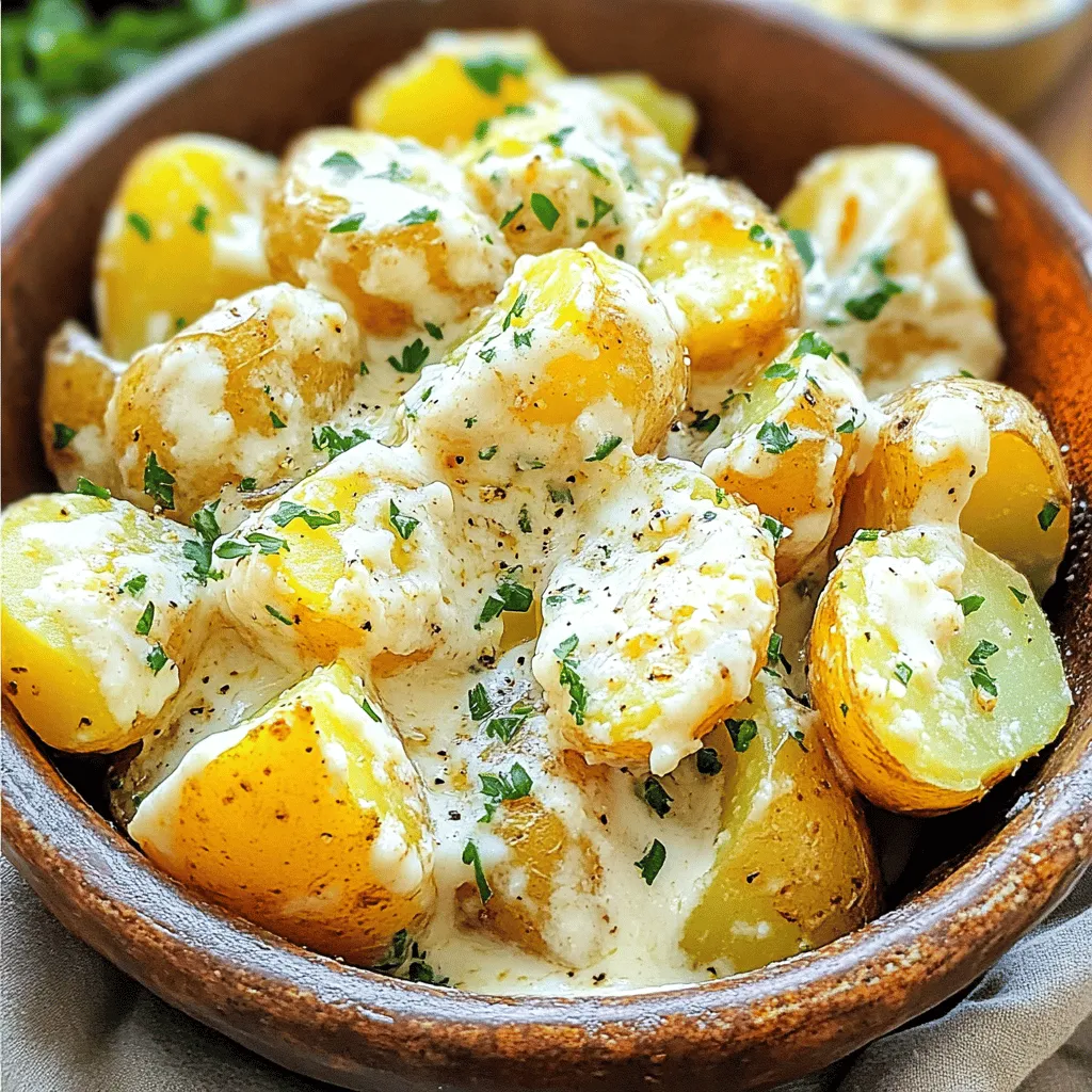 - 450 g Baby-Kartoffeln, gewaschen - 4 Knoblauchzehen, fein gehackt - 240 ml Schlagsahne - 50 g geriebener Parmesan - 2 Esslöffel Butter - 1 Teelöffel getrockneter Thymian - Salz und Pfeffer nach Geschmack - Frisch gehackte Petersilie zum Garnieren Um dieses Gericht zu machen, beginne mit den Hauptzutaten. Die Baby-Kartoffeln sind klein und haben eine zarte Textur. Sie kochen schnell und halten ihren Geschmack gut. Der Knoblauch bringt ein starkes Aroma und die Schlagsahne macht die Soße cremig und reichhaltig. Parmesan fügt Tiefe und einen leicht salzigen Geschmack hinzu. Bei den Gewürzen und Extras verwende ich Butter, um den Knoblauch anzubraten. Dies bringt die Aromen hervor. Der getrocknete Thymian gibt der Soße eine frische Note. Salz und Pfeffer sind wichtig, um das Gericht abzurunden. Die frisch gehackte Petersilie sorgt für Farbe und Frische beim Servieren. Jede Zutat spielt eine Rolle in der Gesamtwirkung des Gerichts. Die Kombination schafft ein einfaches, leckeres Essen, das jeder genießen kann. - In einem großen Topf gesalzenes Wasser zum Kochen bringen. - Baby-Kartoffeln hinzufügen und kochen, bis sie gar sind. Ich empfehle, die Kartoffeln etwa 15 Minuten zu kochen. Sie sollten weich sein, wenn Sie sie mit einer Gabel prüfen. Nach dem Kochen lassen Sie sie gut abtropfen. - Butter in einer Pfanne schmelzen und Knoblauch anbraten. - Sahne hinzufügen und eindicken lassen. In einer großen Pfanne schmelze ich die Butter bei mittlerer Hitze. Dann gebe ich den fein gehackten Knoblauch dazu. Nach ein bis zwei Minuten sollte der Knoblauch aromatisch sein, aber nicht braun. Jetzt kommt die Sahne. Ich lasse die Mischung für zwei bis drei Minuten köcheln, bis sie leicht eindickt. - Parmesan und Thymian einarbeiten. - Gekochte Kartoffeln in die Soße geben und vermengen. Sobald die Soße die richtige Konsistenz hat, rühre ich den geriebenen Parmesan und den getrockneten Thymian ein. Der Käse schmilzt und macht die Soße cremig. Dann gebe ich die gekochten Kartoffeln in die Pfanne. Ich vermenge sie vorsichtig, bis sie gleichmäßig bedeckt sind. Erhitzen Sie sie noch zwei bis drei Minuten, bis sie warm sind. - Die optimale Kochzeit für Baby-Kartoffeln ist etwa 15 Minuten. - Um die Garstufe zu prüfen, stechen Sie mit einer Gabel hinein. - Um die Soße cremiger zu machen, rühren Sie mehr Sahne ein. - Alternativen zu Parmesan sind Pecorino oder Feta-Käse. - Servieren Sie die Knoblauch-Kartoffeln in einer schönen Schüssel. - Kombinieren Sie die Kartoffeln mit einem grünen Salat für eine komplette Mahlzeit. {{image_4}} Für eine glutenfreie Variante nutze einfach glutenfreie Zutaten. Achte darauf, dass die Sahne und der Parmesan keine glutenhaltigen Zusatzstoffe enthalten. So kannst du die cremige Knoblauchsoße ohne Bedenken genießen. Verwende frische Kräuter und Gewürze, um den Geschmack zu verstärken. Um das Rezept vegan zu machen, ersetze die Schlagsahne durch eine pflanzliche Sahne. Du kannst auch den Parmesan durch einen veganen Käse ersetzen. Für mehr Farbe und Nährstoffe füge Gemüse wie Brokkoli oder Paprika hinzu. Diese Gemüse sind lecker und machen dein Gericht noch gesünder. Du kannst mit verschiedenen Kräutern und Gewürzen experimentieren. Probiere frischen Basilikum, Oregano oder Rosmarin. Diese Kräuter bringen neue Geschmäcker in die Soße. Wenn du anderen Käse magst, füge Feta oder Gouda hinzu. Das gibt der Soße eine interessante Note und macht sie einzigartig. Nachdem Sie die leckeren Baby-Kartoffeln genossen haben, sollten Sie die Reste gut lagern. So bleiben sie frisch und schmackhaft. Legen Sie die Kartoffeln in einen luftdichten Behälter. Kühlen Sie sie im Kühlschrank. Sie halten sich dort bis zu drei Tage. Wenn Sie die Kartoffeln länger aufbewahren möchten, können Sie sie einfrieren. Achten Sie darauf, sie gut zu verpacken, um Frostbrand zu vermeiden. Nutzen Sie einen gefrierfesten Beutel oder Behälter. So halten sie sich bis zu drei Monate. Um die Kartoffeln wieder aufzuwärmen, gibt es einige gute Methoden. Die beste Methode ist, sie in einer Pfanne zu erhitzen. Fügen Sie ein wenig Wasser oder Brühe hinzu. Decken Sie die Pfanne ab, damit die Feuchtigkeit erhalten bleibt. Eine andere Möglichkeit ist die Mikrowelle. Geben Sie die Kartoffeln in eine Schüssel, die mikrowellengeeignet ist. Fügen Sie einen Spritzer Wasser hinzu und decken Sie die Schüssel ab. Erwärmen Sie sie in kurzen Intervallen, um Überhitzung zu vermeiden. Achten Sie darauf, dass die Soße nicht austrocknet. Fügen Sie bei Bedarf etwas Schlagsahne oder Wasser hinzu, während Sie die Kartoffeln erwärmen. So bleibt die Soße cremig und lecker. Baby-Kartoffeln brauchen etwa 15 Minuten. Der optimale Zeitrahmen ist, bis sie gar sind. Sie sollten mit einer Gabel leicht durchstochen werden. Achten Sie darauf, dass sie nicht zu weich werden. So bleiben sie fest und lecker. Ja, Sie können die Knoblauchsoße im Voraus machen. Kochen Sie die Soße und lassen Sie sie abkühlen. Bewahren Sie sie in einem luftdichten Behälter im Kühlschrank auf. Wenn Sie bereit sind, die Kartoffeln zu servieren, erwärmen Sie die Soße sanft in einer Pfanne. Das gibt ihr einen guten Geschmack. Ja, es gibt gute Alternativen. Sie können Kokoscreme verwenden, um eine cremige Textur zu erhalten. Auch pflanzliche Sahne ist eine gute Wahl. Beide Optionen machen die Soße lecker und weniger schwer. Das vollständige Rezept finden Sie im Artikel. Es zeigt Ihnen, wie man die perfekten Baby-Kartoffeln mit einer köstlichen Knoblauchsoße zubereitet. Die Zubereitung von einfachen, cremigen Knoblauch-Kartoffeln ist leicht und lecker. Wir haben die benötigten Zutaten, die Schritte zur Zubereitung und nützliche Tipps geteilt. Variationen wie glutenfreie und vegane Optionen bringen Abwechslung. Außerdem waren Lagerung und Wiedererwärmung wichtige Punkte. Jetzt bist du bereit, dieses Rezept auszuprobieren. Genieße die Kombination aus zarten Kartoffeln und cremiger Soße!