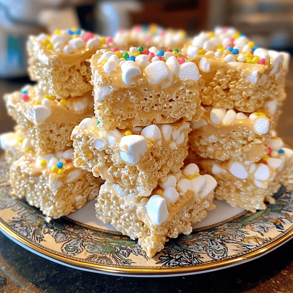 Um die besten Chewy Rice Krispies Treats zu machen, brauchst du einige Hauptzutaten. Diese Zutaten sind: - 6 Tassen Rice Krispies-Getreide - 4 Tassen Mini-Marshmallows - 3 Esslöffel ungesalzene Butter - 1 Teelöffel Vanilleextrakt - ½ Teelöffel Meersalz - ½ Tasse cremige Erdnussbutter Diese Zutaten geben den Leckereien ihre tolle Textur und Geschmack. Die Kombination von geschmolzenen Marshmallows und Butter sorgt für die perfekte Klebrigkeit. Du kannst deine Rice Krispies Treats mit einigen Extras aufpeppen. Hier sind einige optionale Zutaten: - ½ Tasse Schokoladenstückchen - ¼ Tasse bunte Streusel Die Schokoladenstückchen fügen einen süßen, schokoladigen Geschmack hinzu. Die bunten Streusel machen die Leckereien lustig und festlich. Du kannst sie nach Belieben verwenden! Die Auswahl der besten Zutaten ist wichtig. Hier sind einige Tipps: - Rice Krispies: Wähle frische, knusprige Reisflocken. Sie geben deinen Treats die richtige Konsistenz. - Mini-Marshmallows: Verwende hochwertige Mini-Marshmallows. Sie schmelzen gleichmäßig und machen die Mischung schön cremig. - Butter: Ungesalzene Butter ist ideal. So kannst du den Salzgeschmack besser kontrollieren. - Erdnussbutter: Nutze cremige Erdnussbutter für die beste Textur. Achte darauf, dass sie gut vermischt ist. Mit diesen Tipps und der richtigen Auswahl an Zutaten wird dein Rezept für Chewy Rice Krispies Treats gelingen. Folge dem Full Recipe für die Schritte zur Zubereitung! Um Chewy Rice Krispies Treats zu machen, benötigst du einige Utensilien. Hier ist, was du brauchst: - Großer Kochtopf - Holzlöffel oder Spatel - 9x13 Zoll große Backform - Kochspray oder Backpapier - Messbecher und Löffel Stelle sicher, dass alle Zutaten bereit sind. Messen hilft dir, alles schnell zu mixen. 1. Schmelze die Butter in einem großen Kochtopf bei niedriger Hitze. 2. Füge die Mini-Marshmallows hinzu, wenn die Butter geschmolzen ist. Rühre ständig, bis alles glatt ist. 3. Nimm den Topf vom Herd. Rühre den Vanilleextrakt und das Meersalz ein. 4. Gib die Erdnussbutter hinzu und vermische alles gut. 5. Füge nach und nach das Rice Krispies-Getreide hinzu und rühre sanft, bis es gleichmäßig beschichtet ist. 6. Wenn du magst, streue die Schokoladenstückchen und Streusel hinein und hebe sie vorsichtig unter. 7. Fette die Backform leicht ein oder lege sie mit Backpapier aus. 8. Gieße die Mischung in die Backform und drücke sie fest an. 9. Lass die Leckereien bei Zimmertemperatur etwa 30 Minuten abkühlen und schneide sie dann in Quadrate. Um die perfekte Chewy-Textur zu erreichen, achte auf folgende Punkte: - Schmelze die Marshmallows langsam, damit sie nicht anbrennen. - Drücke die Mischung in die Form, aber überdrücke sie nicht. Das sorgt für die richtige Konsistenz. - Lass die Leckereien vollständig abkühlen, bevor du sie schneidest. Das hilft, die Form zu halten. Mit diesen Schritten und Tipps bereitest du leckere Chewy Rice Krispies Treats ganz einfach zu. Für das vollständige Rezept schau dir die [Full Recipe] an. Um die Leckereien weich und chewy zu halten, ist der Umgang mit der Hitze wichtig. Schmelzen Sie die Butter und Marshmallows bei niedriger Hitze. Hohe Temperaturen machen die Mischung hart. Rühren Sie die Mischung gut, bis alles glatt ist. Lassen Sie die Mischung nicht zu lange kochen. Dies kann die Textur ändern. Fügen Sie einen Hauch von Erdnussbutter hinzu, um die Weichheit zu verbessern. So bleiben die Leckereien frisch und köstlich. Ein häufiger Fehler ist das Übermixen der Rice Krispies. Wenn Sie zu fest rühren, werden die Leckereien zäh. Ein anderer Fehler ist, die Mischung nicht richtig abzukühlen. Lassen Sie die Leckereien mindestens 30 Minuten an einem kühlen Ort stehen. Das hilft, die Form zu halten. Achten Sie darauf, die Backform gut einzufetten. Das macht das Herausnehmen später viel einfacher. Wenn Sie nach Alternativen suchen, können Sie Honig oder Agavendicksaft verwenden. Diese Süßstoffe machen die Leckereien ebenfalls süß und lecker. Für Fette können Sie Kokosöl ausprobieren. Kokosöl hat einen milden Geschmack und ist eine gesunde Wahl. Denken Sie daran, die Menge der alternativen Zutaten entsprechend anzupassen. So bleibt das Gleichgewicht der Aromen erhalten. {{image_4}} Es gibt viele Wege, Chewy Rice Krispies Treats zu variieren. Eine einfache Idee ist, Schokoladenstückchen hinzuzufügen. Diese schmelzen und geben einen tollen Geschmack. Auch Erdnussbutter macht die Leckereien lecker. Du kannst die Erdnussbutter leicht ersetzen, um einen anderen Geschmack zu bekommen. Nutze Mandelbutter oder Cashewbutter für neue Aromen. Eine weitere Möglichkeit ist, Nüsse oder Trockenfrüchte zu integrieren. Diese geben einen tollen Biss und Textur. Wenn du glutenfrei kochen möchtest, achte darauf, glutenfreies Rice Krispies-Getreide zu verwenden. Es gibt tolle Marken, die das anbieten. Für eine vegane Variante kannst du die Butter durch Kokosöl ersetzen. Benutze vegane Marshmallows, die in vielen Geschäften erhältlich sind. Diese Optionen machen dein Rezept für alle zugänglich und lecker. Die Art der Präsentation kann die Leckereien besonders machen. Staple die Stücke auf einem schönen Teller. Füge bunte Streusel hinzu, um sie festlich aussehen zu lassen. Du kannst die Treats auch in Cellophan einwickeln. Das macht sie zu tollen Geschenken oder Mitbringseln. Denke daran, sie in kleine quadratische Stücke zu schneiden. So sehen sie einladend und appetitlich aus. Um die Chewy Rice Krispies Treats frisch zu halten, bewahre sie in einem luftdichten Behälter auf. Dies hilft, ihre weiche Textur zu bewahren. Du kannst einen großen Behälter oder mehrere kleine verwenden. Lege ein Stück Wachspapier zwischen die Schichten, um ein Kleben zu verhindern. Du kannst die Leckereien bei Raumtemperatur aufbewahren. So bleiben sie weich und lecker. Wenn du sie im Kühlschrank lagerst, werden sie fester. Das macht sie aber nicht schlecht. Überlege, was dir besser gefällt. Für eine längere Haltbarkeit, lagere sie im Kühlschrank. Chewy Rice Krispies Treats halten sich etwa eine Woche. Wenn du Reste hast, schneide sie in kleinere Stücke. So kannst du sie leichter teilen oder verschenken. Du kannst sie auch in die Lunchbox deiner Kinder packen. Diese Leckereien sind perfekt für einen schnellen Snack. Chewy Rice Krispies Treats bleiben frisch für etwa eine Woche. Lagern Sie sie in einem luftdichten Behälter. So bleiben sie weich und chewy. Wenn Sie sie im Kühlschrank aufbewahren, können sie etwas länger halten. Aber sie können dann fester werden. Ja! Sie können viele Zutaten hinzufügen. Nüsse, Trockenfrüchte oder sogar Karamell passen gut. Achten Sie darauf, die Menge der anderen Zutaten auszugleichen. So bleibt die Textur perfekt. Experimentieren Sie mit verschiedenen Geschmäckern und finden Sie Ihre Lieblingskombination. Wenn Sie keine Marshmallows haben, können Sie auch andere Süßigkeiten verwenden. Einige Leute nutzen Karamell oder Honig. Diese Optionen geben den Treats eine andere Süße. Achten Sie darauf, die Menge anzupassen. Die Konsistenz kann sich ändern, also probieren Sie es aus! Für das vollständige Rezept und mehr Details, schauen Sie sich das Full Recipe an. Chewy Rice Krispies Treats sind einfach und lecker. Wir haben die besten Zutaten besprochen. Sie können viele Variationen ausprobieren, um den Geschmack zu ändern. Die Schritt-für-Schritt-Anleitung hilft Ihnen, die perfekte Konsistenz zu erreichen. Außerdem haben wir nützliche Tipps gegeben, um Fehler zu vermeiden. Denken Sie daran, wie wichtig die Aufbewahrung ist, damit Ihre Leckereien frisch bleiben. Genießen Sie die Zubereitung und probieren Sie neue Ideen aus! So wird jedes Stück zur Freude.