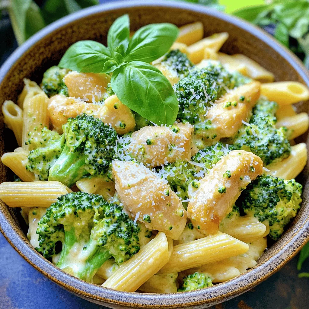 Um diese köstliche crema brokkoli chicken penne zu machen, brauchst du einige einfache Zutaten. Hier ist die Liste der Zutaten: - Penne-Nudeln - Brokkoli-Röschen - Hähnchenbrustfilet - Sahne und Parmesan-Käse - Gewürze und Öl Diese Zutaten sind leicht zu finden. Penne-Nudeln sind die perfekte Wahl für diese Sauce. Brokkoli bringt eine schöne Farbe und viele Nährstoffe. Hähnchen gibt dir Protein und macht das Gericht sättigend. Die Sahne und der Parmesan machen die Sauce cremig und reichhaltig. Achte darauf, frische Zutaten zu wählen. Das verbessert den Geschmack. Du kannst auch die Gewürze nach deinem Geschmack anpassen. Wenn du mehr Würze magst, probiere rote Paprikaflocken. Sie geben einen tollen Kick. Für das vollständige Rezept, schaue dir die Details im Full Recipe an. - Schritt 1: Wasser zum Kochen bringen. Nimm einen großen Topf und fülle ihn mit Wasser. Füge eine Prise Salz hinzu. - Schritt 2: Brokkoli hinzufügen. Koche die Penne-Nudeln nach Anleitung. In den letzten 3 Minuten den Brokkoli zu den Nudeln geben. - Schritt 1: Öl erhitzen. Nimm eine große Pfanne und erhitze das Olivenöl bei mittlerer Hitze. - Schritt 2: Hähnchen würzen und braten. Füge die gewürfelte Hähnchenbrust hinzu. Würze sie mit Salz, Pfeffer und italienischer Gewürzmischung. Brate das Hähnchen 5-7 Minuten, bis es goldbraun ist. - Schritt 1: Knoblauch anbraten. Nimm die gleiche Pfanne und füge den gehackten Knoblauch hinzu. Brate ihn etwa 30 Sekunden, bis er duftet. - Schritt 2: Sahne und Käse hinzufügen. Reduziere die Hitze und gieße die Sahne hinein. Rühre gut um und füge nach und nach den Parmesan hinzu, bis die Soße cremig ist. - Schritt 1: Hähnchen, Brokkoli und Nudeln kombinieren. Gib das Hähnchen, den Brokkoli und die Nudeln in die Soße. - Schritt 2: Abschmecken. Mische alles gut und schmecke die Mischung mit Salz, Pfeffer und optional mit roten Paprikaflocken ab. Um die beste Soße zu machen, benutze frische Sahne. Frische Sahne hat einen reicheren Geschmack. Sie sorgt für eine cremige Textur. Wenn du die Sahne in die Pfanne gibst, reduziere die Hitze. So verbrennt sie nicht. Rühre die Sahne langsam ein, um Klumpen zu vermeiden. Für die Käseschmelze ist frisch geriebener Parmesan die beste Wahl. Er schmilzt gut und gibt viel Geschmack. Füge den Käse Stück für Stück hinzu, während du rührst. So wird die Soße schön gleichmäßig. Um deine Brokkoli-Hühnchen-Penne schön zu präsentieren, benutze tiefe Schalen. Das sieht elegant aus und hebt die Farben hervor. Garniere das Gericht mit frischen Basilikumblättern. Ein wenig zusätzlicher Parmesan obendrauf macht es noch besser. Zu diesem Gericht passen tolle Beilagen. Ein einfacher grüner Salat bringt Frische. Auch knuspriges Brot ist eine gute Wahl. Es kann helfen, die leckere Soße aufzutunken. Für mehr Ideen schaue dir das [Full Recipe] an. {{image_4}} Wenn du eine vegetarische Variante möchtest, kannst du das Hähnchen durch Tofu ersetzen. Tofu hat eine tolle Textur und nimmt die Aromen gut auf. Du kannst ihn in Würfel schneiden und in der Pfanne anbraten, bis er goldbraun ist. Zusätzlich kannst du das Gericht mit mehr Gemüse anreichern. Zucchini, Spinat oder Paprika sind fantastische Optionen. Diese Gemüsesorten geben dem Gericht Farbe und Geschmack. Für eine scharfe Variante empfehle ich, rote Paprikaflocken hinzuzufügen. Sie bringen eine angenehme Schärfe ins Spiel. Ein halber Teelöffel reicht oft aus, um das Gericht spannend zu machen. Du kannst auch andere Gewürze ausprobieren. Wie wäre es mit Cayennepfeffer oder einer Prise Kreuzkümmel? Diese Gewürze geben dem Gericht einen ganz neuen Twist. Um die Reste deiner cremigen Brokkoli-Hühnchen-Penne frisch zu halten, lege sie in einen luftdichten Behälter. Stelle sicher, dass der Behälter gut verschlossen ist, um Luft und Feuchtigkeit fernzuhalten. Du kannst die Reste bis zu drei Tage im Kühlschrank aufbewahren. Wenn du die Reste aufwärmen möchtest, empfehle ich, sie in der Mikrowelle oder auf dem Herd zu erwärmen. Bei der Mikrowelle decke die Schüssel mit einem feuchten Tuch ab, damit die Nudeln nicht austrocknen. Auf dem Herd kannst du etwas Sahne oder Brühe hinzufügen, um die Soße wieder cremig zu machen. Die Haltbarkeit der Zutaten variiert. Frische Brokkoli-Röschen bleiben im Kühlschrank etwa 3 bis 5 Tage frisch. Hähnchenbrust sollte innerhalb von 1 bis 2 Tagen nach dem Kauf verwendet werden. Die Sahne hält sich in der Regel 1 bis 2 Wochen nach dem Öffnen. Wenn du die Penne-Nudeln nicht sofort verwendest, kannst du sie in einem trockenen, kühlen Ort lagern. Wenn du eine größere Menge vorbereitet hast, kannst du die Penne-Nudeln und das Hähnchen auch einfrieren. Achte darauf, die Mischung in einem gefrierfesten Behälter zu lagern. So bleiben sie bis zu 3 Monate genießbar. Denke daran, beim Auftauen das Gericht langsam im Kühlschrank auftauen zu lassen, um die beste Textur zu erhalten. Die gesamte Zubereitungs- und Kochzeit beträgt etwa 30 Minuten. Die Vorbereitungszeit ist 15 Minuten. Während dieser Zeit schneiden Sie das Gemüse und würzen das Hühnchen. Das Kochen der Penne und des Brokkolis dauert nur wenige Minuten. In der Pfanne braten Sie das Hühnchen für 5 bis 7 Minuten an. Die Soße ist schnell gemacht. In weniger als 10 Minuten haben Sie alles fertig. Ja, Sie können die Pasta im Voraus zubereiten. Kochen Sie die Penne und den Brokkoli. Lassen Sie sie abkühlen und lagern Sie sie im Kühlschrank. Wenn Sie bereit sind zu essen, erhitzen Sie sie in einer Pfanne mit der Soße. Dies spart Zeit und macht das Essen schneller fertig. Zu cremiger Brokkoli-Hühnchen-Penne passen viele Beilagen. Ein frischer grüner Salat ist eine gute Wahl. Auch ein leichtes Knoblauchbrot passt gut dazu. Wenn Sie etwas mehr möchten, versuchen Sie gegrilltes Gemüse. Diese Beilagen ergänzen das Gericht gut und bringen Abwechslung. Das vollständige Rezept für cremige Brokkoli-Hühnchen-Penne finden Sie im Abschnitt „Full Recipe“. Dort sind alle Schritte und Zutaten aufgelistet, damit Sie das Gericht leicht nachkochen können. Dieses Gericht aus Penne, Brokkoli und Hähnchen ist einfach zuzubereiten. Wir haben die Zutaten, die Schritte und nützliche Tipps besprochen. Du hast auch Optionen gesehen, wie man das Rezept anpassen kann. Denke daran, Reste richtig aufzubewahren, um den Geschmack zu bewahren. Probiere die verschiedenen Varianten aus und finde deinen Favoriten. Mit ein wenig Übung wirst du schnell ein kleines Meisterwerk in der Küche schaffen!