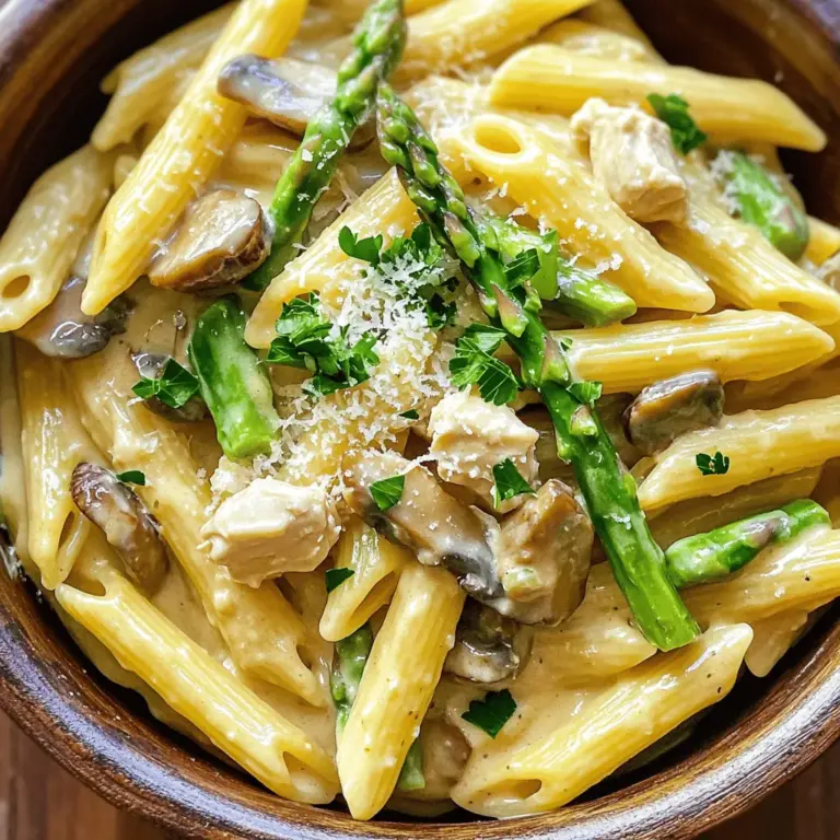 - 250 g Penne-Nudeln - 2 Hähnchenbrustfilets - 250 g Spargel - 250 g Champignons - 240 ml Schlagsahne - 50 g Parmesan - 2 Knoblauchzehen - Olivenöl, Salz und Pfeffer - Frische Petersilie Für dieses Rezept benötigst du frische und hochwertige Zutaten. Die Penne-Nudeln sind die perfekte Grundlage. Sie nehmen die cremige Sauce gut auf. Wähle für das Hühnchen saftige Hähnchenbrustfilets. Diese geben dem Gericht viel Geschmack. Der Spargel bringt eine knackige Textur mit. Champignons fügen eine erdige Note hinzu. Die Schlagsahne macht die Sauce schön cremig. Parmesan sorgt für den herzhaften Geschmack, den wir lieben. Knoblauch bringt zusätzliches Aroma. Ich empfehle, frisches Olivenöl zu verwenden. Es verleiht dem Gericht einen feinen Geschmack. Vergiss nicht, mit Salz und Pfeffer abzuschmecken. Für die Garnierung verwende frische Petersilie. Sie bringt Farbe und einen frischen Geschmack. Diese Zutaten machen das Gericht zu einer echten Köstlichkeit. Wenn du mehr Details zur Zubereitung möchtest, schau dir das Full Recipe an. Um die Penne-Nudeln perfekt zu kochen, nimm einen großen Topf. Fülle ihn mit gesalzenem Wasser und bringe es zum Kochen. Füge die Penne-Nudeln hinzu. Koche sie laut den Anweisungen auf der Verpackung, bis sie al dente sind. Das bedeutet, sie sollten bissfest sein. Danach gieße die Nudeln ab und stelle sie beiseite. Ein kleiner Tipp: Das Wasser sollte sprudelnd kochen, bevor du die Nudeln hinzufügst. So bleibt die Konsistenz besser. Erhitze das Olivenöl in einer großen Pfanne bei mittlerer Hitze. Gib die gewürfelten Hähnchenbrustfilets in die Pfanne. Würze das Hühnchen mit Salz und Pfeffer. Koche es für etwa 5 bis 7 Minuten. Das Hühnchen sollte goldbraun und durchgegart sein. Dann nimm es aus der Pfanne und lege es beiseite. Achte darauf, dass das Hühnchen nicht zu lange brät, sonst wird es trocken. In derselben Pfanne fügst du den gehackten Knoblauch hinzu. Brate ihn etwa eine Minute an, bis er duftet. Dann kommen die geschnittenen Champignons und die Spargelstücke dazu. Rühre alles gut um. Koche das Gemüse für 3 bis 4 Minuten. Die Champignons sollten zart, und der Spargel leuchtend grün sein. Das Anbraten des Knoblauchs bringt viel Geschmack. Senke die Hitze und gieße die Schlagsahne in die Pfanne. Lass die Mischung sanft köcheln. Rühre dann den frisch geriebenen Parmesan ein, bis er schmilzt. Die Sauce wird cremig und lecker. Schmecke alles mit Salz und Pfeffer ab. Wenn du einen besonderen Kick magst, kannst du auch etwas Muskatnuss hinzufügen. Gib das angebratene Hühnchen zurück in die Pfanne. Füge die abgetropften Penne-Nudeln hinzu. Mische alles vorsichtig, damit die Nudeln gut mit der cremigen Sauce überzogen sind. Achte darauf, die Temperatur nicht zu hoch zu stellen, damit nichts anbrennt. Das Vermengen sorgt dafür, dass alle Aromen gut zusammenkommen. Serviere das Hühnchen-Penne in schönen Schalen. Garniere das Gericht mit frisch gehackter Petersilie. Das bringt Farbe und Geschmack. Ein zusätzlicher Tipp: Du kannst auch etwas geriebenen Parmesan obendrauf streuen. Ein Zitronenschnitz an der Seite fügt einen frischen Geschmack hinzu. Für die vollständige Zubereitung schaue dir das [Full Recipe] an. Um die Sauce perfekt cremig zu machen, achte auf die Schlagsahne. Wenn du sie magst, kannst du mehr verwenden. Für eine leichtere Option nimm Joghurt oder Frischkäse. Diese Alternativen geben dir eine ähnliche Cremigkeit. Gewürze sind der Schlüssel zur Geschmacksverbesserung. Probiere Thymian oder Oregano für ein frisches Aroma. Eine Prise Muskatnuss kann der Sauce Tiefe verleihen. Hast du Lust auf etwas Schärfe? Füge rote Pfefferflocken hinzu. Diese kleinen Extras machen einen großen Unterschied. Wenn du neu in der Küche bist, starte einfach. Lerne die Grundlagen. Schneide das Gemüse klein, damit es gleichmäßig kocht. Achte darauf, das Hühnchen gut zu würzen. Vermeide es, die Hitze zu hoch einzustellen, sonst wird das Essen schnell anbrennen. Ein häufiger Fehler ist, die Pasta zu lange zu kochen. Sie sollte al dente sein, also noch einen kleinen Biss haben. Wenn du all diese Tipps befolgst, wird dein cremiges Pilz- und Spargel-Hühnchen-Penne sicher lecker! Schau dir auch das [Full Recipe] an, um alles im Detail zu sehen. {{image_4}} Um das Hühnchen in diesem Gericht zu ersetzen, nutzen Sie Tofu. Tofu hat eine tolle Textur und nimmt gut den Geschmack auf. Schneiden Sie den Tofu in Würfel und braten Sie ihn goldbraun an. Dadurch wird er knusprig und lecker. Für vegane Alternativen verwenden Sie Pflanzenmilch und einen veganen Käse. Diese Optionen machen das Gericht für jeden zugänglich. Fügen Sie zusätzliches Gemüse hinzu, um mehr Farben und Nährstoffe zu erhalten. Brokkoli, Erbsen oder Paprika passen gut. Diese Gemüsesorten bringen frische Aromen und sind einfach zu finden. Saisonale Zutaten wie Zucchini oder Kürbis bieten Abwechslung und Geschmack. Experimentieren Sie mit verschiedenen Kombinationen, um Ihr Gericht zu personalisieren. Verwenden Sie andere Pasta-Sorten, um Abwechslung zu schaffen. Fusilli oder Farfalle sind tolle Alternativen zu Penne. Für eine glutenfreie Option probieren Sie Linsen- oder Kichererbsennudeln. Diese Nudeln sind nahrhaft und lecker. Achten Sie darauf, die Kochzeiten entsprechend anzupassen. So bleibt Ihr Gericht perfekt und schmackhaft. Für das komplette Rezept, schauen Sie sich den [Full Recipe](#) an. Lagern Sie die Reste in einem luftdichten Behälter. Lassen Sie das Gericht zuerst abkühlen. Im Kühlschrank bleibt es bis zu drei Tage frisch. Achten Sie darauf, dass die Reste gut verschlossen sind, um Gerüche zu vermeiden. Um das Gericht aufzuwärmen, nutzen Sie eine Pfanne oder die Mikrowelle. Bei der Pfanne, erhitzen Sie es bei mittlerer Hitze. Fügen Sie etwas Wasser oder Brühe hinzu, um die Sauce nicht zu trocken werden zu lassen. In der Mikrowelle, benutzen Sie eine Abdeckung für gleichmäßiges Erwärmen. Rühren Sie das Gericht alle 30 Sekunden um. Um die Reste einzufrieren, teilen Sie das Gericht in Portionen auf. Nutzen Sie gefriergeeignete Behälter oder Beutel. Entfernen Sie die Luft, um Gefrierbrand zu vermeiden. Zum Auftauen lassen Sie das Gericht über Nacht im Kühlschrank. So bleibt der Geschmack und die Qualität erhalten. Die Zubereitung dauert insgesamt etwa 30 Minuten. Die Vorbereitungszeit beträgt 10 Minuten. Die Kochzeit für das Hühnchen und das Gemüse liegt bei etwa 10 Minuten. Die Pasta benötigt normalerweise 10 bis 12 Minuten, um al dente zu werden. Ja, Sie können das Gericht im Voraus zubereiten. Kochen Sie die Pasta und das Hühnchen und stellen Sie beides beiseite. Bereiten Sie die Sauce und das Gemüse separat vor. Lagern Sie alles in luftdichten Behältern im Kühlschrank. So bleibt der Geschmack frisch. Zu diesem Gericht passen frische Salate gut. Ein einfacher grüner Salat oder ein Caesar-Salat sind tolle Optionen. Auch ein Stück knuspriges Baguette schmeckt hervorragend dazu. Ja, Sie können das Hühnchen durch Tofu ersetzen, um es vegetarisch zu machen. Auch andere Gemüsesorten wie Brokkoli oder Zucchini passen gut. Sie können die Pasta auch durch glutenfreie Varianten austauschen, wenn nötig. Um die Sauce vegan zu machen, ersetzen Sie die Schlagsahne durch pflanzliche Sahne. Kokosnusscreme oder Cashewcreme sind gute Alternativen. Verwenden Sie einen veganen Käse anstelle von Parmesan für den Geschmack. Das Rezept für cremiges Pilz- und Spargel-Hühnchen-Penne ist einfach und lecker. Du hast gelernt, welche Haupt- und weitere Zutaten nötig sind. Die Schritt-für-Schritt-Anleitung hilft dir beim Kochen. Das Gericht kann leicht variiert werden, um deinen Geschmack zu treffen. Auch Tipps zur Lagerung und Aufwärmung sind hilfreich. Jeder kann dieses Gericht genießen, egal ob Fleischesser oder Vegetarier. Probiere es bald aus und bringe Abwechslung in deine Küche!