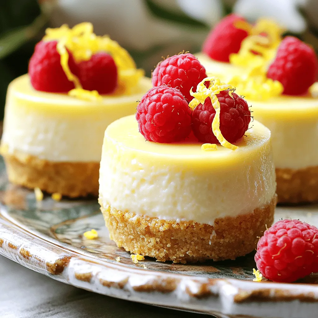 Diese kleinen Leckerbissen sind einfach und frisch. Hier sind die Hauptzutaten: - 250 g Graham Cracker Krümel - 60 g ungesalzene Butter, geschmolzen - 30 g Zucker - 450 g Frischkäse, weich - 125 g Puderzucker - 2 große Eier - 60 ml frischer Zitronensaft - Abgeriebene Schale von 1 Zitrone - 1 Teelöffel Vanilleextrakt - Frische Himbeeren oder Zitronenscheiben zur Dekoration (optional) Die trockenen Zutaten sind wichtig für den Geschmack und die Textur. - Graham Cracker Krümel: Sie bilden die Basis der Cheesecake-Kruste. Ihre Krümel geben einen süßen und knusprigen Biss. - Zucker: Er süßt die Kruste und gibt Geschmack. Der Zucker hilft auch, die Kruste zu binden. Frische Zutaten machen den Cheesecake lebendig und lecker. - Frischkäse: Er ist die Hauptzutat. Er sorgt für die cremige Konsistenz. - Eier: Sie geben Struktur und helfen, alles zusammenzuhalten. - Zitronensaft und Zitronenschale: Diese beiden Zutaten machen den Cheesecake frisch und spritzig. - Vanilleextrakt: Er fügt eine warme, süße Note hinzu. Die Kombination dieser Zutaten macht die Mini Zitronen Cheesecakes aus dem Full Recipe besonders lecker und erfrischend. Zuerst heizen Sie den Ofen auf 165°C vor. Nehmen Sie ein Muffinblech und legen Sie es mit Papierförmchen aus. Dies hilft, die Mini Zitronen Cheesecakes einfach zu entnehmen. Achten Sie darauf, dass die Förmchen gut sitzen. So vermeiden Sie ein Überlaufen der Füllung beim Backen. Jetzt bereiten wir die Kruste vor. In einer mittelgroßen Schüssel vermengen Sie die Graham Cracker Krümel, die geschmolzene Butter und den Zucker. Mischen Sie alles gut, bis sich die Zutaten verbinden. Nehmen Sie etwa 1 Esslöffel der Mischung und drücken Sie ihn in den Boden jedes Muffinförmchens. Dies ergibt eine leckere und knusprige Kruste. In einer großen Rührschüssel schlagen Sie den weichen Frischkäse glatt. Fügen Sie nach und nach den Puderzucker hinzu und mixen Sie weiter. Geben Sie die Eier einzeln dazu und rühren Sie gut. Jetzt kommen der frische Zitronensaft, die Zitronenschale und der Vanilleextrakt dazu. Mixen Sie alles, bis die Füllung schön cremig ist. Gießen Sie die Füllung gleichmäßig über die Krusten. Füllen Sie jedes Förmchen bis zu 3/4 voll. Backen Sie die Cheesecakes für 15-18 Minuten. Die Ränder sollten fest, die Mitte jedoch leicht wackelig sein. Nach dem Backen schalten Sie den Ofen aus. Lassen Sie die Cheesecakes mit leicht geöffnetem Ofen für etwa 30 Minuten abkühlen. Danach nehmen Sie sie heraus und lassen sie auf Zimmertemperatur abkühlen. Stellen Sie die Cheesecakes für mindestens 2 Stunden in den Kühlschrank. Servieren Sie sie gut gekühlt. Dekorieren Sie die Mini Zitronen Cheesecakes mit frischen Himbeeren oder Zitronenscheiben, wenn Sie möchten. Die Frische der Zitronen bringt den perfekten Akzent! Um die perfekte Konsistenz zu erreichen, ist es wichtig, den Frischkäse gut zu schlagen. Ich empfehle, ihn vorher etwas weich werden zu lassen. So wird die Mischung schön cremig. Mischen Sie die Eier einzeln ein. Dadurch bleibt die Füllung leicht und luftig. Achten Sie darauf, nicht zu lange zu mixen, wenn Sie die Zitronen und Vanille hinzufügen. Ein häufiger Fehler ist zu viel Backzeit. Mini-Cheesecakes sollten die Ränder fest, aber die Mitte wackelig sein. Überbacken führt zu einer trockenen Textur. Ein weiterer Fehler ist, die Füllung zu schnell zu mischen. Dies kann Luftblasen erzeugen, die beim Backen platzen. Vermeiden Sie auch, die Cheesecakes sofort nach dem Backen herauszunehmen. Lassen Sie sie im Ofen abkühlen, um Risse zu vermeiden. Die ideale Backtemperatur für Mini Lemon Cheesecakes ist 165°C (325°F). Überprüfen Sie nach 15 Minuten die Cheesecakes. Sie sind fertig, wenn die Ränder fest sind, aber die Mitte leicht wackelt. Nach dem Backen schalten Sie den Ofen aus und lassen die Cheesecakes bei leicht geöffnetem Ofen abkühlen. Dies hilft, ein weiteres Schrumpfen zu vermeiden. Diese Tipps sorgen dafür, dass Ihre Mini Lemon Cheesecakes perfekt gelingen. Für das vollständige Rezept schauen Sie sich [Full Recipe] an. {{image_4}} Mini Zitronen Cheesecakes sind sehr vielseitig. Sie können die Grundrezepte leicht anpassen. Für eine fruchtige Note fügen Sie frische Beeren hinzu. Himbeeren oder Blaubeeren passen perfekt. Mischen Sie sie einfach in die Füllung. Sie können auch eine Schokoladenversion machen. Fügen Sie geschmolzene Schokolade zur Käsemasse hinzu. Das gibt einen tollen Geschmack und eine schöne Farbe. Wenn Sie glutenfreie Optionen suchen, ist das kein Problem. Ersetzen Sie die Graham Cracker durch glutenfreie Kekse. Achten Sie darauf, dass die Kekse gut zerkrümelt sind. Verwenden Sie eine glutenfreie Butter. So bleibt die Kruste knusprig und lecker. Die Füllung bleibt gleich, und Sie haben einen tollen Genuss. Für eine vegane Version der Mini Zitronen Cheesecakes ersetzen Sie die Eier. Nutzen Sie Apfelmus oder einen Leinsamen-Ersatz. Mischen Sie einen Esslöffel Leinsamen mit drei Esslöffeln Wasser. Lassen Sie es kurz quellen und mischen Sie es dann in die Füllung. Verwenden Sie pflanzlichen Frischkäse und pflanzliche Butter. Diese Alternativen machen die Cheesecakes genauso cremig und lecker. Für das komplette Rezept schauen Sie sich die [Full Recipe](#) an. Die Mini Zitronen Cheesecakes müssen gut gekühlt werden. Ich empfehle, sie in einem luftdichten Behälter aufzubewahren. So bleiben sie frisch und lecker. Sie können die Cheesecakes bis zu fünf Tage im Kühlschrank lagern. Achten Sie darauf, sie gut abzudecken, damit sie keine anderen Gerüche aufnehmen. Wenn Sie die Cheesecakes länger aufbewahren möchten, können Sie sie einfrieren. Lassen Sie die Cheesecakes zuerst vollständig abkühlen. Wickeln Sie sie dann einzeln in Frischhaltefolie. Legen Sie die eingewickelten Cheesecakes in einen gefrierfesten Beutel oder Behälter. So bleiben sie bis zu drei Monate frisch. Zum Auftauen einfach über Nacht im Kühlschrank lassen. Die Haltbarkeit ist wichtig. Die Cheesecakes sind am besten, wenn sie frisch sind. Nach dem Backen können sie bis zu fünf Tage im Kühlschrank gut sein. Achten Sie auf Anzeichen von Verderb, wie unangenehmen Geruch oder Verfärbungen. Bei der Lagerung in der Kühlung oder im Gefrierfach bleibt der Geschmack erhalten, wenn sie richtig verpackt sind. Mini Zitronen Cheesecakes halten sich gut im Kühlschrank. Sie bleiben frisch für etwa 3 bis 5 Tage. Stelle sicher, dass du sie in einem luftdichten Behälter aufbewahrst. So bleibt die Textur gut und die Aromen bleiben erhalten. Wenn du sie länger aufbewahren möchtest, friere sie ein. Ja, du kannst diese Cheesecakes ohne Muffinförmchen backen. Verwende dazu eine Backform mit losem Boden. Fette die Form gut ein, damit die Cheesecakes leicht herauskommen. Achte darauf, die Backzeit anzupassen. Sie könnten etwas länger brauchen, um fest zu werden. Neben Zitronen kannst du viele Früchte verwenden. Himbeeren sind eine tolle Wahl. Ihre Säure ergänzt die süße Füllung gut. Auch Blaubeeren und Erdbeeren passen gut. Du kannst die Früchte als Topping nutzen oder in die Füllung mixen. Experimentiere mit verschiedenen Früchten für kreative Variationen. Die Mini Zitronen Cheesecakes sind einfach zuzubereiten und sehr lecker. Wir haben die Hauptzutaten, Zubereitungsschritte und Tipps zur perfekten Konsistenz besprochen. Zudem habe ich Variationen und Lagerhinweise vorgestellt. Mit etwas Übung kannst du großartige Ergebnisse erzielen. Verliere nicht den Mut, wenn mal etwas schiefgeht. Experimentiere mit neuen Geschmäckern und genieße die Herausforderungen beim Backen.