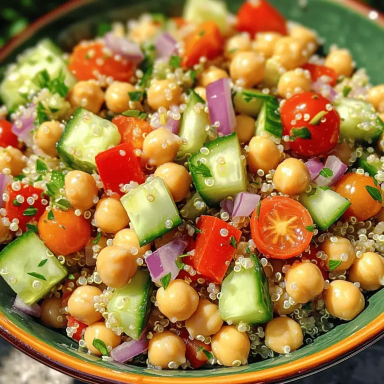 Für diesen Salat brauchen wir einige einfache, gesunde Zutaten. Hier ist die Liste: - 1 Tasse Quinoa, gründlich abgespült - 2 Tassen Wasser oder natriumarme Gemüsebrühe - 1 Dose (15 oz) Kichererbsen, abgetropft und abgespült - 1 Paprika (rot oder gelb), gewürfelt - 1 Salatgurke, gewürfelt - 1 Tasse Cherry-Tomaten, halbiert - 1/4 rote Zwiebel, fein gehackt - 1/4 Tasse frische Petersilie, gehackt Diese Zutaten bringen viel Geschmack und Nährstoffe. Quinoa ist eine großartige Quelle für Eiweiß. Kichererbsen sind auch reich an Ballaststoffen, was gut für die Verdauung ist. Um den Salat zu würzen, brauchen wir einige grundlegende Gewürze. Hier sind sie: - 1/4 Tasse frischer Zitronensaft - 2 Esslöffel Olivenöl - 1 Teelöffel Kreuzkümmel - Salz und Pfeffer nach Geschmack Diese Gewürze fügen dem Salat eine frische und würzige Note hinzu. Olivenöl ist gesund und hebt den Geschmack der Zutaten hervor. Frische Kräuter machen den Salat noch besser. Hier sind einige Ideen: - Frische Petersilie, wie im Rezept - Frischer Koriander für einen anderen Geschmack - Minze für eine kühle Note Diese Kräuter bringen Farbe und Frische in deinen Salat. Du kannst sie nach deinem Geschmack anpassen. Wenn du mehr über die Zubereitung erfahren möchtest, schau dir das Full Recipe an. Zuerst bringe ich in einem mittelgroßen Topf 2 Tassen Wasser oder Gemüsebrühe zum Kochen. Ich füge dann 1 Tasse Quinoa hinzu und reduziere die Hitze auf niedrig. Ich decke den Topf ab und lasse die Quinoa 15 Minuten köcheln. Nach dieser Zeit ist die Flüssigkeit aufgesogen. Ich nehme den Topf vom Herd und lasse ihn 5 Minuten ruhen. Danach lockere ich die Quinoa mit einer Gabel auf. In einer großen Schüssel gebe ich die gekochte Quinoa, 1 Dose Kichererbsen, die gewürfelte Paprika, die gewürfelte Gurke, die halbierten Cherry-Tomaten, die rote Zwiebel und die gehackte Petersilie. Ich vermische alles gut, damit die Farben leuchten und die Aromen sich verbinden. In einer kleinen Schüssel bereite ich das Dressing vor. Ich mische 1/4 Tasse frischen Zitronensaft, 2 Esslöffel Olivenöl, 1 Teelöffel Kreuzkümmel sowie Salz und Pfeffer nach Geschmack. Ich rühre alles mit einem Schneebesen gut um, bis es gleichmäßig ist. Dann gieße ich das Dressing über die Quinoa-Mischung und wende es vorsichtig. Es ist wichtig, dass alles gleichmäßig überzogen ist. Ich lasse den Salat mindestens 15 Minuten bei Raumtemperatur stehen, damit sich die Aromen gut entfalten. Für die vollständige Rezeptbeschreibung, siehe [Full Recipe]. Um Quinoa perfekt zu kochen, spüle sie gut ab. Dies entfernt Bitterstoffe. Koche eine Tasse Quinoa in zwei Tassen Wasser oder Gemüsebrühe. Bringe die Flüssigkeit zum Kochen. Reduziere dann die Hitze und decke den Topf ab. Lasse die Quinoa 15 Minuten köcheln. Danach lass sie fünf Minuten ruhen. Lockere die Quinoa mit einer Gabel auf. So wird sie fluffig und lecker. Du kannst die Zutaten nach deinem Geschmack anpassen. Füge Avocado für Cremigkeit hinzu. Mische verschiedene Gemüse wie Karotten oder Spinat. Um mehr Protein zu bekommen, kannst du auch Feta-Käse hinzufügen. Experimentiere mit verschiedenen Kräutern wie Minze oder Basilikum. Dadurch bekommst du neue Geschmäcker. Achte darauf, die Gewürze nach deinem Geschmack anzupassen. So wird der Salat immer frisch und spannend. Die Präsentation macht viel aus. Serviere den Salat in einer großen Schüssel. Das sieht einladend aus. Garniere ihn mit frischer Petersilie und Zitronenscheiben für mehr Farbe. Du kannst auch einen kleinen Schuss Olivenöl darüber träufeln. Das macht ihn noch schmackhafter. Verwende bunte Teller, um die Farben des Salats zu betonen. Eine schöne Präsentation lässt jeden Biss besser schmecken. {{image_4}} Für den Zesty Quinoa & Chickpea Salad können Sie viele Zutaten ändern. Probieren Sie statt Kichererbsen schwarze Bohnen. Diese sind ebenfalls lecker und nahrhaft. Anstelle von Paprika können Sie auch Avocado verwenden. Diese macht den Salat cremiger. Für einen süßeren Geschmack fügen Sie gewürfelte Mango hinzu. Auch diese Frucht passt gut zu Quinoa. Wenn Sie glutenfrei essen, ist Quinoa eine gute Wahl. Es enthält kein Gluten und ist reich an Eiweiß. Veganer können das Rezept leicht machen, da es keine tierischen Produkte enthält. Wenn Sie auf Natrium achten müssen, verwenden Sie natriumarme Brühe. So bleibt der Salat gesund und schmackhaft. Servieren Sie den Salat mit gegrilltem Gemüse oder einer Portion gebackenem Tofu. Diese Optionen erhöhen den Nährstoffgehalt. Ein Stück gegrillter Fisch oder Hähnchen passt auch gut dazu. So haben Sie eine vollwertige Mahlzeit. Vergessen Sie nicht, frisches Brot dazu zu reichen. Es rundet das Essen ab und macht es noch leckerer. Um den Zesty Quinoa & Chickpea Salad frisch zu halten, bewahre ihn in einem luftdichten Behälter auf. So bleibt der Salat knusprig und lecker. Stelle sicher, dass du ihn im Kühlschrank lagerst. Wenn du einzelne Portionen zubereitest, kannst du diese auch in kleinen Behältern aufbewahren. Das macht es einfacher, den Salat unterwegs zu genießen. Der Salat bleibt im Kühlschrank etwa drei bis fünf Tage frisch. Achte darauf, ihn gut abzudecken. Wenn du nach ein paar Tagen feststellst, dass er nicht mehr so frisch aussieht, vertraue deinem Bauchgefühl. Manchmal ist es besser, auf Nummer sicher zu gehen und ihn wegzuwerfen. Einfrieren ist bei diesem Salat nicht ideal. Quinoa kann gut eingefroren werden, aber das Gemüse wird nach dem Auftauen matschig. Wenn du die Kichererbsen jedoch übrig hast, kannst du sie gut einfrieren. Achte darauf, sie vorher gut abzutrocknen. So bleiben sie in guter Form, wenn du sie später verwendest. Das Rezept ergibt vier Portionen. Es ist perfekt für eine kleine Gruppe oder als Beilage. Ja, Sie können diesen Salat im Voraus machen. Er schmeckt sogar besser, wenn die Aromen ziehen. Lagern Sie ihn einfach im Kühlschrank. Quinoa ist reich an Protein und Ballaststoffen. Es hat wenig Cholesterin und viele Vitamine. Es unterstützt eine gesunde Herzfunktion und hilft beim Sättigungsgefühl. Sie finden die vollständige Rezeptbeschreibung für den Zesty Quinoa & Chickpea Salad in diesem Artikel. Dieser Artikel hat dir gezeigt, wie man einen Zesty Quinoa & Chickpea Salad zubereitet. Wir haben die Hauptzutaten, das perfekte Kochen der Quinoa und das Mischen der frischen Zutaten behandelt. Ich habe Tipps für Anpassungen und die Lagerung gegeben. Denke daran, dass du das Rezept leicht ändern kannst. Experimentiere mit verschiedenen Kräutern und Aromen. Dieser Salat ist nicht nur lecker, sondern auch gesund und sättigend. Viel Spaß beim Ausprobieren und Variieren!