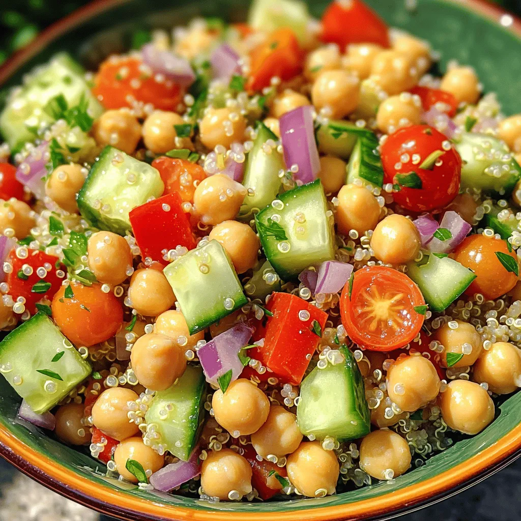Für diesen Salat brauchen wir einige einfache, gesunde Zutaten. Hier ist die Liste: - 1 Tasse Quinoa, gründlich abgespült - 2 Tassen Wasser oder natriumarme Gemüsebrühe - 1 Dose (15 oz) Kichererbsen, abgetropft und abgespült - 1 Paprika (rot oder gelb), gewürfelt - 1 Salatgurke, gewürfelt - 1 Tasse Cherry-Tomaten, halbiert - 1/4 rote Zwiebel, fein gehackt - 1/4 Tasse frische Petersilie, gehackt Diese Zutaten bringen viel Geschmack und Nährstoffe. Quinoa ist eine großartige Quelle für Eiweiß. Kichererbsen sind auch reich an Ballaststoffen, was gut für die Verdauung ist. Um den Salat zu würzen, brauchen wir einige grundlegende Gewürze. Hier sind sie: - 1/4 Tasse frischer Zitronensaft - 2 Esslöffel Olivenöl - 1 Teelöffel Kreuzkümmel - Salz und Pfeffer nach Geschmack Diese Gewürze fügen dem Salat eine frische und würzige Note hinzu. Olivenöl ist gesund und hebt den Geschmack der Zutaten hervor. Frische Kräuter machen den Salat noch besser. Hier sind einige Ideen: - Frische Petersilie, wie im Rezept - Frischer Koriander für einen anderen Geschmack - Minze für eine kühle Note Diese Kräuter bringen Farbe und Frische in deinen Salat. Du kannst sie nach deinem Geschmack anpassen. Wenn du mehr über die Zubereitung erfahren möchtest, schau dir das Full Recipe an. Zuerst bringe ich in einem mittelgroßen Topf 2 Tassen Wasser oder Gemüsebrühe zum Kochen. Ich füge dann 1 Tasse Quinoa hinzu und reduziere die Hitze auf niedrig. Ich decke den Topf ab und lasse die Quinoa 15 Minuten köcheln. Nach dieser Zeit ist die Flüssigkeit aufgesogen. Ich nehme den Topf vom Herd und lasse ihn 5 Minuten ruhen. Danach lockere ich die Quinoa mit einer Gabel auf. In einer großen Schüssel gebe ich die gekochte Quinoa, 1 Dose Kichererbsen, die gewürfelte Paprika, die gewürfelte Gurke, die halbierten Cherry-Tomaten, die rote Zwiebel und die gehackte Petersilie. Ich vermische alles gut, damit die Farben leuchten und die Aromen sich verbinden. In einer kleinen Schüssel bereite ich das Dressing vor. Ich mische 1/4 Tasse frischen Zitronensaft, 2 Esslöffel Olivenöl, 1 Teelöffel Kreuzkümmel sowie Salz und Pfeffer nach Geschmack. Ich rühre alles mit einem Schneebesen gut um, bis es gleichmäßig ist. Dann gieße ich das Dressing über die Quinoa-Mischung und wende es vorsichtig. Es ist wichtig, dass alles gleichmäßig überzogen ist. Ich lasse den Salat mindestens 15 Minuten bei Raumtemperatur stehen, damit sich die Aromen gut entfalten. Für die vollständige Rezeptbeschreibung, siehe [Full Recipe]. Um Quinoa perfekt zu kochen, spüle sie gut ab. Dies entfernt Bitterstoffe. Koche eine Tasse Quinoa in zwei Tassen Wasser oder Gemüsebrühe. Bringe die Flüssigkeit zum Kochen. Reduziere dann die Hitze und decke den Topf ab. Lasse die Quinoa 15 Minuten köcheln. Danach lass sie fünf Minuten ruhen. Lockere die Quinoa mit einer Gabel auf. So wird sie fluffig und lecker. Du kannst die Zutaten nach deinem Geschmack anpassen. Füge Avocado für Cremigkeit hinzu. Mische verschiedene Gemüse wie Karotten oder Spinat. Um mehr Protein zu bekommen, kannst du auch Feta-Käse hinzufügen. Experimentiere mit verschiedenen Kräutern wie Minze oder Basilikum. Dadurch bekommst du neue Geschmäcker. Achte darauf, die Gewürze nach deinem Geschmack anzupassen. So wird der Salat immer frisch und spannend. Die Präsentation macht viel aus. Serviere den Salat in einer großen Schüssel. Das sieht einladend aus. Garniere ihn mit frischer Petersilie und Zitronenscheiben für mehr Farbe. Du kannst auch einen kleinen Schuss Olivenöl darüber träufeln. Das macht ihn noch schmackhafter. Verwende bunte Teller, um die Farben des Salats zu betonen. Eine schöne Präsentation lässt jeden Biss besser schmecken. {{image_4}} Für den Zesty Quinoa & Chickpea Salad können Sie viele Zutaten ändern. Probieren Sie statt Kichererbsen schwarze Bohnen. Diese sind ebenfalls lecker und nahrhaft. Anstelle von Paprika können Sie auch Avocado verwenden. Diese macht den Salat cremiger. Für einen süßeren Geschmack fügen Sie gewürfelte Mango hinzu. Auch diese Frucht passt gut zu Quinoa. Wenn Sie glutenfrei essen, ist Quinoa eine gute Wahl. Es enthält kein Gluten und ist reich an Eiweiß. Veganer können das Rezept leicht machen, da es keine tierischen Produkte enthält. Wenn Sie auf Natrium achten müssen, verwenden Sie natriumarme Brühe. So bleibt der Salat gesund und schmackhaft. Servieren Sie den Salat mit gegrilltem Gemüse oder einer Portion gebackenem Tofu. Diese Optionen erhöhen den Nährstoffgehalt. Ein Stück gegrillter Fisch oder Hähnchen passt auch gut dazu. So haben Sie eine vollwertige Mahlzeit. Vergessen Sie nicht, frisches Brot dazu zu reichen. Es rundet das Essen ab und macht es noch leckerer. Um den Zesty Quinoa & Chickpea Salad frisch zu halten, bewahre ihn in einem luftdichten Behälter auf. So bleibt der Salat knusprig und lecker. Stelle sicher, dass du ihn im Kühlschrank lagerst. Wenn du einzelne Portionen zubereitest, kannst du diese auch in kleinen Behältern aufbewahren. Das macht es einfacher, den Salat unterwegs zu genießen. Der Salat bleibt im Kühlschrank etwa drei bis fünf Tage frisch. Achte darauf, ihn gut abzudecken. Wenn du nach ein paar Tagen feststellst, dass er nicht mehr so frisch aussieht, vertraue deinem Bauchgefühl. Manchmal ist es besser, auf Nummer sicher zu gehen und ihn wegzuwerfen. Einfrieren ist bei diesem Salat nicht ideal. Quinoa kann gut eingefroren werden, aber das Gemüse wird nach dem Auftauen matschig. Wenn du die Kichererbsen jedoch übrig hast, kannst du sie gut einfrieren. Achte darauf, sie vorher gut abzutrocknen. So bleiben sie in guter Form, wenn du sie später verwendest. Das Rezept ergibt vier Portionen. Es ist perfekt für eine kleine Gruppe oder als Beilage. Ja, Sie können diesen Salat im Voraus machen. Er schmeckt sogar besser, wenn die Aromen ziehen. Lagern Sie ihn einfach im Kühlschrank. Quinoa ist reich an Protein und Ballaststoffen. Es hat wenig Cholesterin und viele Vitamine. Es unterstützt eine gesunde Herzfunktion und hilft beim Sättigungsgefühl. Sie finden die vollständige Rezeptbeschreibung für den Zesty Quinoa & Chickpea Salad in diesem Artikel. Dieser Artikel hat dir gezeigt, wie man einen Zesty Quinoa & Chickpea Salad zubereitet. Wir haben die Hauptzutaten, das perfekte Kochen der Quinoa und das Mischen der frischen Zutaten behandelt. Ich habe Tipps für Anpassungen und die Lagerung gegeben. Denke daran, dass du das Rezept leicht ändern kannst. Experimentiere mit verschiedenen Kräutern und Aromen. Dieser Salat ist nicht nur lecker, sondern auch gesund und sättigend. Viel Spaß beim Ausprobieren und Variieren!