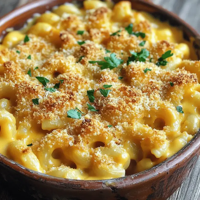 Für ein perfektes cremiges Mac and Cheese benötigst du einige wichtige Zutaten. Hier ist die Liste: - 225 g Ellbogen-Makkaroni - 30 g ungesalzene Butter - 30 g Allzweckmehl - 480 ml Vollmilch - 1 Teelöffel Dijon-Senf - 1/2 Teelöffel Knoblauchpulver - 1/2 Teelöffel Zwiebelpulver - 1/4 Teelöffel frisch gemahlener schwarzer Pfeffer - 1/4 Teelöffel Cayennepfeffer (optional) - 200 g geriebener scharfer Cheddar-Käse - 100 g geriebener Mozzarella-Käse - 50 g Semmelbrösel - 30 g geriebener Parmesan-Käse - Frische Petersilie, gehackt Diese Zutaten sind einfach zu finden und machen das Gericht lecker. Die Gewürze sind das Herzstück des Geschmacks. Dijon-Senf verleiht Tiefe. Knoblauchpulver und Zwiebelpulver bringen Aroma. Der schwarze Pfeffer gibt einen kleinen Kick. Wenn du es schärfer magst, füge Cayennepfeffer hinzu. Diese Mischung lässt dein Mac and Cheese lebendig schmecken. Die Käsewahl ist entscheidend. Ich empfehle scharfen Cheddar für seinen starken Geschmack. Mozzarella sorgt für Cremigkeit und einen schönen Schmelz. Parmesan gibt eine herzhafte Note. Du kannst auch andere Käsesorten ausprobieren, wie Gouda oder Brie, je nach deinem Geschmack. Jede Variante bringt etwas Neues ins Spiel. Für eine milde Option wähle milden Cheddar oder eine Mischung aus Käsesorten. Wenn du mehr über die Zubereitung erfahren möchtest, schau dir das [Full Recipe] an. Heize deinen Ofen auf 175°C vor. Das ist wichtig, um das Mac and Cheese gleichmäßig zu backen. Fette eine 2-Liter-Auflaufform mit Butter oder Kochspray ein. Das hilft, dass es nicht kleben bleibt. Koche in einem großen Topf gesalzenes Wasser. Füge 225 g Ellbogen-Makkaroni hinzu. Koche sie gemäß den Anweisungen auf der Verpackung bis sie al dente sind. Das dauert meist etwa 7-8 Minuten. Danach gieße die Makkaroni ab und stelle sie beiseite. In demselben Topf schmelze 30 g ungesalzene Butter bei mittlerer Hitze. Rühre 30 g Allzweckmehl ein und lasse es sprudelnd für etwa 1 Minute köcheln. Gieße langsam 480 ml Vollmilch dazu und rühre, bis die Mischung glatt ist. Füge 1 Teelöffel Dijon-Senf, 1/2 Teelöffel Knoblauchpulver, 1/2 Teelöffel Zwiebelpulver, 1/4 Teelöffel schwarzer Pfeffer und 1/4 Teelöffel Cayennepfeffer hinzu. Koche die Sauce etwa 3-5 Minuten, bis sie dicker wird. Nimm den Topf vom Herd und rühre 200 g geriebenen scharfen Cheddar und 100 g geriebenen Mozzarella ein. Rühre, bis der Käse geschmolzen ist und die Sauce cremig wird. Gib die gekochten Makkaroni in die Käsesauce und rühre gut um. Die Makkaroni sollten gleichmäßig mit der Sauce überzogen sein. Gib die Mischung in die gefettete Auflaufform. In einer kleinen Schüssel vermenge 50 g Semmelbrösel und 30 g geriebenen Parmesan. Streue diese Mischung gleichmäßig über das Mac and Cheese. Backe das Gericht 25-30 Minuten im Ofen, bis die Oberseite goldbraun ist. Lass es vor dem Servieren kurz abkühlen. Du kannst das Rezept auch im [Full Recipe] nachlesen. Um dein Mac and Cheese besonders cremig zu machen, achte auf die richtige Käsesorte. Verwende eine Mischung aus scharfem Cheddar und Mozzarella. Cheddar bringt den Geschmack, während Mozzarella für die Cremigkeit sorgt. Du kannst auch etwas Frischkäse oder Sahne hinzufügen, um die Sauce noch reichhaltiger zu machen. Eine langsame Temperatur ist wichtig. Koche die Käsesauce bei mittlerer Hitze und rühre ständig. So vermeidest du Klumpen und bekommst eine glatte Textur. Wenn du die Pasta kochst, achte darauf, sie al dente zu lassen. Das bedeutet, sie sollte noch etwas Biss haben. So nimmt sie die Sauce besser auf und bleibt nicht matschig. Ein häufiger Fehler ist, zu viel Käse auf einmal hinzuzufügen. Das kann die Sauce klumpig machen. Gib den Käse nach und nach hinzu und rühre gut um. Ein weiterer Fehler ist die falsche Temperatur beim Backen. Dein Ofen sollte immer vorgeheizt sein. Das sorgt dafür, dass das Mac and Cheese gleichmäßig gart und die Oberseite schön knusprig wird. Vermeide auch, die Pasta zu lange zu kochen. Wenn sie zu weich ist, wird das Endgericht matschig. Serviere dein Mac and Cheese mit einem frischen Salat. Ein einfacher grüner Salat passt gut dazu. Du kannst auch gegrilltes Gemüse oder gedünsteten Brokkoli als Beilage anbieten. Für einen besonderen Twist kannst du gebratenen Speck oder geröstete Zwiebeln darüber streuen. Das gibt deinem Gericht zusätzlichen Geschmack und Textur. Wenn du mehr Ideen möchtest, schau dir das [Full Recipe] an. Dort findest du noch mehr Tipps und Varianten für dein perfektes Mac and Cheese. {{image_4}} Wenn du eine vegetarische Version von cremigem Mac and Cheese machen möchtest, gibt es viele Möglichkeiten. Du kannst einfach das Rezept anpassen, indem du Fleisch weglässt. Verwende stattdessen leckeres Gemüse. Brokkoli, Spinat oder Erbsen passen gut. Diese Optionen bringen frische Aromen und Nährstoffe. Füge sie einfach in die Käsesauce ein, bevor du die Makkaroni hinzufügst. Willst du mehr Geschmack? Dann füge einige Extras hinzu! Speck gibt einen rauchigen Geschmack. Brate ihn knusprig und mische ihn unter die Pasta. Du kannst auch Zwiebeln oder Paprika anbraten. Diese geben einen tollen Biss. Für einen scharfen Kick kannst du Jalapeños oder scharfe Soßen verwenden. Die Möglichkeiten sind endlos! Wenn du glutenfrei kochen möchtest, gibt es tolle Alternativen. Verwende glutenfreie Makkaroni, die genauso gut schmecken. Für die Soße kannst du glutenfreies Mehl nutzen. Achte darauf, dass alle Zutaten, die du verwendest, glutenfrei sind. So bleibt dein Gericht lecker und sicher für alle. Für mehr Details und die genauen Schritte, schau dir das [Full Recipe] an! Um die Reste von cremigem Mac and Cheese frisch zu halten, lasse das Gericht zuerst abkühlen. Danach füllst du es in einen luftdichten Behälter. Dies hilft, den Geschmack und die Textur zu bewahren. Du kannst auch die Portionen aufteilen, um die Reste einfacher zu nutzen. Wenn du das Mac and Cheese aufwärmen möchtest, nutze den Ofen oder die Mikrowelle. Im Ofen bei 180°C erwärmst du es für etwa 15-20 Minuten. Decke das Gericht mit Folie ab, um ein Austrocknen zu verhindern. In der Mikrowelle erhitzt du es in 30-Sekunden-Intervallen. Rühre zwischendurch um, damit es gleichmäßig warm wird. Im Kühlschrank bleibt dein Mac and Cheese etwa 3-5 Tage frisch. Stelle sicher, dass du es in einem luftdichten Behälter aufbewahrst. Im Gefrierschrank hält es bis zu 3 Monate. Beim Einfrieren ist es gut, die Portionen einzufrieren. So kannst du immer schnell eine leckere Mahlzeit genießen. Backen Sie das Mac and Cheese bei 175°C (350°F) für 25 bis 30 Minuten. Achten Sie darauf, dass die Oberseite goldbraun und knusprig wird. Wenn Sie mehr Crunch möchten, backen Sie es ein paar Minuten länger. Das macht es lecker und ansprechend. Ja, Sie können Mac and Cheese im Voraus machen. Bereiten Sie es bis zum Schritt des Backens vor und kühlen Sie es ab. Decken Sie die Auflaufform gut ab und stellen Sie sie in den Kühlschrank. Vor dem Backen lassen Sie es etwa 30 Minuten bei Raumtemperatur stehen. Backen Sie es dann wie gewohnt. Um Mac and Cheese kinderfreundlicher zu machen, versuchen Sie, weniger Gewürze zu verwenden. Sie können auch Gemüse wie Brokkoli oder Erbsen hinzufügen. Diese bringen Farbe und Nährstoffe ins Gericht. Wenn Ihre Kinder Käse lieben, verwenden Sie mehr von ihrem Lieblingskäse. Das Rezept bleibt einfach, wenn Sie die [Full Recipe] beachten. Cremiges Mac and Cheese ist einfach zu machen und macht Spaß. Wir haben die besten Zutaten, eine leicht verständliche Anleitung und nützliche Tipps geteilt. Denken Sie daran, beim Kochen kreativ zu sein. Ob vegetarisch oder mit Extras, die Möglichkeiten sind endlos. Lagern Sie Reste richtig für späteren Genuss. Schlussendlich bringt dieses Gericht Freude und Geschmack auf den Tisch. Kochen Sie los und genießen Sie jeden Bissen!