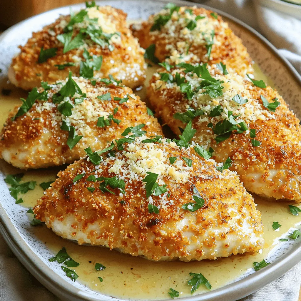 - 4 Hähnchenbrustfilets, ohne Knochen und Haut - 1 Tasse Semmelbrösel (idealerweise Panko für zusätzlichen Crunch) - 1/2 Tasse geriebener Parmesan - 2 Teelöffel getrocknete italienische Kräuter (Oregano, Basilikum, Thymian) - 1 Teelöffel Knoblauchpulver - 1/2 Teelöffel Salz - 1/4 Teelöffel schwarzer Pfeffer - 2 große Eier - 1/4 Tasse Weizenmehl Die Hauptzutaten sind wichtig für den Geschmack. Die Hähnchenbrustfilets sind die Basis. Sie sollten frisch und zart sein. Panko sorgt für eine besonders knusprige Panade. Parmesan verleiht dem Gericht seinen würzigen Geschmack. Gewürze wie italienische Kräuter und Knoblauchpulver bringen viel Aroma. - 4 Esslöffel Olivenöl - 4 Knoblauchzehen, fein gehackt - 1/2 Tasse Hühnerbrühe Die Knoblauchsoße ist der Star dieses Gerichts. Das Olivenöl erzeugt einen reichen Geschmack. Frischer Knoblauch gibt der Soße ihr unverwechselbares Aroma. Hühnerbrühe macht die Soße schön saftig und vollmundig. - 2 Esslöffel frische Petersilie, gehackt Die frische Petersilie bringt Farbe ins Spiel. Sie sorgt für einen frischen Geschmack und macht das Gericht appetitlicher. Diese Zutaten ergeben zusammen ein köstliches Gericht. Für das vollständige Rezept, siehe [Full Recipe]. Heize deinen Ofen auf 200°C vor. Das sorgt für eine gleichmäßige Hitze. Lege ein Backblech mit Backpapier aus. Das macht die Reinigung einfacher. Stelle alle Zutaten bereit. So hast du alles schnell zur Hand. Nimm die Hähnchenbrustfilets und wälze sie zuerst im Weizenmehl. Klopfe überschüssiges Mehl ab. Dann tauche sie in die Eier. Das hilft, die Semmelbrösel besser zu halten. Wälze die Filets anschließend in der Semmelbröselmischung. Drücke die Brösel gut an. Verwende Panko für extra Crunch. Das macht die Panade besonders knusprig. Lege die panierten Hähnchenbrustfilets auf das Backblech. Träufle 2 Esslöffel Olivenöl über die Oberseiten. Backe das Hähnchen 20-25 Minuten. Es sollte goldbraun und durchgegart sein. Die Innentemperatur sollte 74°C erreichen. So wird das Hähnchen perfekt. - Verwendung von Panko: Panko macht das Hähnchen noch knuspriger. Diese japanischen Semmelbrösel sind grober und fangen Goldbraunheit besser ein. Wenn du sie verwendest, wirst du den Unterschied sofort schmecken. - Öl richtig dosieren: Das richtige Öl ist wichtig. Zu viel Öl macht das Hähnchen fettig. Zu wenig Öl lässt es trocken. Für das beste Ergebnis, verwende etwa 4 Esslöffel Olivenöl. Träufle das Öl gleichmäßig über die Hähnchenbrust. - Zusätzliche Aromen hinzufügen: Du kannst die Soße aufpeppen. Füge zum Beispiel einen Spritzer Zitronensaft oder etwas Chili hinzu. Diese Aromen geben der Soße mehr Tiefe und einen besonderen Kick. - Konsistenz anpassen: Wenn die Soße zu dick ist, füge etwas mehr Hühnerbrühe hinzu. Wenn sie zu dünn ist, lasse sie einfach etwas länger köcheln. So erreichst du die perfekte Konsistenz. - Beilagen und Präsentationstipps: Serviere das Crispy Parmesan Chicken auf einer großen Platte. Träufle die Knoblauchsoße gleichmäßig darüber. Streue zusätzlichen Parmesan und frische Petersilie darauf. Ein einfacher Salat oder geröstetes Gemüse passt gut dazu. So hast du ein tolles Gericht, das auch gut aussieht. Wenn du mehr über diese Tipps erfahren möchtest, schau dir das Full Recipe an. {{image_4}} Für mehr Geschmack kannst du mit verschiedenen Käsesorten experimentieren. Neben Parmesan passen auch Mozzarella oder Pecorino gut. Diese Käsesorten geben dem Hähnchen eine andere Note. Du kannst auch einen Mix aus verschiedenen Käsesorten verwenden. Um das Gericht bunter zu gestalten, füge Gemüse hinzu. Zucchini, Paprika oder Brokkoli sind hervorragende Optionen. Einfach das Gemüse klein schneiden und mit dem Hähnchen backen. So hast du eine nahrhafte Beilage in einem Gericht. Für eine andere Textur kannst du die Hähnchenbrust frittieren. Erhitze reichlich Öl in einer Pfanne. Frittiere die Hähnchenbrust etwa 4-5 Minuten auf jeder Seite. So wird die Panade besonders knusprig. Achte darauf, dass das Öl heiß genug ist, bevor du das Hähnchen hinzufügst. Alternativ kannst du die Hähnchenbrust auch grillen. Das verleiht dem Hähnchen einen rauchigen Geschmack. Grille sie auf mittlerer Hitze für etwa 6-7 Minuten pro Seite. So erhältst du ein saftiges und zartes Ergebnis. Frische Kräuter bringen neuen Schwung ins Gericht. Probiere Basilikum oder Thymian, um frische Aromen zu erzeugen. Hacke die Kräuter fein und mische sie in die Panade. Das gibt dem Hähnchen eine leckere, duftende Note. Du kannst auch Kräuter als Garnitur verwenden. Ein paar Blätter frischer Petersilie oder Schnittlauch passen wunderbar dazu. Sie verleihen dem Gericht nicht nur Farbe, sondern auch zusätzlichen Geschmack. Für das komplette Rezept schaue dir die Full Recipe an. Um die Reste von Crispy Parmesan Chicken mit Knoblauchsoße gut zu lagern, folge diesen Tipps: - Lass das Hähnchen zuerst auf Raumtemperatur abkühlen. - Lege die Reste in einen luftdichten Behälter. - Bewahre das Hähnchen im Kühlschrank auf. - So hält es sich 3 bis 4 Tage frisch. Wenn du das Hähnchen nicht sofort isst, lagere es gut. Das sorgt dafür, dass der Geschmack bleibt und das Fleisch saftig bleibt. Wenn du das Hähnchen länger aufbewahren möchtest, kannst du es einfrieren. So bleibt es bis zu 3 Monate haltbar. Hier sind die Schritte: - Lass das Hähnchen vollständig abkühlen. - Wickel jede Portion in Frischhaltefolie. - Lege die eingewickelten Portionen in einen Gefrierbeutel. - Beschrifte den Beutel mit Datum und Inhalt. So kannst du immer wieder leckeres Hähnchen genießen, wann immer du Lust darauf hast. Um das Hähnchen wieder knusprig zu machen, beachte diese Methoden: - Heize den Ofen auf 190°C vor. - Lege das Hähnchen auf ein Backblech. - Backe es 10 bis 15 Minuten, bis es heiß und knusprig ist. Du kannst auch eine Pfanne verwenden: - Erhitze eine Pfanne ohne Öl auf mittlerer Hitze. - Brate das Hähnchen 5 bis 7 Minuten auf jeder Seite. Vermeide die Mikrowelle, da sie das Hähnchen weich macht. Halte es knusprig für das beste Esserlebnis! Die Zubereitung von Crispy Parmesan Chicken mit Knoblauchsoße dauert etwa 40 Minuten. - Vorbereitungszeit: 15 Minuten - Kochzeit: 25 Minuten In diesen 40 Minuten bereitest du die Hähnchenbrust und die Knoblauchsoße. Die Zeit ist schnell vorbei, während das Hähnchen im Ofen knusprig wird. Ja, du kannst das Rezept anpassen, um diätetische Bedürfnisse zu berücksichtigen. - Glutenfrei: Verwende glutenfreie Semmelbrösel. - Käse: Ersetze Parmesan durch einen veganen Käse oder lasse ihn weg. - Hähnchen: Nutze Tofu als pflanzliche Alternative. Diese Anpassungen helfen dir, das Gericht nach deinem Geschmack zu gestalten. Die Knoblauchsoße ist flexibel und lässt sich einfach anpassen. - Würzig: Füge rote Paprikaflocken für Schärfe hinzu. - Kräuter: Experimentiere mit frischen Kräutern wie Basilikum oder Thymian. - Zitrus: Ein Spritzer Zitronensaft bringt Frische. Mit diesen Tipps kannst du die Soße nach deinem Geschmack gestalten. Wenn du mehr über das vollständige Rezept erfahren möchtest, schau dir die [Full Recipe] an. In diesem Artikel haben wir die Zubereitung von Crispy Parmesan Chicken mit Knoblauchsoße untersucht. Zuerst schauten wir auf die Zutaten wie Hähnchenbrust, Semmelbrösel und Gewürze. Dann folgten eine Schritt-für-Schritt-Anleitung und nützliche Tipps zur Knusprigkeit. Variationen und Aufbewahrung der Reste rundeten das Thema ab. Letztlich gibt es viele Wege, dieses Gericht anzupassen und zu genießen. Viel Spaß beim Kochen und Ausprobieren!