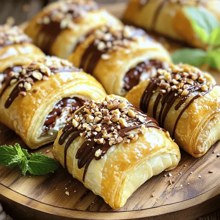 - Blätterteig - Nutella - Frischkäse Die Hauptzutaten sind einfach und lecker. Blätterteig bildet die Basis. Er ist leicht und knusprig. Nutella bringt den süßen, schokoladigen Geschmack. Frischkäse sorgt für eine cremige Textur. Diese Mischung macht das Rezept besonders. - Puderzucker - Vanilleextrakt - Eiwäsche (verquirltes Ei) Zusätzlich brauchen wir Puderzucker. Dieser macht die Frischkäsemischung süßer. Vanilleextrakt fügt ein feines Aroma hinzu. Die Eiwäsche hilft, die Rolls schön goldbraun zu machen. Diese Zutaten sind wichtig für den perfekten Geschmack. - Gehackte Haselnüsse - Schokoladenglasur - Schlagsahne Toppings machen die Rolls besonders. Gehackte Haselnüsse geben einen tollen Crunch. Schokoladenglasur macht sie noch schokoladiger. Schlagsahne passt perfekt zum Dippen. Du kannst kreativ sein und deine Lieblingsoptionen wählen. Für das vollständige Rezept schaue dir den Full Recipe an. Heize deinen Ofen auf 200°C vor. Das ist die perfekte Temperatur für knusprige Rolls. Lege ein Backblech mit Backpapier aus. So kleben die Rolls nicht fest. Nimm eine kleine Schüssel. Vermenge den soften Frischkäse mit Puderzucker und Vanilleextrakt. Rühre gut, bis die Mischung glatt und cremig ist. Wenn die Mischung zu dick ist, füge langsam etwas Milch hinzu. So wird die Konsistenz perfekt. Rolle den Blätterteig auf einer bemehlten Fläche aus. Das macht den Teig schön glatt. Schneide den Teig in Rechtecke von etwa 8 cm x 12 cm. Diese Größe ist ideal für die Rollen. Verteile auf jedes Rechteck eine Schicht Nutella. Lass einen kleinen Rand frei. Setze dann einen Klecks der Frischkäsemischung darauf. Beginne an einer Kante. Rolle das Rechteck straff bis zur anderen Seite auf. Drücke die Kanten gut zusammen, damit sie geschlossen bleiben. Lege die Rollen mit der Nahtseite nach unten auf das Backblech. So bleiben sie in Form. Backe die Rollen im Ofen für 15-18 Minuten. Achte darauf, dass sie goldbraun werden. Wenn sie schön bräunen, sind sie fertig. Lass die Rolls etwas abkühlen, bevor du sie servierst. Sie schmecken warm am besten. Um die ideale Konsistenz der Frischkäsemischung zu erzielen, vermische den soften Frischkäse mit Puderzucker und Vanilleextrakt. Mische alles gut, bis es glatt ist. Wenn die Mischung zu dick ist, füge langsam etwas Milch hinzu. Dies hilft, die Mischung cremig zu machen. Achte darauf, dass sie nicht zu flüssig wird. Die richtige Dicke sorgt dafür, dass die Mischung beim Backen nicht ausläuft. Die Präsentation ist wichtig. Serviere die Nutella Rolls warm auf einem schönen Platter. Du kannst sie mit etwas Puderzucker bestäuben. Eine Schale mit Schlagsahne oder Schokoladenglasur macht das Angebot noch besser. Für einen frischen Look füge einige Minzblätter als Garnierung hinzu. Dies gibt Farbe und einen tollen Geschmack. Ein häufiger Fehler ist, den Teig zu dick zu schneiden. Achte darauf, die Rechtecke dünn und gleichmäßig zu schneiden. So werden die Rolls gleichmäßig gebacken. Eine stramme Rolltechnik ist wichtig. Beginne an einer Kante und rolle straff auf. Drücke die Kanten gut zusammen, damit die Füllung nicht herausquillt. So bleiben deine Nutella Rolls schön und ordentlich. {{image_4}} Nutella ist nicht nur vielseitig, sondern auch in vielen Geschmäckern erhältlich. Du kannst verschiedene Sorten ausprobieren. Denk an Haselnuss oder sogar weiße Schokolade. Das bringt eine neue Note in deine Nutella Rolls. Wenn du es cremiger magst, kannst du Frischkäse durch Ricotta oder Mascarpone ersetzen. Diese Käsesorten haben eine tolle Textur und einen milden Geschmack. Sie ergänzen die Süße von Nutella perfekt. Wenn du gesünder essen möchtest, gibt es einige einfache Anpassungen. Du kannst Vollkornblätterteig verwenden. Das gibt den Rolls mehr Ballaststoffe und einen nussigen Geschmack. Auch zuckerfreie Alternativen sind möglich. Zum Beispiel kannst du Stevia oder Erythrit verwenden. Diese Süßstoffe sind eine gute Wahl, wenn du Zucker reduzieren möchtest. Sie verändern den Geschmack nicht stark und halten die Rolls lecker. Für besondere Anlässe kannst du die Rolls aufpeppen. Füge eine Prise Zimt hinzu, um einen warmen, würzigen Geschmack zu erzielen. Auch frische Früchte wie Himbeeren oder Bananen können eine süße und frische Note geben. Wenn du die Rolls dekorativ gestalten möchtest, kannst du sie mit geschmolzener Schokolade überziehen. Streue gehackte Nüsse oder bunte Zuckerstreusel darüber. So werden die Nutella Rolls nicht nur lecker, sondern sehen auch toll aus. Für das komplette Rezept, schau dir die [Full Recipe] an. Nutella Rolls mit Frischkäse bleiben frisch, wenn du sie richtig lagerst. Du kannst sie bei Raumtemperatur aufbewahren, aber ich empfehle den Kühlschrank. Kälte hilft, die Füllung frisch zu halten. Nutze luftdichte Behälter, um sie vor dem Austrocknen zu schützen. So bleiben sie lange lecker. Wenn du die Rolls aufwärmen möchtest, sind Mikrowelle oder Ofen gute Optionen. In der Mikrowelle dauert es nur 10-15 Sekunden. Für den Ofen heize ihn auf 180°C vor und backe die Rolls 5-7 Minuten. So werden sie schön warm und die Textur bleibt weich. Die Nutella Rolls sind bis zu drei Tage haltbar. Achte darauf, sie gut zu verpacken. Wenn du einen schlechten Geruch oder eine matschige Textur bemerkst, sind sie nicht mehr gut. Frische Zutaten sorgen für besten Geschmack. Nutella Rolls sind frisch am besten. Sie bleiben bei Raumtemperatur 2-3 Tage gut. Lagere sie in einem luftdichten Behälter. Im Kühlschrank halten sie bis zu einer Woche. Achte darauf, dass sie nicht austrocknen. Ja, du kannst die Füllung leicht anpassen. Probiere Erdnussbutter statt Nutella. Für einen fruchtigen Twist verwende Marmelade oder frische Beeren. Du kannst auch andere Käsesorten wie Mascarpone nutzen. Sei kreativ! Um die Rolls glutenfrei zu machen, verwende glutenfreien Blätterteig. Achte darauf, dass alle anderen Zutaten auch glutenfrei sind. Viele Supermärkte bieten glutenfreien Blätterteig an. Lies die Etiketten gut durch. Ja, du kannst die Nutella Rolls einfrieren. Lass sie zuerst abkühlen. Wickel sie gut ein, um Frost zu vermeiden. Zum Auftauen, lege sie einfach bei Raumtemperatur für einige Stunden. Du kannst sie auch im Ofen aufwärmen. Ja, es gibt vegane Alternativen. Verwende pflanzlichen Frischkäse anstelle von normalem Frischkäse. Nutella hat vegane Varianten. Achte darauf, dass der Blätterteig vegan ist. Ersetze das Ei durch pflanzliche Milch für die Eiwäsche. Die Nutella Rolls sind einfach zuzubereiten und sehr lecker. Wir haben die Hauptzutaten wie Blätterteig, Nutella und Frischkäse besprochen. Außerdem haben wir Tipps gegeben, um die Konsistenz perfekt hinzubekommen. Variationen und Aufbewahrung waren auch Themen. Mit den richtigen Tricks kann jeder diese Rolls genießen. Egal, ob für einen Snack oder einen besonderen Anlass, es gibt viele Optionen. Folge einfach der Anleitung, um ein tolles Ergebnis zu erzielen. Probiere auch die Variationen aus, um deinen eigenen Geschmack zu treffen.