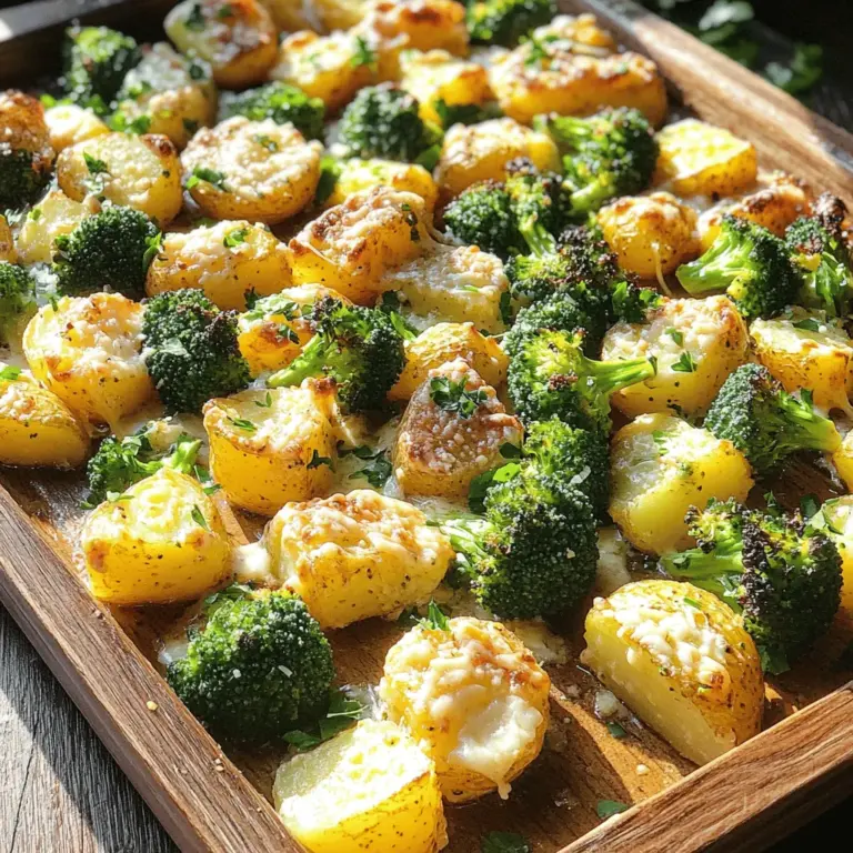 - 4 mittelgroße Yukon Gold Kartoffeln - 2 Tassen frische Brokkoliröschen - 1/2 Tasse geriebener Parmesan Die Hauptzutaten sind einfach zu finden. Yukon Gold Kartoffeln sind cremig und köstlich. Sie geben dem Gericht eine perfekte Basis. Brokkoli bringt Farbe und Nährstoffe. Frische Röschen sind knackig und gesund. Parmesan macht die Mischung herzhaft und lecker. Diese Zutaten kommen zusammen, um einen tollen Geschmack zu erzeugen. - 3 Esslöffel Olivenöl - 4 Knoblauchzehen, fein gehackt - 1 Teelöffel getrocknete italienische Kräuter Olivenöl sorgt für eine schöne Bräunung. Es hilft auch, die Aromen zu verbinden. Knoblauch gibt einen tollen Duft und Geschmack. Die italienischen Kräuter bringen frische Noten ins Gericht. Diese Gewürze machen die Kartoffeln und den Brokkoli einfach unwiderstehlich. Sie erhöhen den Genuss und die Vielfalt. - Salz und Pfeffer nach Geschmack - Frische Petersilie zum Garnieren (optional) Salz und Pfeffer sind wichtig für den Geschmack. Sie bringen die Aromen zum Vorschein. Petersilie macht das Gericht schöner und frischer. Diese einfache Garnierung bringt Farbe auf den Teller. Verwenden Sie sie, um Ihre Mahlzeit zu vervollständigen. Die richtige Garnierung hebt jedes Gericht hervor. Wenn Sie die vollständige Anleitung zur Zubereitung suchen, schauen Sie sich das Full Recipe an. Zuerst musst du die Kartoffeln und den Brokkoli vorbereiten. Nimm vier mittelgroße Yukon Gold Kartoffeln. Schneide sie in gleichmäßige, mundgerechte Stücke. So garen sie gleichmäßig. Nimm dann zwei Tassen frische Brokkoliröschen. Diese geben Farbe und Geschmack. In einer großen Schüssel mischst du die Kartoffeln und den Brokkoli. Für den nächsten Schritt benötigst du das Olivenöl und die Gewürze. Gieße drei Esslöffel Olivenöl über das Gemüse. Füge vier fein gehackte Knoblauchzehen hinzu. Das gibt einen tollen Geschmack. Jetzt kommen die italienischen Kräuter und etwas Salz und Pfeffer dazu. Mische alles gut, damit das Gemüse gleichmäßig ummantelt ist. Heize deinen Backofen auf 220 °C (425 °F) vor. Das sorgt dafür, dass das Gemüse schön knusprig wird. Verteile die Kartoffel-Brokkoli-Mischung gleichmäßig auf einem Backblech. Achte darauf, dass alles in einer einzigen Schicht liegt. So garen die Stücke gleichmäßig. Röste das Gemüse für etwa 20 Minuten im Ofen. Nach 20 Minuten nimmst du das Backblech heraus. Jetzt kommt der beste Teil! Streue die halbe Tasse geriebenen Parmesan gleichmäßig über die Kartoffeln und den Brokkoli. Der Käse schmilzt und wird goldbraun. Schiebe das Backblech wieder in den Ofen. Röste das Gemüse für weitere 10 bis 15 Minuten. Achte darauf, dass die Kartoffeln goldbraun und knusprig sind. Der Brokkoli sollte zart und leicht angebräunt sein. Wenn du das Gemüse herausnimmst, lasse es kurz abkühlen. So bleibt es knusprig. Für das komplette Rezept schaue dir [Full Recipe] an. - Wählen Sie Yukon Gold Kartoffeln für ihren Geschmack und ihre Textur. Sie sind cremig und leicht süß. - Schneiden Sie die Kartoffeln in gleich große Stücke. So garen sie gleichmäßig und knusprig. - Kochen Sie den Brokkoli kurz, bevor Sie ihn rösten. Das macht ihn zart und lecker. - Achten Sie darauf, den Brokkoli nicht zu lange zu kochen. Überkochen macht ihn matschig und färbt ihn grau. - Probieren Sie Pecorino oder Grana Padano als Alternativen zum klassischen Parmesan. Diese Käsesorten geben ebenfalls tollen Geschmack. - Fügen Sie Gewürze wie Paprika oder Chili hinzu, um mehr Kick zu bekommen. Auch frische Kräuter wie Thymian passen gut. Nutzen Sie diese Tipps, um Ihre gerösteten Parmesan-Kartoffeln und Brokkoli noch besser zu machen! Für das vollständige Rezept schauen Sie sich die Anleitung an. {{image_4}} Du kannst dieses Rezept leicht anpassen. Probiere andere Gemüse wie Karotten oder Blumenkohl. Diese Sorten bringen verschiedene Farben und Geschmäcker auf deinen Teller. Sie rösten ebenfalls gut und passen gut zu Parmesan. Tiefkühlgemüse ist eine weitere tolle Option. Es ist oft bereits geschnitten und bereit zum Kochen. Einfach auf das Blech legen und nach dem Rezept vorgehen. Das spart Zeit und Aufwand in der Küche. Um das Gericht aufregender zu machen, füge asiatische oder mexikanische Gewürze hinzu. Zum Beispiel, etwas Kreuzkümmel gibt einen tollen Geschmack. Frischkräuter wie Basilikum oder Rosmarin bringen mehr Aroma. Diese Kräuter kannst du nach dem Rösten hinzufügen. So bleiben sie frisch und duftet in jedem Bissen. Wenn du vegan kochen möchtest, ersetze den Parmesan durch Nusskäse. Nusskäse hat einen reichen Geschmack und ist eine gute Wahl. Verwende auch pflanzliches Öl anstelle von Olivenöl. Kokos- oder Avocadoöl sind tolle Alternativen. Diese Varianten machen dein Gericht trotzdem lecker und gesund. Um die gerösteten Parmesan-Kartoffeln und den Brokkoli frisch zu halten, bewahre sie in einem luftdichten Behälter auf. Du kannst sie bis zu drei Tage im Kühlschrank lagern. Achte darauf, dass das Gemüse gut abgekühlt ist, bevor du es in den Kühlschrank stellst. So bleibt der Geschmack erhalten und das Gemüse wird nicht matschig. Um die Reste wieder aufzuwärmen, nutze den Ofen oder eine Pfanne. Heize den Ofen auf 180 °C vor. Lege das Gemüse auf ein Backblech und erwärme es für etwa 10 bis 15 Minuten. Diese Methode hilft, die Knusprigkeit zurückzubringen. In der Pfanne kannst du etwas Olivenöl hinzufügen und das Gemüse bei mittlerer Hitze anbraten. So bleibt es lecker und knusprig. Wenn du die Reste länger aufbewahren möchtest, friere sie ein. Lass das Gemüse zuerst abkühlen. Fülle es dann in einen gefriergeeigneten Behälter. Achte darauf, etwas Platz zu lassen, da das Gemüse beim Einfrieren expandiert. Du kannst die Kartoffeln und den Brokkoli bis zu drei Monate im Gefrierschrank aufbewahren. Zum Auftauen lege sie einfach über Nacht in den Kühlschrank. Danach kannst du sie wie gewohnt im Ofen oder in der Pfanne aufwärmen. So hast du immer eine leckere Beilage bereit! Um die besten gerösteten Kartoffeln zu machen, folge diesen Schritten: - Wähle die richtige Kartoffelsorte: Yukon Gold ist perfekt. Sie schmecken gut und werden schön knusprig. - Gleiche Stücke schneiden: Schneide die Kartoffeln in gleich große Stücke. So garen sie gleichmäßig. - Olivenöl verwenden: Das Öl sorgt für eine tolle Knusprigkeit. Nutze genug, aber nicht zu viel. - Richtig würzen: Füge Salz, Pfeffer und Kräuter hinzu. Das bringt den Geschmack hervor. - Hohe Temperatur: Röste bei 220 °C. So werden die Kartoffeln goldbraun und knusprig. Wenn du diese Tipps befolgst, wirst du perfekte Kartoffeln bekommen. Sie sind außen knusprig und innen weich. Ja, du kannst die Rezeptur leicht anpassen: - Gemüse wechseln: Du kannst Karotten oder Blumenkohl hinzufügen. Das gibt neue Aromen. - Käsevariationen: Nutze Feta oder Gouda statt Parmesan. Das sorgt für verschiedene Geschmäcker. - Gewürze variieren: Probiere asiatische oder mexikanische Gewürze. Das macht das Gericht spannend. - Vegetarische Anpassungen: Ersetze Parmesan durch Nusskäse für eine vegane Option. So bleibt das Gericht lecker. Jede Anpassung macht das Rezept einzigartig. Trau dich, kreativ zu sein! Geröstetes Gemüse passt gut zu vielen Hauptgerichten. Hier sind einige Ideen: - Fleischgerichte: Serviere es zu Hähnchen oder Steak. Es ergänzt den Geschmack perfekt. - Fisch: Gegrillter Lachs und geröstetes Gemüse sind eine tolle Kombination. - Vegetarische Optionen: Es passt gut zu Quinoa oder Reis. Das macht die Mahlzeit sättigender. - Salate: Eine frische Beilage wie ein grüner Salat ist ideal dazu. Diese Kombinationen machen dein Essen noch besser. Probiere sie aus und finde deine Lieblingsbeilagen! In diesem Blogpost haben wir die wichtigsten Zutaten, die Zubereitung und Tipps für geröstetes Gemüse besprochen. Du kannst leckere Kartoffeln und Brokkoli einfach mit Parmesan und Gewürzen rösten. Es gibt viele Variationen und Lagerungstipps, die du ausprobieren kannst. Denke daran, die Zutaten frisch zu halten und passende Beilagen zu wählen. Geröstetes Gemüse ist einfach, gesund und lecker. Experimentiere mit deinen Lieblingszutaten und genieße jedes Bissen.
