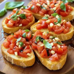 - 6 reife Tomaten, gewürfelt - 1/4 Tasse frisches Basilikum, gehackt - 2 Knoblauchzehen, fein gehackt Die Hauptzutaten sind einfach und frisch. Ich nutze reife Tomaten, weil sie süß und saftig sind. Frisches Basilikum fügt einen tollen Duft hinzu. Der Knoblauch gibt der Bruschetta einen scharfen Kick. Zusammen ergeben diese Zutaten ein köstliches Aroma. - 1 Esslöffel Balsamico-Essig - 2 Esslöffel natives Olivenöl extra - Salz und Pfeffer nach Geschmack - 1 französisches Baguette, in Scheiben geschnitten - 1/2 Teelöffel rote Pfefferflocken (optional) Diese Zutaten bringen die Bruschetta auf die nächste Stufe. Balsamico-Essig sorgt für einen süß-sauren Geschmack. Natives Olivenöl bringt Frische und gesunde Fette. Ich empfehle, das Baguette leicht zu rösten. Das macht es knusprig und perfekt für den Belag. Rote Pfefferflocken sind optional, aber sie geben einen schönen Schärfekick. Für das vollständige Rezept schauen Sie sich die [Full Recipe] an. Zuerst benötige ich die frischen Zutaten. Ich nehme die gewürfelten Tomaten und gebe sie in eine Schüssel. Dann füge ich das gehackte Basilikum und den fein gehackten Knoblauch hinzu. Es ist wichtig, dass ich frische Kräuter benutze, um den besten Geschmack zu erzielen. Als Nächstes kommt der Balsamico-Essig und das Olivenöl dazu. Ich vermenge alles gut. Nun würze ich die Mischung mit Salz und Pfeffer. Wenn ich es schärfer mag, füge ich rote Pfefferflocken hinzu. Ich lasse die Mischung etwa 15 bis 20 Minuten stehen. So können die Aromen sich gut verbinden. Während die Mischung mariniert, heize ich den Ofen auf 200°C vor. Ich schneide das Baguette in gleichmäßige Scheiben. Jede Scheibe bestreiche ich leicht mit Olivenöl. Dann lege ich die Baguettescheiben auf ein Backblech. Ich röste die Scheiben im Ofen für 5 bis 7 Minuten. Sie sollten goldbraun und knusprig sein. Sobald sie fertig sind, nehme ich sie aus dem Ofen und lasse sie kurz abkühlen. Jetzt kommt der beste Teil: das Anrichten! Ich nehme die Tomatenmischung und gebe sie großzügig auf die gerösteten Baguettescheiben. Um es schön zu präsentieren, lege ich die Bruschetta auf eine große Servierplatte. Ich träufle etwas Olivenöl darüber und dekoriere mit frischen Basilikumblättern. So sieht es nicht nur lecker aus, sondern schmeckt auch frisch und aromatisch. Wer die Vollständigkeit möchte, findet die genauen Schritte in der Full Recipe. Wählen Sie reife und aromatische Tomaten für die beste Bruschetta. Ich empfehle, die Tomaten im Sommer zu kaufen. Sie sind dann frisch und voll im Geschmack. Suchen Sie nach glänzenden, festen Tomaten ohne Druckstellen. Schneiden Sie das Baguette gleichmäßig. Das sorgt für eine schöne Präsentation. Verwenden Sie ein scharfes Messer, um die Scheiben etwa 1 bis 2 cm dick zu schneiden. Träufeln Sie das Olivenöl auf jede Scheibe, bevor Sie sie rösten. Das gibt dem Brot mehr Geschmack und macht es knusprig. Lassen Sie die Tomatenmischung etwa 15 bis 20 Minuten marinieren. So verbinden sich die Aromen besser. Fügen Sie zusätzliche Gewürze wie Oregano oder frischen Basilikum hinzu. Das gibt Ihrer Bruschetta einen besonderen Kick. Für mehr Schärfe können Sie rote Pfefferflocken verwenden. Diese Tipps helfen Ihnen, die perfekte klassische Tomaten-Bruschetta zuzubereiten. Sie werden den Unterschied schmecken! Für die vollständige Anleitung schauen Sie sich das [Full Recipe] an. {{image_4}} Um Bruschetta aufregender zu machen, kann man Feta-Käse oder Mozzarella hinzufügen. Diese Käsesorten bringen Cremigkeit und mehr Geschmack. Auch Avocado oder Oliven passen gut zur Tomatenmischung. Avocado macht die Bruschetta noch gesünder und gibt eine schöne Textur. Oliven sorgen für einen salzigen Kick. Das Brot ist wichtig für die Bruschetta. Ciabatta oder Vollkornbrot sind tolle Alternativen. Diese Brote geben der Bruschetta einen eigenen Charakter. Für Menschen mit Glutenunverträglichkeit gibt es glutenfreie Brote. Diese schmecken ebenso gut und sind eine gute Wahl. Um die Bruschetta vegan zu machen, kann man den Balsamico-Essig ersetzen. Es gibt viele vegane Essigsorten, die toll schmecken. Außerdem kann man pflanzliche Fette anstelle von Öl verwenden. Diese Optionen machen die Bruschetta für jeden zugänglich. Für das Full Recipe schauen Sie sich die vollständige Anleitung an und genießen Sie die Vielfalt! Die Tomatenmischung bleibt frisch, wenn du sie in einem luftdichten Behälter im Kühlschrank lagerst. So schützt du sie vor Luft und Feuchtigkeit. Achte darauf, dass die Mischung nicht zu lange im Kühlschrank bleibt. Sie ist am besten, wenn du sie innerhalb von zwei Tagen verzehrst. Nach drei Tagen kann die Frische abnehmen. Wenn du Reste hast, wirf sie nicht weg! Du kannst die Tomatenmischung einfach in einer Pasta-Sauce verwenden. Mische sie mit etwas Olivenöl und erhitze sie. Das gibt deiner Pasta tollen Geschmack. Auch als Belag für Pizza ist sie perfekt. Verteile die Mischung einfach auf dem Teig, bevor du ihn backst. Um das Baguette frisch und knusprig zu halten, bewahre es in einem Papiertuch auf. Vermeide Plastik, da es das Brot weich macht. Wenn du Baguettescheiben übrig hast, kannst du sie einfrieren. Lege sie in einen Gefrierbeutel und beschrifte diesen mit dem Datum. So hast du immer frisches Brot für deine Bruschetta bereit. Du kannst die Bruschetta-Mischung bis zu einem Tag im Voraus zubereiten. Bewahre sie in einem luftdichten Behälter im Kühlschrank auf. So bleiben die Aromen frisch. Das Brot solltest du jedoch erst kurz vor dem Servieren rösten. Dadurch bleibt es knusprig und lecker. Ja, du kannst Bruschetta warm servieren! Röste das Brot wie gewohnt und belege es mit der Tomatenmischung. Eine weitere Möglichkeit ist, die Tomatenmischung leicht zu erwärmen. Das gibt der Bruschetta einen neuen, köstlichen Geschmack. Achte darauf, die Tomaten nicht zu lange zu erhitzen, damit sie nicht matschig werden. Passende Beilagen sind einfach und lecker. Du kannst die Bruschetta mit einem frischen Salat servieren. Auch Olivenpaste oder Hummus sind tolle Dips dazu. Wenn du es würziger magst, probiere einen Schafskäse-Dip. Diese Beilagen ergänzen die Aromen der Bruschetta perfekt und machen dein Essen noch interessanter. [Full Recipe] Die klassische Tomaten-Bruschetta ist einfach und köstlich. Wir haben die Hauptzutaten wie reife Tomaten, frisches Basilikum und Knoblauch erkundet. Die Schritt-für-Schritt-Anleitung zeigt, wie du die Mischung zubereitest und das Brot perfekt röstest. Wir haben zudem wichtige Tipps gegeben, um die besten Zutaten zu wählen und den besten Geschmack zu erzielen. Denk daran, mit verschiedenen Variationen zu experimentieren, um deine perfekte Bruschetta zu finden. Egal wie du sie magst, sie bleibt ein Hit bei jedem Anlass.