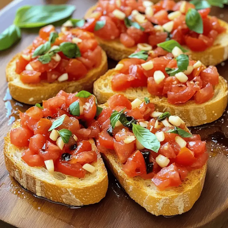 - 6 reife Tomaten, gewürfelt - 1/4 Tasse frisches Basilikum, gehackt - 2 Knoblauchzehen, fein gehackt Die Hauptzutaten sind einfach und frisch. Ich nutze reife Tomaten, weil sie süß und saftig sind. Frisches Basilikum fügt einen tollen Duft hinzu. Der Knoblauch gibt der Bruschetta einen scharfen Kick. Zusammen ergeben diese Zutaten ein köstliches Aroma. - 1 Esslöffel Balsamico-Essig - 2 Esslöffel natives Olivenöl extra - Salz und Pfeffer nach Geschmack - 1 französisches Baguette, in Scheiben geschnitten - 1/2 Teelöffel rote Pfefferflocken (optional) Diese Zutaten bringen die Bruschetta auf die nächste Stufe. Balsamico-Essig sorgt für einen süß-sauren Geschmack. Natives Olivenöl bringt Frische und gesunde Fette. Ich empfehle, das Baguette leicht zu rösten. Das macht es knusprig und perfekt für den Belag. Rote Pfefferflocken sind optional, aber sie geben einen schönen Schärfekick. Für das vollständige Rezept schauen Sie sich die [Full Recipe] an. Zuerst benötige ich die frischen Zutaten. Ich nehme die gewürfelten Tomaten und gebe sie in eine Schüssel. Dann füge ich das gehackte Basilikum und den fein gehackten Knoblauch hinzu. Es ist wichtig, dass ich frische Kräuter benutze, um den besten Geschmack zu erzielen. Als Nächstes kommt der Balsamico-Essig und das Olivenöl dazu. Ich vermenge alles gut. Nun würze ich die Mischung mit Salz und Pfeffer. Wenn ich es schärfer mag, füge ich rote Pfefferflocken hinzu. Ich lasse die Mischung etwa 15 bis 20 Minuten stehen. So können die Aromen sich gut verbinden. Während die Mischung mariniert, heize ich den Ofen auf 200°C vor. Ich schneide das Baguette in gleichmäßige Scheiben. Jede Scheibe bestreiche ich leicht mit Olivenöl. Dann lege ich die Baguettescheiben auf ein Backblech. Ich röste die Scheiben im Ofen für 5 bis 7 Minuten. Sie sollten goldbraun und knusprig sein. Sobald sie fertig sind, nehme ich sie aus dem Ofen und lasse sie kurz abkühlen. Jetzt kommt der beste Teil: das Anrichten! Ich nehme die Tomatenmischung und gebe sie großzügig auf die gerösteten Baguettescheiben. Um es schön zu präsentieren, lege ich die Bruschetta auf eine große Servierplatte. Ich träufle etwas Olivenöl darüber und dekoriere mit frischen Basilikumblättern. So sieht es nicht nur lecker aus, sondern schmeckt auch frisch und aromatisch. Wer die Vollständigkeit möchte, findet die genauen Schritte in der Full Recipe. Wählen Sie reife und aromatische Tomaten für die beste Bruschetta. Ich empfehle, die Tomaten im Sommer zu kaufen. Sie sind dann frisch und voll im Geschmack. Suchen Sie nach glänzenden, festen Tomaten ohne Druckstellen. Schneiden Sie das Baguette gleichmäßig. Das sorgt für eine schöne Präsentation. Verwenden Sie ein scharfes Messer, um die Scheiben etwa 1 bis 2 cm dick zu schneiden. Träufeln Sie das Olivenöl auf jede Scheibe, bevor Sie sie rösten. Das gibt dem Brot mehr Geschmack und macht es knusprig. Lassen Sie die Tomatenmischung etwa 15 bis 20 Minuten marinieren. So verbinden sich die Aromen besser. Fügen Sie zusätzliche Gewürze wie Oregano oder frischen Basilikum hinzu. Das gibt Ihrer Bruschetta einen besonderen Kick. Für mehr Schärfe können Sie rote Pfefferflocken verwenden. Diese Tipps helfen Ihnen, die perfekte klassische Tomaten-Bruschetta zuzubereiten. Sie werden den Unterschied schmecken! Für die vollständige Anleitung schauen Sie sich das [Full Recipe] an. {{image_4}} Um Bruschetta aufregender zu machen, kann man Feta-Käse oder Mozzarella hinzufügen. Diese Käsesorten bringen Cremigkeit und mehr Geschmack. Auch Avocado oder Oliven passen gut zur Tomatenmischung. Avocado macht die Bruschetta noch gesünder und gibt eine schöne Textur. Oliven sorgen für einen salzigen Kick. Das Brot ist wichtig für die Bruschetta. Ciabatta oder Vollkornbrot sind tolle Alternativen. Diese Brote geben der Bruschetta einen eigenen Charakter. Für Menschen mit Glutenunverträglichkeit gibt es glutenfreie Brote. Diese schmecken ebenso gut und sind eine gute Wahl. Um die Bruschetta vegan zu machen, kann man den Balsamico-Essig ersetzen. Es gibt viele vegane Essigsorten, die toll schmecken. Außerdem kann man pflanzliche Fette anstelle von Öl verwenden. Diese Optionen machen die Bruschetta für jeden zugänglich. Für das Full Recipe schauen Sie sich die vollständige Anleitung an und genießen Sie die Vielfalt! Die Tomatenmischung bleibt frisch, wenn du sie in einem luftdichten Behälter im Kühlschrank lagerst. So schützt du sie vor Luft und Feuchtigkeit. Achte darauf, dass die Mischung nicht zu lange im Kühlschrank bleibt. Sie ist am besten, wenn du sie innerhalb von zwei Tagen verzehrst. Nach drei Tagen kann die Frische abnehmen. Wenn du Reste hast, wirf sie nicht weg! Du kannst die Tomatenmischung einfach in einer Pasta-Sauce verwenden. Mische sie mit etwas Olivenöl und erhitze sie. Das gibt deiner Pasta tollen Geschmack. Auch als Belag für Pizza ist sie perfekt. Verteile die Mischung einfach auf dem Teig, bevor du ihn backst. Um das Baguette frisch und knusprig zu halten, bewahre es in einem Papiertuch auf. Vermeide Plastik, da es das Brot weich macht. Wenn du Baguettescheiben übrig hast, kannst du sie einfrieren. Lege sie in einen Gefrierbeutel und beschrifte diesen mit dem Datum. So hast du immer frisches Brot für deine Bruschetta bereit. Du kannst die Bruschetta-Mischung bis zu einem Tag im Voraus zubereiten. Bewahre sie in einem luftdichten Behälter im Kühlschrank auf. So bleiben die Aromen frisch. Das Brot solltest du jedoch erst kurz vor dem Servieren rösten. Dadurch bleibt es knusprig und lecker. Ja, du kannst Bruschetta warm servieren! Röste das Brot wie gewohnt und belege es mit der Tomatenmischung. Eine weitere Möglichkeit ist, die Tomatenmischung leicht zu erwärmen. Das gibt der Bruschetta einen neuen, köstlichen Geschmack. Achte darauf, die Tomaten nicht zu lange zu erhitzen, damit sie nicht matschig werden. Passende Beilagen sind einfach und lecker. Du kannst die Bruschetta mit einem frischen Salat servieren. Auch Olivenpaste oder Hummus sind tolle Dips dazu. Wenn du es würziger magst, probiere einen Schafskäse-Dip. Diese Beilagen ergänzen die Aromen der Bruschetta perfekt und machen dein Essen noch interessanter. [Full Recipe] Die klassische Tomaten-Bruschetta ist einfach und köstlich. Wir haben die Hauptzutaten wie reife Tomaten, frisches Basilikum und Knoblauch erkundet. Die Schritt-für-Schritt-Anleitung zeigt, wie du die Mischung zubereitest und das Brot perfekt röstest. Wir haben zudem wichtige Tipps gegeben, um die besten Zutaten zu wählen und den besten Geschmack zu erzielen. Denk daran, mit verschiedenen Variationen zu experimentieren, um deine perfekte Bruschetta zu finden. Egal wie du sie magst, sie bleibt ein Hit bei jedem Anlass.