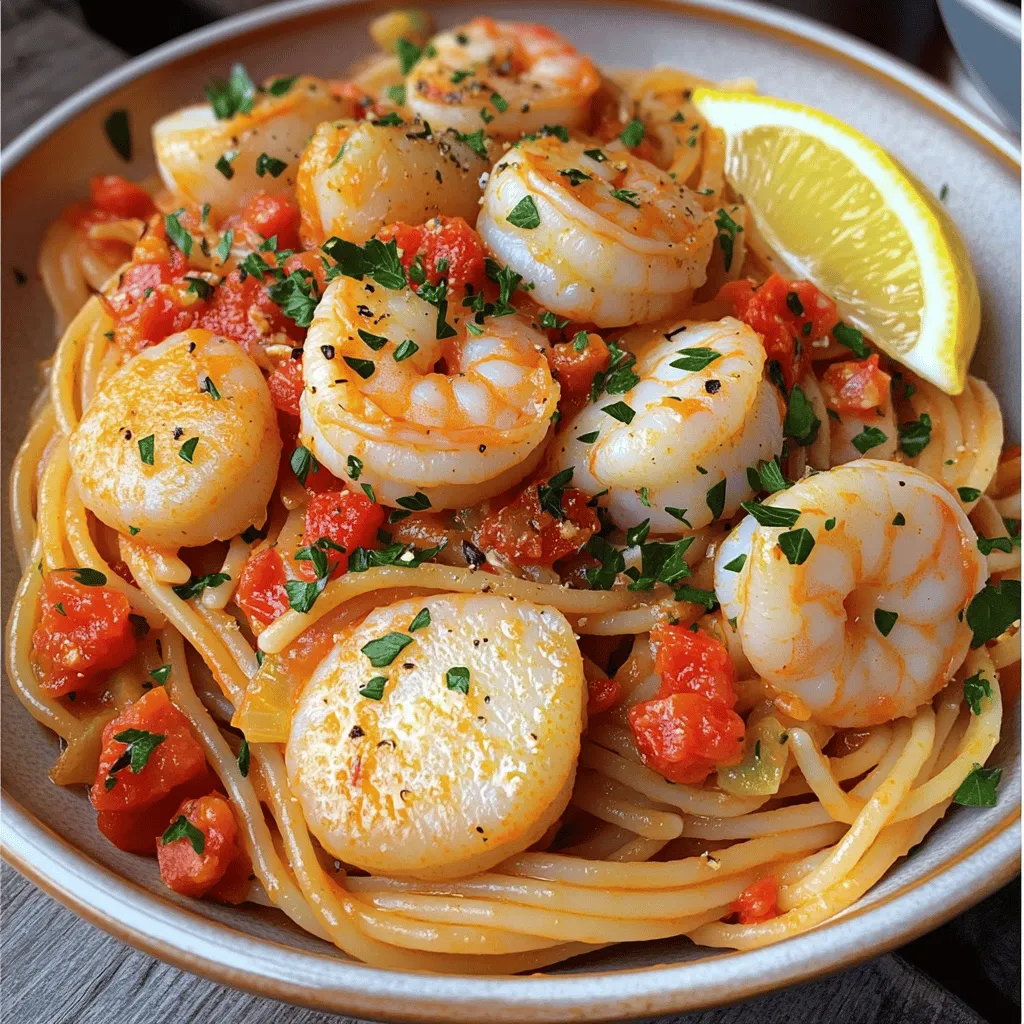 Für die leckere Seafood Pasta mit Garnelen und Jakobsmuscheln brauchst du: - 200g Spaghetti oder Linguine - 150g große Garnelen, geschält und entdarmt - 150g Jakobsmuscheln, gereinigt - 3 Esslöffel Olivenöl - 3 Knoblauchzehen, fein gehackt - 1 kleine Zwiebel, fein gewürfelt - 1 Dose (400g) gewürfelte Tomaten - 1 Teelöffel rote Pfefferflocken (nach Geschmack anpassen) - 1 Esslöffel frischer Zitronensaft - Salz und Pfeffer nach Geschmack - Frische Petersilie, gehackt, zur Garnierung - Schale von 1 Zitrone Diese Zutaten machen das Gericht frisch und aromatisch. Die Kombination aus Garnelen und Jakobsmuscheln bringt Meeresgeschmack auf deinen Teller. Für diese Pasta benötigst du: - Einen großen Topf - Eine große Pfanne - Ein Schneidebrett - Ein scharfes Messer - Einen Holzlöffel - Ein Sieb Diese Utensilien helfen dir, die Pasta perfekt zuzubereiten. Ein gutes Messer macht das Schneiden leicht und sicher. Wenn du frische Meeresfrüchte kaufst, achte auf: - Klare Augen bei Garnelen - Festigkeit der Jakobsmuscheln - Frischen Geruch, der nach Meer riecht Frische Meeresfrüchte sind der Schlüssel zu einem köstlichen Gericht. Kaufe sie am besten am Morgen, wenn die Auswahl groß ist. Achte darauf, dass du sie gut kühl hältst, bis du sie verwendest. Beginne mit einem großen Topf. Fülle ihn mit gesalzenem Wasser und bringe es zum Kochen. Koche 200g Spaghetti oder Linguine nach den Anweisungen auf der Verpackung. Achte darauf, dass die Pasta al dente bleibt. Wenn sie fertig ist, gieße sie ab, aber bewahre eine Tasse vom Nudelwasser auf. Diese Flüssigkeit hilft später, die Sauce zu lockern. In einer großen Pfanne erhitze 3 Esslöffel Olivenöl bei mittlerer Hitze. Füge 1 kleine, gewürfelte Zwiebel hinzu und brate sie 3-4 Minuten an, bis sie weich ist. Jetzt kommt 1 Esslöffel frischer Zitronensaft und 3 fein gehackte Knoblauchzehen dazu. Rühre 1 Teelöffel rote Pfefferflocken unter und koche alles für eine weitere Minute. Dann gieße eine Dose gewürfelte Tomaten in die Pfanne. Würze mit Salz und Pfeffer. Lass die Sauce 5-7 Minuten köcheln, bis sie dick wird. Jetzt ist es Zeit für die Meeresfrüchte. Gib 150g große Garnelen und 150g Jakobsmuscheln in die Pfanne. Koche sie 3-4 Minuten lang. Rühre vorsichtig, bis die Garnelen rosa und die Jakobsmuscheln opak sind. Füge dann die gekochte Pasta hinzu und vermische alles gut. Wenn die Mischung zu trocken ist, benutze etwas von dem Nudelwasser. Zum Schluss rühre die Zitronenschale unter. Sie gibt der Pasta einen frischen Geschmack. Du kannst diese leckere Seafood Pasta mit frischer Petersilie garnieren. Jetzt bist du bereit, deine köstliche Kreation zu servieren! Für das vollständige Rezept, schau dir den Abschnitt "Full Recipe" an. Ein häufiger Fehler ist, die Meeresfrüchte zu lange zu garen. Das führt zu zähem Fleisch. Achte darauf, die Garnelen nur bis zur rosa Farbe zu kochen. Jakobsmuscheln sollten opak sein. Ein weiterer Fehler ist die Verwendung von zu viel Salz. Die Tomaten bringen bereits Geschmack. Verwende frische Zutaten, um die besten Aromen zu erzielen. Die Basis für einen tollen Geschmack sind die Gewürze. Du kannst frische Kräuter wie Basilikum oder Thymian hinzufügen. Experimentiere mit der Menge roter Pfefferflocken, um die Schärfe anzupassen. Zitronensaft bringt Frische. Probiere auch Limette oder Orange für einen anderen Twist. Die richtige Balance ist der Schlüssel. Die Präsentation ist wichtig für das Gesamtbild. Serviere die Pasta in breiten, flachen Schalen. Garniere mit frischer Petersilie für Farbe. Ein Zitronenschnitz macht es einladender. Ein Spritzer Olivenöl oben drauf sorgt für Glanz. Denke an die Farben; ein buntes Gericht sieht immer besser aus. {{image_4}} Wenn du eine vegetarische Option suchst, probiere Gemüse als Hauptzutat. Du kannst Zucchini, Paprika und Champignons verwenden. Diese Gemüse bringen Frische und Geschmack. Ersetze die Garnelen und Jakobsmuscheln durch gebratene Tofuwürfel. Tofu nimmt die Aromen gut auf und macht das Gericht herzhaft. Du kannst auch andere Meeresfrüchte nutzen, um Abwechslung zu schaffen. Mische Muscheln, Tintenfisch oder sogar Lachs in deine Pasta. Diese Zutaten bieten unterschiedliche Texturen und Geschmäcker. Achte darauf, die Garzeiten anzupassen. Muscheln benötigen weniger Zeit, während Lachs länger kocht. Die Wahl der Zutaten kann je nach Saison variieren. Im Sommer sind frische Kräuter wie Basilikum und Tomaten ideal. Im Herbst kannst du Kürbis oder Spinat hinzufügen. Diese Zutaten bereichern den Geschmack und die Farbe deiner Pasta. Verwende, was gerade frisch und lecker ist, um die beste Qualität zu gewährleisten. Um Reste der Seafood Pasta richtig zu lagern, lasse die Pasta zuerst abkühlen. Platziere die Reste in einem luftdichten Behälter. So bleibt der Geschmack frisch. Vermeide, die Pasta länger als zwei Tage im Kühlschrank zu lassen. Im Kühlschrank hält sich die Pasta etwa zwei bis drei Tage. Wenn du die Pasta länger aufbewahren möchtest, friere sie ein. Verwende dafür einen gefrierfesten Behälter. Die Pasta kann bis zu drei Monate im Gefrierschrank bleiben. Achte darauf, die Pasta gut zu verpacken, damit sie nicht austrocknet. Um die Pasta wieder aufzuwärmen, verwende eine Pfanne. Erhitze sie bei mittlerer Temperatur und füge einen Spritzer Wasser oder Olivenöl hinzu. Das hilft, die Pasta feucht zu halten. Rühre die Pasta gut um, damit sie gleichmäßig warm wird. Du kannst auch die Mikrowelle nutzen, aber achte darauf, die Pasta nicht zu überhitzen. Die Zubereitung dauert etwa 30 Minuten. Die Vorbereitungszeit ist etwa 15 Minuten. Das Kochen der Pasta und das Garen der Meeresfrüchte nehmen den Rest der Zeit in Anspruch. So kannst du schnell ein leckeres Gericht zaubern! Ja, gefrorene Meeresfrüchte sind eine gute Wahl. Sie sind oft frisch gefangen und gut verpackt. Achte darauf, sie vorher gut auftauen zu lassen. Dies hilft, die richtige Textur zu erhalten. Du kannst sie auch direkt aus dem Gefrierschrank in die Pfanne geben. Das verlängert die Kochzeit um ein paar Minuten. Zu dieser Pasta passen viele Beilagen. Frischer grüner Salat bringt Frische. Knoblauchbrot ist immer eine beliebte Wahl. Auch gegrilltes Gemüse ergänzt das Gericht gut. Du kannst auch etwas Weißwein dazu servieren, um den Geschmack zu heben. Die klassische Variante mit Spaghetti oder Linguine ist nicht glutenfrei. Du kannst jedoch glutenfreie Pasta verwenden. Achte darauf, die Kochzeit entsprechend anzupassen. So genießt du die Pasta ohne Gluten und ohne Kompromisse beim Geschmack. Für die vollständige Rezeptanleitung, schau dir das [Full Recipe] an. Zusammenfassend haben wir die wichtigsten Zutaten und Utensilien für Seafood Pasta besprochen. Du hast zudem gelernt, wie man die Pasta zubereitet, Meeresfrüchte gart und häufige Fehler vermeidet. Variationen und Lagerungshinweise runden das Thema ab. Mit diesen Tipps kannst du leckere Seafood Pasta einfach selbst machen. Experimentiere mit neuen Aromen und genieße das Kochen!