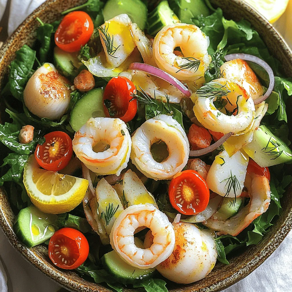 - Gekochte Garnelen, Jakobsmuscheln und Calamari - Gemischte Blattsalate und frisches Gemüse - Gewürze, Dressings und Garnituren Um einen frischen Seafood Salad zuzubereiten, benötigst du einige wichtige Zutaten. Die Hauptzutaten sind leckere Meeresfrüchte. Ich empfehle: - 1 Tasse gekochte Garnelen, geschält und entdarmt - 1 Tasse gekochte Jakobsmuscheln, grob gehackt - 1 Tasse Calamari-Ringe, gekocht und in Scheiben geschnitten Diese Zutaten bringen den Geschmack des Meeres auf deinen Teller. Sie sind nahrhaft und machen den Salat besonders lecker. Zusätzlich benötigst du frische Salatzutaten. Verwende: - 1 Tasse gemischte Blattsalate (Rucola, Spinat und Baby-Grünkohl) - 1/2 Tasse Kirschtomaten, halbiert - 1/2 Gurke, gewürfelt - 1/4 rote Zwiebel, dünn in Ringe geschnitten - 1/4 Tasse schwarze Oliven, in Scheiben - 2 Esslöffel Kapern, abgespült - 1 Avocado, gewürfelt Diese frischen Zutaten sorgen für eine bunte und gesunde Basis. Sie geben dem Salat Textur und Farbe. Für das Dressing und die Gewürze benötigst du: - Saft von 1 Zitrone - 3 Esslöffel Olivenöl - Salz und Pfeffer nach Geschmack - Frischer Dill zur Garnitur Das Dressing verbindet alle Aromen. Es sorgt für einen frischen, zitrusartigen Geschmack. Diese Zutaten findest du in jedem Supermarkt. Du kannst sie einfach kombinieren und sofort genießen. Wenn du mehr über die Zubereitung erfahren möchtest, schau dir das [Full Recipe] an. Beginne mit gekochten Meeresfrüchten. Du kannst Garnelen, Jakobsmuscheln und Calamari verwenden. Um die Meeresfrüchte korrekt zu vermengen, lege alle gekochten Teile in eine große Schüssel. Achte darauf, sie vorsichtig zu mischen. So bleiben sie ganz und lecker. Ein wichtiger Tipp ist, die Meeresfrüchte sanft zu behandeln. Wenn du sie zu stark drückst, können sie zerfallen. Halte die Mischung locker und gleichmäßig. Das gibt deinem Salat die beste Textur. Jetzt ist es Zeit, den Salat zusammenzustellen. Füge zuerst die gemischten Blattsalate hinzu. Du kannst Rucola, Spinat oder Baby-Grünkohl verwenden. Dann kommen die Kirschtomaten, Gurke, rote Zwiebel, schwarze Oliven und Kapern dazu. Diese frischen Zutaten bringen Farbe und Geschmack in den Salat. Für das Dressing mischst du den Zitronensaft und das Olivenöl. Ein Spritzer Salz und Pfeffer rundet den Geschmack ab. Gieße das Dressing gleichmäßig über den Salat und mische alles behutsam. So bleibt alles schön frisch. Mische die Zutaten gut, aber achte darauf, die Meeresfrüchte nicht zu zerbrechen. Nach dem Mischen füge die gewürfelte Avocado hinzu. Diese bringt Cremigkeit und einen tollen Geschmack. Hebe sie vorsichtig unter, damit sie ganz bleibt. Lass den Salat etwa 5 Minuten ruhen. So können sich die Aromen verbinden. Serviere den Salat sofort. Du kannst ihn in einzelnen Schüsseln anrichten oder auf einer großen Platte präsentieren. Garniere mit frischem Dill und zusätzlichen Zitronenschnitzen für einen schönen Look. Für das volle Rezept, schau dir den *Full Recipe* an. Um den besten Geschmack zu erzielen, benutze immer frische Zutaten. Frische Meeresfrüchte geben dem Salat das Beste an Aroma. Achte darauf, dass deine Garnelen, Jakobsmuscheln und Calamari frisch und von hoher Qualität sind. Das verbessert den gesamten Geschmack des Salats. Minimiere die Vorbereitungszeit, indem du alles vorher bereitstellst. Wasche und schneide das Gemüse im Voraus. So vermeidest du Stress und kannst den Salat schnell zubereiten. Plane etwa 15 Minuten für die gesamte Zubereitung ein. Diese Zeit reicht aus, um ein leckeres Gericht zu zaubern. Für die Zubereitung des Salats benötigst du einige einfache Werkzeuge: - Eine große Rührschüssel - Ein scharfes Messer - Ein Schneidebrett - Eine Zitruspresse Diese Utensilien helfen dir, die Zutaten schnell und einfach zu verarbeiten. Achte darauf, beim Schneiden vorsichtig zu sein, besonders bei Zwiebeln. Schneide sie in dünne Ringe, damit sie mild im Geschmack bleiben. Beim Mischen der Zutaten sei sanft. Du willst die zarten Meeresfrüchte nicht zerdrücken. Mische alles vorsichtig, um die Aromen gut zu verbinden. Das sorgt für ein tolles Geschmackserlebnis. {{image_4}} Du kannst deinen Seafood Salad ganz leicht variieren. Nutze Thunfisch oder Hummer, wenn du etwas anderes willst. Thunfisch aus der Dose ist eine schnelle Option. Hummer gibt dem Salat einen luxuriösen Touch. Beide Optionen bringen tollen Geschmack. Wenn du Allergien hast, ist es wichtig, sicher zu sein. Vermeide Schalentiere, wenn du allergisch bist. Du kannst auch andere Fische wie Lachs verwenden. Achte darauf, was für dich passt, damit du sicher genießen kannst. Für eine vegetarische oder vegane Version gibt es viele Möglichkeiten. Du kannst Meeresfrüchte durch Hülsenfrüchte ersetzen. Kichererbsen oder schwarze Bohnen sind tolle Optionen. Sie geben Protein und einen guten Biss. Du kannst auch kreative Basteloptionen verwenden. Probiere, deinen Salat mit Tofu oder Tempeh zu machen. Diese Zutaten sind nahrhaft und passen gut. So hast du eine leckere und gesunde Mahlzeit. Um den Seafood Salad frisch zu halten, lagere ihn im Kühlschrank. Benutze einen luftdichten Behälter. So bleibt der Salat knackig und frisch. Der Seafood Salad hält sich bis zu zwei Tage. Nach dieser Zeit können die Meeresfrüchte ihren Geschmack verlieren. Achte darauf, den Salat nicht bei Raumtemperatur stehen zu lassen. Das kann die Haltbarkeit stark verringern. Hast du Reste vom Seafood Salad? Nutze sie in anderen Gerichten! Du kannst die Reste in eine Wrap-Füllung geben oder sie auf Pasta servieren. So schmecken sie ganz anders und sind dennoch lecker. Wenn du den Salat für den nächsten Tag aufbereiten möchtest, lasse die Avocado weg. Füge sie erst kurz vor dem Servieren hinzu. So bleibt sie frisch und grün. Du kannst auch einen Spritzer Zitronensaft hinzufügen, um die Frische zu bewahren. Ein typischer Seafood Salad hat viele leckere Zutaten. Du kannst Garnelen, Jakobsmuscheln und Calamari verwenden. Diese Meeresfrüchte bringen frischen Geschmack. Beliebte Variationen sind: - Avocado für Cremigkeit - Kirschtomaten für Süße - Oliven für einen salzigen Biss Du kannst auch verschiedene Blattsalate nutzen, wie Rucola oder Spinat. Das gibt dem Salat mehr Textur. Mit Kapern und Zwiebeln fügst du einen tollen Geschmack hinzu. Ja, du kannst den Salat im Voraus machen. Das spart Zeit beim Essen. Mische die Meeresfrüchte und das Gemüse zusammen. Lass die Dressings jedoch separat. So bleibt alles frisch. Du kannst den Salat bis zu zwei Stunden vorher zubereiten. Stelle ihn im Kühlschrank kühl. Ja, Seafood Salad ist sehr gesund. Meeresfrüchte sind reich an Proteinen und Omega-3-Fettsäuren. Diese unterstützen das Herz. Gemüse bringt viele Vitamine und Mineralstoffe mit. Avocado hat gesunde Fette. Insgesamt bietet der Salat viele Nährstoffe. Es ist eine gute Wahl für gesunde Mahlzeiten. Du kannst das Rezept für den Ocean Bliss Meeresfrüchtesalat ausprobieren. Der Seafood Salad kombiniert frische Meeresfrüchte, knackiges Gemüse und leckere Gewürze. In der Anleitung habe ich erklärt, wie man die Zutaten richtig vorbereitet und einen schmackhaften Salat zusammenstellt. Mit meinen Tipps erhältst du perfekte Aromen und sparst Zeit. Variationen bieten dir Alternativen bei Allergien oder für vegetarische Freunde. Auch die richtige Lagerung und Nutzung von Resten habe ich behandelt. Zögere nicht, diesen tollen Salat auszuprobieren. Er ist nicht nur gesund, sondern auch ein echter Genuss!