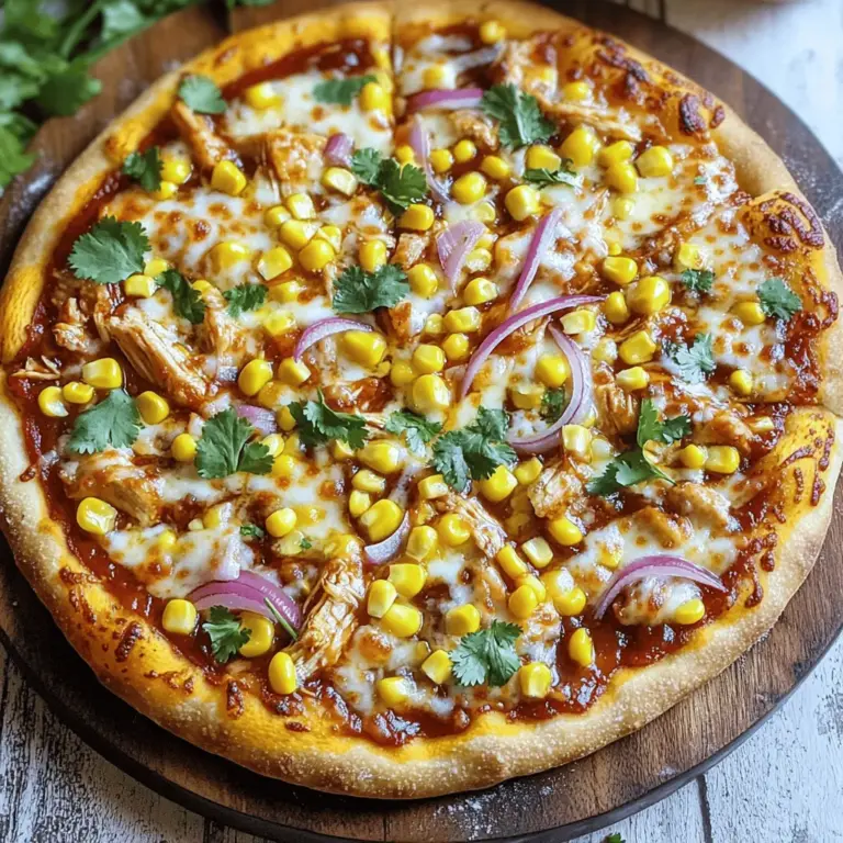 Um eine leckere BBQ Chicken Pizza zuzubereiten, brauchst du folgende Hauptzutaten: - 1 fertigen Pizzateig (aus dem Laden oder selbstgemacht) - 1 Tasse gekochtes Hähnchen, zerrupft - 1/2 Tasse BBQ-Sauce (deine Lieblingssorte) - 1 Tasse Mozzarella-Käse, gerieben - 1/2 rote Zwiebel, dünn geschnitten - 1/2 Tasse Maiskörner (aus der Dose oder gefroren, aufgetaut) - 1/4 Tasse frischer Koriander, gehackt (zum Garnieren) - Olivenöl (zum Beträufeln) - Salz und Pfeffer nach Geschmack Diese Zutaten machen deine Pizza saftig und voller Geschmack. Das zerrupfte Hähnchen bringt die BBQ-Sauce perfekt zur Geltung. Für eine tolle Kruste empfehle ich folgende Zutaten: - 2 Tassen Mehl - 1 Päckchen Trockenhefe - 1 Tasse warmes Wasser - 1 Teelöffel Zucker - 1 Teelöffel Salz - 1 Esslöffel Olivenöl Diese Zutaten geben der Kruste den richtigen Biss. Du kannst auch etwas Maismehl verwenden, um das Backen einfacher zu machen. Wenn du deine eigene BBQ-Sauce machen möchtest, probiere diese Zutaten: - 1 Tasse Ketchup - 1/4 Tasse Apfelessig - 1/4 Tasse Honig oder brauner Zucker - 1 Teelöffel Paprika - 1 Teelöffel Knoblauchpulver - 1 Teelöffel Zwiebelpulver Mit diesen Zutaten kannst du die Sauce nach deinem Geschmack anpassen. Mische sie gut und koche sie kurz, um die Aromen zu vereinen. So hast du eine frische und leckere BBQ-Sauce für deine Pizza. Für das vollständige Rezept schau dir die Full Recipe an. Zuerst bereite das Hähnchen vor. Nimm gekochtes Hähnchen und zerrupfe es in kleine Stücke. In einer großen Schüssel vermische das zerrupfte Hähnchen mit deiner Lieblings-BBQ-Sauce. Rühre gut um, bis das Hähnchen gleichmäßig bedeckt ist. Lass die Mischung beiseite, während du den Rest vorbereitest. Heize deinen Ofen jetzt auf 245°C vor. Falls du selbstgemachten Teig hast, rolle ihn auf einer bemehlten Fläche aus. Wenn du fertigen Teig benutzt, lege ihn einfach auf einen Pizzastein oder ein Backblech. Achte darauf, dass der Teig gleichmäßig dick ist, damit die Pizza gut backt. Bestreiche den ausgerollten Teig mit einer dünnen Schicht BBQ-Sauce. Lass dabei einen kleinen Rand frei. Verteile die BBQ-Hähnchen-Mischung gleichmäßig über die Sauce. Dann bedecke die Mischung mit geriebenem Mozzarella-Käse. Streue dünn geschnittene rote Zwiebel und Maiskörner darüber. Beträufle die Pizza mit etwas Olivenöl und würze nach Geschmack. Backe die Pizza im Ofen für 12-15 Minuten. Der Käse sollte blubbern und der Rand goldbraun sein. Lass die Pizza kurz abkühlen, bevor du sie mit frisch gehacktem Koriander garnierst. Um einen knusprigen Boden zu bekommen, gibt es einige einfache Tipps. Verwende immer einen heißen Pizzastein oder ein Backblech. Heize deinen Ofen auf die höchste Temperatur vor. Das hilft, die Feuchtigkeit schnell zu entziehen. Rolle den Teig dünn aus. Dicke Böden werden oft weich. Ein häufiger Fehler ist, zu viel Sauce zu verwenden. Zu viel Flüssigkeit macht den Boden matschig. Stelle sicher, dass die Sauce gleichmäßig verteilt ist. Achte darauf, dass der Käse gut schmilzt, aber nicht verbrennt. Die perfekte Temperatur für deine BBQ Chicken Pizza liegt bei 245°C. Backe die Pizza etwa 12 bis 15 Minuten. Achte darauf, dass der Käse blubbert und der Rand goldbraun ist. Bei diesen Temperaturen wird die Pizza knusprig und lecker. Diese Tipps helfen dir, eine tolle BBQ Chicken Pizza zu zaubern. Du kannst auch die [Full Recipe](#) für genaue Schritte nachlesen. {{image_4}} Du kannst die BBQ Chicken Pizza leicht in eine vegetarische Pizza verwandeln. Ersetze das Hähnchen durch gegrilltes Gemüse wie Paprika, Zucchini oder Pilze. Diese geben der Pizza einen tollen Geschmack. Verwende auch eine BBQ-Sauce auf Basis von Tomaten oder Pfirsichen. Diese Saucen bringen süße und rauchige Aromen. Füge etwas Feta-Käse oder Ziegenkäse hinzu, um die Pizza cremiger zu machen. Wenn du es gerne üppig magst, füge zusätzliche Toppings hinzu. Probiere Ananas für einen fruchtigen Kick oder Jalapeños für etwas Schärfe. Auch Speckstreifen passen gut dazu. Sie geben einen rauchigen Geschmack. Du kannst auch verschiedene Käsesorten verwenden. Gouda oder Cheddar bringen einen anderen Twist in die Pizza. Experimentiere mit Toppings, um deinen eigenen Lieblingsgeschmack zu finden. Die BBQ Chicken Pizza kann regional angepasst werden. In Texas könntest du sie mit scharfer BBQ-Sauce machen. In Kalifornien sind frische Zutaten wie Avocado beliebt. In Italien kannst du Basilikum und Mozzarella hinzufügen. Diese Variationen zeigen, wie vielseitig diese Pizza ist. Lass deiner Kreativität freien Lauf und finde deinen eigenen Stil. Eine einfache, aber köstliche Mahlzeit kann so viele Gesichter haben. Um deine übrig gebliebene BBQ Chicken Pizza frisch zu halten, lege sie in einen luftdichten Behälter. Du kannst die Pizza auch in Frischhaltefolie einwickeln. So bleibt der Geschmack erhalten. Lagere die Pizza im Kühlschrank. Sie hält sich dort bis zu drei Tage. Wenn du die Pizza länger aufbewahren möchtest, friere sie ein. Packe die Stücke in einen Gefrierbeutel und entferne die Luft. So bleibt die Pizza bis zu drei Monate gut. Um die BBQ Chicken Pizza aufzuwärmen, benutze den Ofen. Heize den Ofen auf 190°C vor. Lege die Pizza auf ein Backblech und backe sie 10 bis 15 Minuten. So wird der Boden knusprig und der Käse schmilzt perfekt. Du kannst die Pizza auch in der Mikrowelle aufwärmen. Stelle die Mikrowelle auf mittlere Leistung und erwärme die Pizza für 1 bis 2 Minuten. Dies ist schneller, macht die Pizza aber weniger knusprig. Für die Meal Prep kannst du die BBQ Chicken Pizza ganz einfach vorbereiten. Bereite den Pizzateig und die Hähnchenmischung im Voraus zu. Bewahre beides getrennt im Kühlschrank auf. Du kannst die Pizza auch vorkochen und dann einfrieren. So hast du eine schnelle Mahlzeit, wenn du wenig Zeit hast. Einfach aufwärmen und genießen. Diese Methode spart Zeit und macht das Essen lecker und frisch. Um die beste BBQ-Sauce zu machen, mische einfach verschiedene Zutaten. Du kannst Ketchup, Honig, Senf und Apfelessig verwenden. Diese Mischung gibt der Sauce Süße und einen tollen Geschmack. Füge auch etwas geräuchertes Paprikapulver oder Knoblauch hinzu. Das gibt zusätzlichen Geschmack. Lass die Sauce ein paar Minuten köcheln, damit sich die Aromen verbinden. Die Sauce sollte dick und klebrig sein, ideal für deine Pizza. Ja, gefrorenes Hähnchen ist eine gute Wahl. Stelle sicher, dass du es vorher gut auftauen lässt. Das Hähnchen sollte zart und saftig sein, wenn du es verwendest. Du kannst es in der Mikrowelle auftauen oder über Nacht im Kühlschrank lassen. So bekommst du die beste Textur für deine BBQ Chicken Pizza. Zu BBQ Chicken Pizza passen viele Beilagen. Ein frischer grüner Salat gibt einen tollen Kontrast. Auch gegrilltes Gemüse ist eine gute Wahl. Wenn du es herzhaft magst, probiere knusprige Pommes frites oder Nachos. Diese Beilagen ergänzen den Geschmack der Pizza perfekt. Zusammenfassend haben wir die Zutaten für BBQ Chicken Pizza, die Zubereitung und die besten Tipps behandelt. Jede Zutat trägt zum Geschmack bei. Die richtige Backtechnik sorgt für eine perfekte Kruste. Denk an die Lagerung und Aufwärm-Tricks, damit nichts verloren geht. Variationen wie vegetarische Optionen machen das Rezept vielseitig. Sei stolz auf deine BBQ-Pizza! Sie wird sicher viele Kauflustige und begeisterte Gesichter bringen.