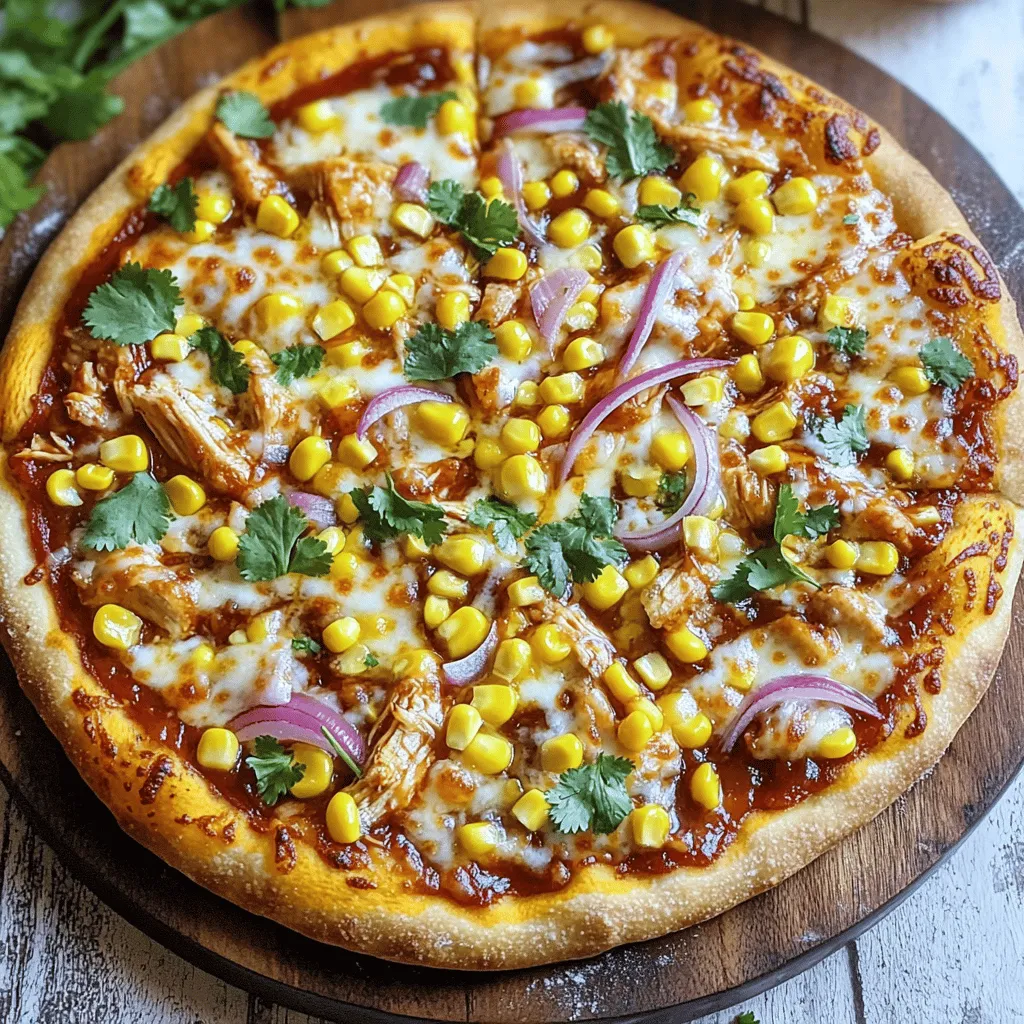Um eine leckere BBQ Chicken Pizza zuzubereiten, brauchst du folgende Hauptzutaten: - 1 fertigen Pizzateig (aus dem Laden oder selbstgemacht) - 1 Tasse gekochtes Hähnchen, zerrupft - 1/2 Tasse BBQ-Sauce (deine Lieblingssorte) - 1 Tasse Mozzarella-Käse, gerieben - 1/2 rote Zwiebel, dünn geschnitten - 1/2 Tasse Maiskörner (aus der Dose oder gefroren, aufgetaut) - 1/4 Tasse frischer Koriander, gehackt (zum Garnieren) - Olivenöl (zum Beträufeln) - Salz und Pfeffer nach Geschmack Diese Zutaten machen deine Pizza saftig und voller Geschmack. Das zerrupfte Hähnchen bringt die BBQ-Sauce perfekt zur Geltung. Für eine tolle Kruste empfehle ich folgende Zutaten: - 2 Tassen Mehl - 1 Päckchen Trockenhefe - 1 Tasse warmes Wasser - 1 Teelöffel Zucker - 1 Teelöffel Salz - 1 Esslöffel Olivenöl Diese Zutaten geben der Kruste den richtigen Biss. Du kannst auch etwas Maismehl verwenden, um das Backen einfacher zu machen. Wenn du deine eigene BBQ-Sauce machen möchtest, probiere diese Zutaten: - 1 Tasse Ketchup - 1/4 Tasse Apfelessig - 1/4 Tasse Honig oder brauner Zucker - 1 Teelöffel Paprika - 1 Teelöffel Knoblauchpulver - 1 Teelöffel Zwiebelpulver Mit diesen Zutaten kannst du die Sauce nach deinem Geschmack anpassen. Mische sie gut und koche sie kurz, um die Aromen zu vereinen. So hast du eine frische und leckere BBQ-Sauce für deine Pizza. Für das vollständige Rezept schau dir die Full Recipe an. Zuerst bereite das Hähnchen vor. Nimm gekochtes Hähnchen und zerrupfe es in kleine Stücke. In einer großen Schüssel vermische das zerrupfte Hähnchen mit deiner Lieblings-BBQ-Sauce. Rühre gut um, bis das Hähnchen gleichmäßig bedeckt ist. Lass die Mischung beiseite, während du den Rest vorbereitest. Heize deinen Ofen jetzt auf 245°C vor. Falls du selbstgemachten Teig hast, rolle ihn auf einer bemehlten Fläche aus. Wenn du fertigen Teig benutzt, lege ihn einfach auf einen Pizzastein oder ein Backblech. Achte darauf, dass der Teig gleichmäßig dick ist, damit die Pizza gut backt. Bestreiche den ausgerollten Teig mit einer dünnen Schicht BBQ-Sauce. Lass dabei einen kleinen Rand frei. Verteile die BBQ-Hähnchen-Mischung gleichmäßig über die Sauce. Dann bedecke die Mischung mit geriebenem Mozzarella-Käse. Streue dünn geschnittene rote Zwiebel und Maiskörner darüber. Beträufle die Pizza mit etwas Olivenöl und würze nach Geschmack. Backe die Pizza im Ofen für 12-15 Minuten. Der Käse sollte blubbern und der Rand goldbraun sein. Lass die Pizza kurz abkühlen, bevor du sie mit frisch gehacktem Koriander garnierst. Um einen knusprigen Boden zu bekommen, gibt es einige einfache Tipps. Verwende immer einen heißen Pizzastein oder ein Backblech. Heize deinen Ofen auf die höchste Temperatur vor. Das hilft, die Feuchtigkeit schnell zu entziehen. Rolle den Teig dünn aus. Dicke Böden werden oft weich. Ein häufiger Fehler ist, zu viel Sauce zu verwenden. Zu viel Flüssigkeit macht den Boden matschig. Stelle sicher, dass die Sauce gleichmäßig verteilt ist. Achte darauf, dass der Käse gut schmilzt, aber nicht verbrennt. Die perfekte Temperatur für deine BBQ Chicken Pizza liegt bei 245°C. Backe die Pizza etwa 12 bis 15 Minuten. Achte darauf, dass der Käse blubbert und der Rand goldbraun ist. Bei diesen Temperaturen wird die Pizza knusprig und lecker. Diese Tipps helfen dir, eine tolle BBQ Chicken Pizza zu zaubern. Du kannst auch die [Full Recipe](#) für genaue Schritte nachlesen. {{image_4}} Du kannst die BBQ Chicken Pizza leicht in eine vegetarische Pizza verwandeln. Ersetze das Hähnchen durch gegrilltes Gemüse wie Paprika, Zucchini oder Pilze. Diese geben der Pizza einen tollen Geschmack. Verwende auch eine BBQ-Sauce auf Basis von Tomaten oder Pfirsichen. Diese Saucen bringen süße und rauchige Aromen. Füge etwas Feta-Käse oder Ziegenkäse hinzu, um die Pizza cremiger zu machen. Wenn du es gerne üppig magst, füge zusätzliche Toppings hinzu. Probiere Ananas für einen fruchtigen Kick oder Jalapeños für etwas Schärfe. Auch Speckstreifen passen gut dazu. Sie geben einen rauchigen Geschmack. Du kannst auch verschiedene Käsesorten verwenden. Gouda oder Cheddar bringen einen anderen Twist in die Pizza. Experimentiere mit Toppings, um deinen eigenen Lieblingsgeschmack zu finden. Die BBQ Chicken Pizza kann regional angepasst werden. In Texas könntest du sie mit scharfer BBQ-Sauce machen. In Kalifornien sind frische Zutaten wie Avocado beliebt. In Italien kannst du Basilikum und Mozzarella hinzufügen. Diese Variationen zeigen, wie vielseitig diese Pizza ist. Lass deiner Kreativität freien Lauf und finde deinen eigenen Stil. Eine einfache, aber köstliche Mahlzeit kann so viele Gesichter haben. Um deine übrig gebliebene BBQ Chicken Pizza frisch zu halten, lege sie in einen luftdichten Behälter. Du kannst die Pizza auch in Frischhaltefolie einwickeln. So bleibt der Geschmack erhalten. Lagere die Pizza im Kühlschrank. Sie hält sich dort bis zu drei Tage. Wenn du die Pizza länger aufbewahren möchtest, friere sie ein. Packe die Stücke in einen Gefrierbeutel und entferne die Luft. So bleibt die Pizza bis zu drei Monate gut. Um die BBQ Chicken Pizza aufzuwärmen, benutze den Ofen. Heize den Ofen auf 190°C vor. Lege die Pizza auf ein Backblech und backe sie 10 bis 15 Minuten. So wird der Boden knusprig und der Käse schmilzt perfekt. Du kannst die Pizza auch in der Mikrowelle aufwärmen. Stelle die Mikrowelle auf mittlere Leistung und erwärme die Pizza für 1 bis 2 Minuten. Dies ist schneller, macht die Pizza aber weniger knusprig. Für die Meal Prep kannst du die BBQ Chicken Pizza ganz einfach vorbereiten. Bereite den Pizzateig und die Hähnchenmischung im Voraus zu. Bewahre beides getrennt im Kühlschrank auf. Du kannst die Pizza auch vorkochen und dann einfrieren. So hast du eine schnelle Mahlzeit, wenn du wenig Zeit hast. Einfach aufwärmen und genießen. Diese Methode spart Zeit und macht das Essen lecker und frisch. Um die beste BBQ-Sauce zu machen, mische einfach verschiedene Zutaten. Du kannst Ketchup, Honig, Senf und Apfelessig verwenden. Diese Mischung gibt der Sauce Süße und einen tollen Geschmack. Füge auch etwas geräuchertes Paprikapulver oder Knoblauch hinzu. Das gibt zusätzlichen Geschmack. Lass die Sauce ein paar Minuten köcheln, damit sich die Aromen verbinden. Die Sauce sollte dick und klebrig sein, ideal für deine Pizza. Ja, gefrorenes Hähnchen ist eine gute Wahl. Stelle sicher, dass du es vorher gut auftauen lässt. Das Hähnchen sollte zart und saftig sein, wenn du es verwendest. Du kannst es in der Mikrowelle auftauen oder über Nacht im Kühlschrank lassen. So bekommst du die beste Textur für deine BBQ Chicken Pizza. Zu BBQ Chicken Pizza passen viele Beilagen. Ein frischer grüner Salat gibt einen tollen Kontrast. Auch gegrilltes Gemüse ist eine gute Wahl. Wenn du es herzhaft magst, probiere knusprige Pommes frites oder Nachos. Diese Beilagen ergänzen den Geschmack der Pizza perfekt. Zusammenfassend haben wir die Zutaten für BBQ Chicken Pizza, die Zubereitung und die besten Tipps behandelt. Jede Zutat trägt zum Geschmack bei. Die richtige Backtechnik sorgt für eine perfekte Kruste. Denk an die Lagerung und Aufwärm-Tricks, damit nichts verloren geht. Variationen wie vegetarische Optionen machen das Rezept vielseitig. Sei stolz auf deine BBQ-Pizza! Sie wird sicher viele Kauflustige und begeisterte Gesichter bringen.