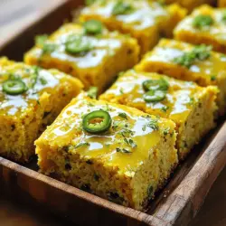 Für mein Jalapeño Cornbread brauche ich einige Hauptzutaten. Diese Zutaten geben dem Brot seinen tollen Geschmack und die perfekte Textur. Hier sind die Zutaten: - 1 Tasse Maismehl - 1 Tasse Weizenmehl - 1 Esslöffel Backpulver - 1/2 Teelöffel Salz - 1/4 Tasse Zucker - 1 Tasse Milch - 1/4 Tasse Pflanzenöl - 2 große Eier - 1 Tasse geriebener Cheddar-Käse (scharf) - 1-2 Jalapeños, fein gehackt (Kerne entfernt für weniger Schärfe) - Schale von 1 Limette - 1/4 Tasse frischer Limettensaft - 1/2 Tasse Puderzucker (für die Glasur) Diese Zutaten sind einfach zu finden und machen das Brot lecker und saftig. Der Cheddar-Käse sorgt für einen herzhaften Geschmack, während die Jalapeños für eine angenehme Schärfe sorgen. Die Limette bringt einen frischen Kick, den ich liebe. Um mein Jalapeño Cornbread zuzubereiten, brauche ich auch einige Küchenutensilien. Diese Utensilien helfen mir, die Zutaten richtig zu mischen und das Brot perfekt zu backen: - Messbecher und Löffel - Rührschüssel und Schneebesen - Backform und Spatel Mit diesen Utensilien kann ich sicherstellen, dass alles gut gemischt wird. Ich benutze die Rührschüssel, um die trockenen und feuchten Zutaten zu vermengen. Der Spatel hilft mir, den Teig gleichmäßig in die Backform zu geben. Diese Werkzeuge sind einfach, aber sehr wichtig für ein gutes Ergebnis. Für die genauen Schritte und Zubereitung, schaue dir das Full Recipe an. Heize den Backofen auf 200°C vor. Fette eine 20 cm x 20 cm Backform ein oder lege sie mit Backpapier aus. Diese Schritte sind wichtig, damit das Brot gleichmäßig backt und leicht herauskommt. In einer großen Schüssel vermenge das Maismehl, Weizenmehl, Backpulver, Salz und Zucker gründlich mit einem Schneebesen. Achte darauf, dass keine Klumpen entstehen. So wird das Brot schön locker. In einer separaten Schüssel mixe die Milch, das Pflanzenöl und die Eier, bis die Mischung glatt ist. Diese Mischung bringt Feuchtigkeit und Geschmack ins Brot. Gieße die feuchten Zutaten in die trockenen Zutaten. Rühre vorsichtig um, bis alles gerade so vermischt ist. Achte darauf, nicht zu lange zu rühren, um ein zartes Brot zu erhalten. Füge jetzt den geriebenen Cheddar-Käse, die gehackten Jalapeños und die Limettenschale hinzu. Mische alles gut, dann gib den Teig in die vorbereitete Backform. Glätte die Oberfläche mit einem Spatel. Backe das Brot 20-25 Minuten lang. Es ist fertig, wenn die Oberseite goldbraun ist und ein Zahnstocher sauber herauskommt. Während das Brot backt, bereite die Limettenglasur vor. Vermenge den Puderzucker und den frischen Limettensaft in einer kleinen Schüssel mit einem Schneebesen. Rühre, bis die Glasur eine glatte Konsistenz hat. Sobald das Brot fertig ist, nimm es aus dem Ofen und lasse es etwa 10 Minuten in der Form abkühlen. Träufle die Limettenglasur über das warme Brot. Lasse es einige Minuten ruhen, bevor du es in Stücke schneidest. Das Rezept für Jalapeño Cornbread mit Lime Glaze ist einfach und lecker. Um die beste Konsistenz für dein Jalapeño Cornbread zu erzielen, ist es wichtig, Übermixen zu vermeiden. Wenn du die trockenen und feuchten Zutaten kombinierst, rühre nur so lange, bis alles gerade gemischt ist. Übermäßiges Rühren kann dein Maisbrot zäh machen. Du möchtest eine lockere, luftige Textur. Die Wahl der besten Zutaten ist entscheidend. Frische Jalapeños bringen mehr Geschmack und Aroma. Achte darauf, die Kerne zu entfernen, wenn du es milder magst. Hochwertiger Cheddar-Käse sorgt für einen tollen Geschmack. Wenn möglich, nutze reifen Käse, um den vollen Geschmack zu genießen. Frische Limetten für die Glasur sind auch ein Muss. Sie geben deinem Cornbread die nötige Frische. Die Präsentation macht viel aus. Serviere das Maisbrot warm, in Quadraten geschnitten. Garniere es mit zusätzlicher Limettenschale für einen schönen Farbkontrast. Du kannst auch in Scheiben geschnittene Jalapeños darauflegen. Dies gibt dem Gericht einen tollen Look und zeigt, was drin ist. Ein hübsches Stück Jalapeño Cornbread zieht immer die Blicke an. Für das vollständige Rezept, schau dir [Full Recipe] an. {{image_4}} Für vegetarische Varianten von Jalapeño Cornbread können Sie Gemüse hinzufügen. Zucchini, Paprika oder Mais bieten tollen Geschmack. Diese Zutaten machen das Brot saftig und bunt. Achten Sie darauf, die Menge nicht zu groß zu wählen. Zu viel Gemüse kann die Konsistenz ändern. Wenn Sie glutenfrei backen möchten, ersetzen Sie das Weizenmehl. Verwenden Sie eine Mischung aus glutenfreiem Mehl. Reismehl oder Mandelmehl sind gute Optionen. Sie können auch eine glutenfreie Backmischung nutzen. Diese sorgt für eine ähnliche Textur wie das Originalrezept. Die Schärfe von Jalapeños kann variieren. Entfernen Sie die Kerne für weniger Hitze. Wenn Sie es schärfer mögen, verwenden Sie mehr Jalapeños. Sie können auch andere Chilis ausprobieren, wie Serrano oder Fresno. Achten Sie darauf, die Schärfe langsam zu steigern, um den gewünschten Geschmack zu finden. Um Jalapeño Cornbread frisch zu halten, gibt es einfache Schritte. Wenn du das Cornbread nicht sofort isst, lagere es am besten im Kühlschrank. Wickele es in Frischhaltefolie oder lege es in einen luftdichten Behälter. So bleibt es bis zu fünf Tage frisch. Du kannst auch das Cornbread einfrieren. Schneide es in Stücke, damit du nur so viel auftauen kannst, wie du brauchst. Lege die Stücke in einen Gefrierbeutel und drücke die Luft heraus. So hält es sich bis zu drei Monate im Gefrierfach. Achte darauf, das Brot vollständig abzukühlen, bevor du es einfrierst. Um das Jalapeño Cornbread aufzuwärmen, gibt es mehrere Methoden. Der Ofen ist eine der besten Optionen. Heize den Ofen auf 180 Grad Celsius vor. Lege das Cornbread auf ein Backblech und erwärme es für etwa 10-15 Minuten. So bleibt es schön saftig. Du kannst auch die Mikrowelle nutzen. Lege ein Stück Cornbread auf einen Teller und decke es mit einem feuchten Papiertuch ab. Erhitze es für 20-30 Sekunden. Achte darauf, dass es nicht zu trocken wird. Genieße das warme Cornbread mit der Limettenglasur für zusätzlichen Geschmack. Das bringt die Aromen perfekt zur Geltung. Das Jalapeño Cornbread bleibt frisch für etwa 3-4 Tage, wenn Sie es richtig lagern. Am besten bewahren Sie es in einem luftdichten Behälter auf. Wenn Sie es länger aufbewahren möchten, können Sie es auch einfrieren. In einem Gefrierbeutel hält es sich bis zu 3 Monate. Zum Aufwärmen können Sie es einfach im Ofen bei 180°C für etwa 10-15 Minuten aufbacken. So bleibt es schön saftig. Ja, Sie können andere Käsesorten verwenden! Einige gute Alternativen sind Gouda oder Monterey Jack. Diese Käsesorten schmelzen gut und bringen einen tollen Geschmack. Sie können sogar Feta für einen salzigen Twist oder eine milde Sorte wie Mozzarella nehmen. Experimentieren Sie mit verschiedenen Käsesorten, um Ihren eigenen Geschmack zu finden. Ja, das Rezept kann veganisiert werden! Ersetzen Sie die Eier durch Apfelmus oder Leinsamen, um eine ähnliche Bindung zu erreichen. Nutzen Sie Pflanzenmilch und ein pflanzliches Öl. Für den Käse können Sie eine vegane Käsealternative oder Nusskäse verwenden. Damit bleibt der Geschmack erhalten, und die Textur bleibt angenehm. Frische Jalapeños finden Sie in den meisten Supermärkten. Suchen Sie im Gemüsebereich nach festen, glänzenden Schoten. Achten Sie auf die Farbe; sie sollten leuchtend grün sein. Auch Bauernmärkte sind eine tolle Quelle für frische Jalapeños. Dort sind sie oft von höherer Qualität. Kaufen Sie Limetten gleichzeitig, um die perfekte Glasur zuzubereiten. Dieses Jalapeño Cornbread-Rezept bietet eine einfache Anleitung von Zutaten bis zur Lagerung. Wir haben die Hauptzutaten, nützliche Utensilien und hilfreiche Tipps besprochen. Außerdem gibt es tolle Variationen und Lagerhinweise. Nutze diese Informationen, um ein schmackhaftes und vielseitiges Gericht zu kreieren. Mit ein wenig Übung wird dein Cornbread sicher zum Hit in deiner Küche! Probier es aus und genieße jede Biss.