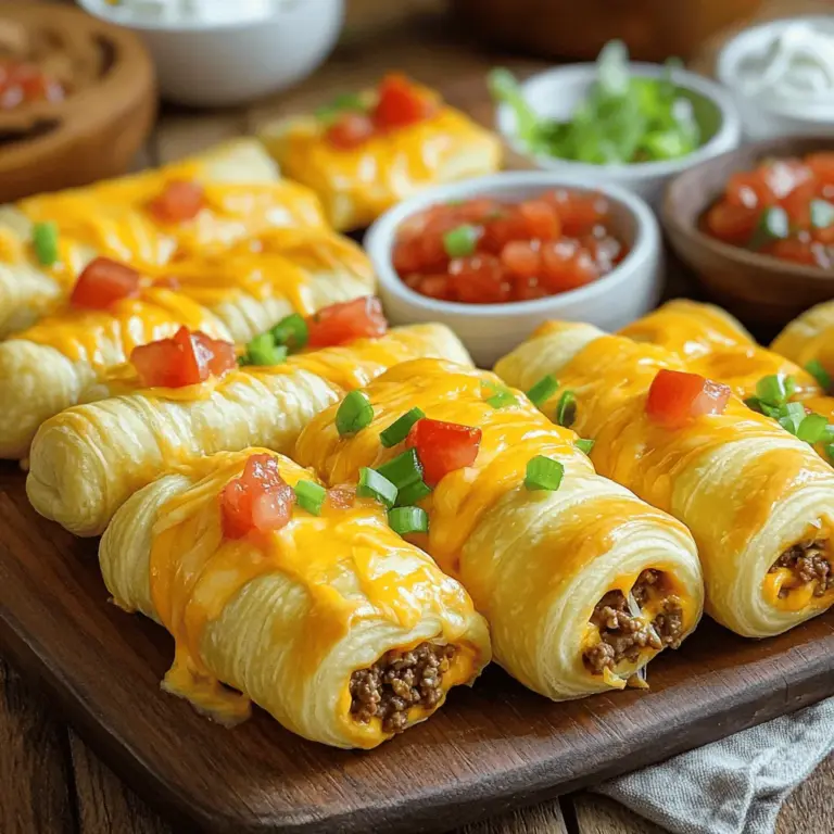 - Gekühlter Croissant-Teig - Gekochtes Hackfleisch (Rind oder Pute) - Geriebener Cheddar-Käse Die Hauptzutaten sind einfach zu finden. Der gekühlte Croissant-Teig macht die Zubereitung schnell. Er hat eine butterartige Textur, die knusprig wird. Gekochtes Hackfleisch, ob Rind oder Pute, gibt den Taco Sticks Geschmack. Du kannst das Fleisch nach deinem Wunsch würzen. Der geriebene Cheddar-Käse sorgt für die köstliche, geschmolzene Füllung. - Taco-Gewürz - Gewürfelte Tomaten - Schwarze Oliven und Frühlingszwiebeln Taco-Gewürz ist ein Muss. Es bringt das typische Taco-Aroma in die Sticks. Gewürfelte Tomaten geben Frische und eine schöne Farbe. Schwarze Oliven fügen einen salzigen Biss hinzu. Frühlingszwiebeln geben einen knackigen Kontrast. Diese Zutaten arbeiten gut zusammen und machen die Sticks lecker. - Ei für die Eiwäsche - Sauerrahm und Salsa als Beilagen Das Ei sorgt für eine goldene Kruste. Es gibt den Sticks eine schöne Farbe und macht sie appetitlich. Serviere die Cheesy Taco Sticks mit Sauerrahm und frischer Salsa. Diese Dips runden das Gericht ab. Sie bieten eine tolle Ergänzung zu den herzhaften Sticks. Wenn du mehr Details möchtest, schau dir das [Full Recipe]. Zuerst erhitzt du eine große Pfanne bei mittlerer Hitze. Dann gib das Hackfleisch hinein. Brate es, bis es braun ist. Überschüssiges Fett gießt du ab. Jetzt kommt das Taco-Gewürz dazu. Füge die gewürfelten Tomaten und die schwarzen Oliven hinzu. Koche die Mischung für zwei bis drei Minuten. Sie soll heiß sein. Nimm die Pfanne vom Herd und lasse die Füllung etwas abkühlen. Heize den Ofen auf 190°C vor. Rolle den gekühlten Croissant-Teig auf einer sauberen Fläche aus. Schneide den Teig in vier Rechtecke. Drücke die Nähte zusammen, wenn nötig. Nimm jeweils einen Esslöffel von der Füllung. Lege ihn in die Mitte jedes Teigstücks. Bestreue die Füllung mit geriebenem Cheddar-Käse und gehackten Frühlingszwiebeln. Klappe den Teig über die Füllung, sodass ein Stäbchen entsteht. Drücke die Ränder gut zusammen, damit sie nicht aufgehen. Lege die Käse Taco Sticks auf ein Backblech mit Backpapier. Schlage das Ei in einer kleinen Schüssel auf. Bestreiche die Oberseite jedes Sticks mit dem Ei. So wird die Kruste schön goldbraun. Backe sie im Ofen für 12 bis 15 Minuten. Sie sind fertig, wenn sie goldbraun und knusprig sind. Lass sie kurz abkühlen, bevor du sie servierst. Du findest die vollständige Anleitung im [Full Recipe]. Um die besten Cheesy Taco Sticks zu machen, ist die Füllung wichtig. Ich empfehle, verschiedene Käsesorten zu mischen. Cheddar ist klasse, aber Käse wie Monterey Jack oder Pepper Jack geben tollen Geschmack. Frisches Gemüse macht die Füllung noch besser. Zwiebeln, Paprika oder Spinat passen gut dazu. Bei der Verarbeitung des Teigs ist es wichtig, ihn nicht zu überarbeiten. Das macht ihn zäh. Halte die Bewegung sanft, um die fluffige Textur zu erhalten. Wenn du glutenfrei kochen möchtest, gibt es tolle Alternativen. Zum Beispiel kannst du Mandelmehl oder glutenfreien Teig verwenden. Die Backtemperatur ist entscheidend für knusprige Taco Sticks. Stelle deinen Ofen auf 190°C ein. Achte darauf, wie der Teig goldbraun wird. Das ist das Zeichen, dass sie fertig sind. Lass die Sticks kurz abkühlen, bevor du sie servierst. So bleiben sie knusprig und lecker! {{image_4}} Du kannst die Cheesy Taco Sticks leicht abwandeln. Ersetze das Fleisch einfach durch Gemüse oder Bohnen. Das bringt frische Aromen. Du kannst zum Beispiel Paprika, Zucchini oder schwarze Bohnen verwenden. Diese Zutaten geben dir eine bunte und gesunde Füllung. Wenn du vegan lebst, nutze veganen Käse. Viele Marken bieten guten Geschmack und schmelzen gut. So bleibt der Genuss erhalten. Um den Taco Sticks einen extra Kick zu geben, füge scharfe Soßen oder Jalapeños hinzu. Diese Zutaten sorgen für mehr Würze und einen tollen Geschmack. Du kannst auch eine asiatische Note hinzufügen. Probier Teriyaki-Sauce in der Füllung. Sie bringt eine süße und salzige Kombination, die überraschend gut passt. Die perfekten Beilagen machen alles besser! Serviere die Cheesy Taco Sticks mit frischer Guacamole. Diese cremige Mischung passt hervorragend dazu. Nachos sind auch eine tolle Option. Du kannst sie mit Käse überbacken und dazu servieren. So hast du einen leckeren Snack, der alle begeistert. Für mehr Details, schau dir das [Full Recipe] an. Um die übrig gebliebenen Käse Taco Sticks frisch zu halten, lege sie in den Kühlschrank. Das verhindert, dass sie austrocknen oder an Geschmack verlieren. Verwende einen luftdichten Behälter, um sie aufzubewahren. So bleiben sie länger gut. Du kannst auch Frischhaltefolie verwenden, wenn kein Behälter verfügbar ist. Wenn du die Käse Taco Sticks aufwärmen möchtest, nutze den Backofen oder die Mikrowelle. Im Backofen bleibt die Knusprigkeit am besten erhalten. Heize ihn auf 175°C vor und backe die Sticks für etwa 10 Minuten. Für die Mikrowelle lege sie auf einen Teller und erwärme sie in 30-Sekunden-Intervallen. Achte darauf, sie nicht zu lange zu erhitzen, damit sie nicht gummiartig werden. Wenn du die Sticks im Ofen aufwärmst, kannst du sie mit etwas Öl besprühen, um die Knusprigkeit zu verbessern. Die Käse Taco Sticks sind im Kühlschrank etwa 3 bis 4 Tage haltbar. Überprüfe immer auf Anzeichen von Verderb, bevor du sie isst. Achte auf einen unangenehmen Geruch oder eine veränderte Farbe. Wenn du unsicher bist, wirf sie lieber weg. Es ist besser, auf Nummer sicher zu gehen. Die Zubereitung der Cheesy Taco Sticks dauert insgesamt etwa 30 Minuten. - Vorbereitungszeit: 15 Minuten - Kochzeit: 15 Minuten Ja, du kannst viele Käsesorten verwenden. - Mozzarella: Er schmilzt schön und hat einen milden Geschmack. - Pepper Jack: Er bringt etwas Schärfe. - Feta: Für einen salzigen Kick, der gut mit den anderen Zutaten harmoniert. Dips machen die Cheesy Taco Sticks noch besser. - Sauerrahm: Cremig und frisch. - Salsa: Fruchtig und würzig. - Guacamole: Cremig und lecker. Ja, das geht sehr gut! - Teig vorbereiten: Du kannst den Croissant-Teig im Voraus ausrollen und schneiden. - Lagerung: Wickel die Stücke in Frischhaltefolie ein und lege sie in den Kühlschrank. - Backen: Wenn du bereit bist, nimm sie einfach heraus und fülle sie wie gewohnt. Die schnellen und leckeren Cheesy Taco Sticks sind eine perfekte Snack-Idee. Schau dir das [Full Recipe] an, um noch mehr zu erfahren! Cheesy Taco Sticks sind einfach und lecker. Wir haben die Hauptzutaten, wie Croissant-Teig, Hackfleisch und Cheddar-Käse, besprochen. Die richtige Füllung und Gewürze machen den Unterschied. Tipps zum Teig und Backen helfen dir, das Beste herauszuholen. Variationen wie vegetarische Optionen geben Raum für Kreativität. Halte die Sticks frisch, indem du sie korrekt lagerst. Denke daran: Mit diesen Rezepten bringst du Würze in deine Küche. Viel Spaß beim Ausprobieren!