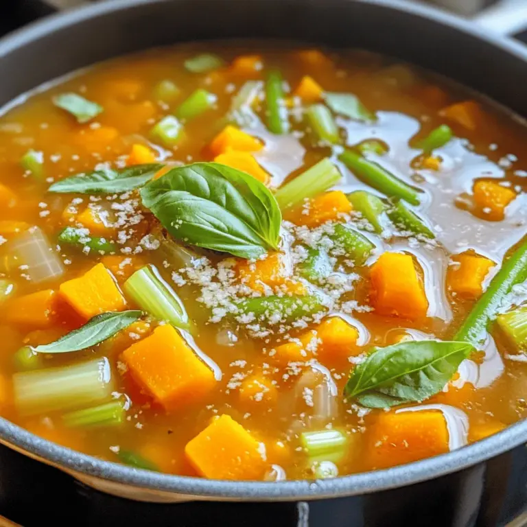 Die Herbstliche Minestrone-Suppe ist voller frischer Zutaten. Hier sind die Hauptbestandteile: - 2 Esslöffel Olivenöl - 1 Zwiebel, gewürfelt - 2 Karotten, gewürfelt - 2 Selleriestangen, gewürfelt - 3 Knoblauchzehen, fein gehackt - 1 mittelgroßer Butternusskürbis, geschält und gewürfelt - 1 Tasse grüne Bohnen, geputzt und in 2,5 cm lange Stücke geschnitten - 1 Zucchini, gewürfelt - 1 Dose (400 g) gehackte Tomaten, mit Saft - 4 Tassen Gemüsebrühe - 1 Dose (425 g) Cannellini-Bohnen, abgetropft und gespült - 1 Tasse Grünkohl, grob gehackt Diese Zutaten bringen die Farben und den Geschmack des Herbstes in deine Schüssel. Die richtigen Gewürze machen die Suppe lebendig. Verwende diese: - 1 Teelöffel getrockneter Thymian - 1 Teelöffel getrockneter Oregano - Salz und Pfeffer nach Geschmack - Frische Basilikumblätter zum Garnieren Die Kräuter würzen die Suppe und geben ihr einen tollen Duft. Thymian und Oregano passen perfekt zu den Gemüsesorten. Die Minestrone-Suppe schmeckt am besten, wenn du sie richtig servierst. Hier sind einige Ideen: - Geriebener Parmesan (optional, zum Servieren) - Frisches, knuspriges Brot Ein Hauch von Parmesan macht die Suppe cremiger. Das Brot ist ideal, um die letzten Reste der Suppe aufzutunken. Entdecke jetzt die [Full Recipe]. Bevor du mit der Zubereitung beginnst, wasche alle frischen Zutaten gut. Schneide die Zwiebel, Karotten, Sellerie, Knoblauch, Butternusskürbis, Zucchini und grünen Bohnen in gleichmäßige Stücke. So garen sie gleichmäßig. Stelle alle Zutaten bereit, damit du sie schnell hinzufügen kannst. Ein guter Tipp: Nutze einen großen Topf. So hast du genug Platz für alle Zutaten. Wenn du frischen Thymian oder Oregano hast, kannst du diese verwenden. Sie geben der Suppe einen tollen Geschmack. 1. Erhitze das Olivenöl in einem großen Topf bei mittlerer Hitze. 2. Gib die gewürfelte Zwiebel, Karotten und Sellerie hinzu. Koche sie etwa 5-7 Minuten. Rühre gelegentlich um, bis das Gemüse weich wird. 3. Füge den gehackten Knoblauch hinzu. Koche ihn 1-2 Minuten, bis er duftet. 4. Jetzt kommen der Butternusskürbis und die grünen Bohnen dazu. Koche sie 4-5 Minuten. Rühre häufig um. 5. Gib die Zucchini hinzu und koche sie weitere 3 Minuten. 6. Dann füge die gehackten Tomaten, die Gemüsebrühe, Cannellini-Bohnen, Thymian und Oregano hinzu. Rühre alles gut um. 7. Bringe die Suppe zum leichten Kochen. Reduziere dann die Hitze und lasse sie 20-25 Minuten köcheln. 8. Kurz vor dem Servieren füge den gehackten Grünkohl hinzu. Koche ihn 2-3 Minuten, bis er zusammengefallen ist. 9. Schmecke die Suppe mit Salz und Pfeffer ab. 10. Löffle die heiße Minestrone-Suppe in Schalen. Garniere sie mit frischen Basilikumblättern und geriebenem Parmesan, falls gewünscht. Die Konsistenz der Suppe ist wichtig. Sie sollte dick, aber nicht zu dick sein. Wenn du möchtest, kannst du mehr Gemüsebrühe hinzufügen. Das hilft, die Suppe leichter zu machen. Wenn du sie dicker magst, lasse sie länger köcheln. Die Aromen werden sich so besser entfalten. Vertraue auf dein Gefühl. Mit jedem Löffel wirst du den perfekten Geschmack finden. Für die genauen Mengen und weitere Details schaue dir das [Full Recipe] an. Es gibt viele Wege, eine Minestrone-Suppe zu machen. Du kannst verschiedene Gemüse nutzen. Zum Beispiel, statt Butternusskürbis, probiere Süßkartoffeln. Du kannst auch andere Bohnen verwenden, wie schwarze Bohnen. Füge Mais für eine süße Note hinzu. Wenn du einen anderen Geschmack willst, nimm Rindfleisch oder Hähnchen für die Brühe. So wird die Suppe herzhafter. Wenn du Zeit sparen willst, bereite die Suppe im Voraus zu. Du kannst sie bis zu zwei Tage im Kühlschrank aufbewahren. Koche sie einfach und lass sie abkühlen. Fülle sie dann in einen luftdichten Behälter. Wenn du die Suppe aufwärmst, achte darauf, dass sie gut durchhitzt ist. Füge frisches Gemüse kurz vor dem Servieren hinzu. So bleibt es knackig und frisch. Ein häufiger Fehler ist, die Brühe zu stark zu würzen. Beginne mit weniger Salz und Pfeffer und schmecke nach. Ein weiterer Fehler ist, das Gemüse zu lange zu kochen. Achte darauf, dass die Stücke gleich groß sind. So garen sie gleichmäßig. Zudem kannst du frische Kräuter wie Basilikum oder Petersilie erst kurz vor dem Servieren hinzufügen. Das gibt der Suppe mehr Geschmack. Für das vollständige Rezept besuche die Seite mit der vollständigen Anleitung. {{image_4}} Eine Portion der herbstlichen Minestrone-Suppe hat etwa 200 Kalorien. Diese Zahl kann je nach Zutaten leicht variieren. Die gesamte Menge ergibt etwa sechs Portionen. So kannst du die Suppe mit Familie oder Freunden teilen. Ein gesundes, warmes Gericht ist perfekt für kalte Tage. In dieser Suppe stecken viele wichtige Nährstoffe. Du bekommst Ballaststoffe von den Bohnen und dem Gemüse. Diese helfen dir, dich satt zu fühlen und die Verdauung zu unterstützen. Außerdem enthält die Suppe viele Vitamine, wie Vitamin A aus dem Butternusskürbis und Vitamin C aus dem Grünkohl. Diese Vitamine sind wichtig für dein Immunsystem. Die Zutaten der herbstlichen Minestrone-Suppe sind nicht nur lecker, sondern auch gesund. Hier einige Vorteile: - Butternusskürbis: Reich an Antioxidantien und gut für die Haut. - Grüne Bohnen: Voller Ballaststoffe und wichtig für die Herzgesundheit. - Karotten: Gut für die Augen und die Haut, dank dem hohen Gehalt an Beta-Carotin. - Grünkohl: Enthält viele Vitamine und Mineralien, besonders Eisen und Kalzium. Diese gesunden Zutaten machen die Suppe nahrhaft und lecker. Wenn du mehr über die Zubereitung erfahren möchtest, schau dir das [Full Recipe](#) an. Die Herbstliche Minestrone-Suppe bleibt frisch, wenn du sie richtig lagerst. Lass die Suppe zuerst abkühlen. Gib sie dann in einen luftdichten Behälter. So bleibt der Geschmack erhalten. Im Kühlschrank hält sie sich etwa 3 bis 4 Tage. Achte darauf, sie nicht zu lange stehen zu lassen. Wenn du die Suppe länger aufbewahren möchtest, friere sie ein. Portioniere die Suppe in kleinere Behälter. So kannst du nur das auftauen, was du brauchst. Achte darauf, etwas Platz im Behälter zu lassen. Die Suppe dehnt sich beim Gefrieren aus. Sie bleibt bis zu 3 Monate im Gefrierfach frisch. Um die Suppe wieder warm zu machen, gibt es verschiedene Methoden. Du kannst sie in einem Topf auf dem Herd erhitzen. Stelle die Hitze niedrig ein und rühre oft um. Alternativ kannst du die Suppe in der Mikrowelle erwärmen. Nutze einen mikrowellengeeigneten Behälter und decke ihn ab. Erhitze die Suppe in Intervallen von 1 Minute. So vermeidest du, dass sie überkocht. Wenn die Suppe zu dick ist, füge etwas Brühe oder Wasser hinzu. So bleibt sie cremig und lecker. Die herbstliche Minestrone-Suppe bleibt im Kühlschrank 3 bis 5 Tage frisch. Achte darauf, sie in einem luftdichten Behälter zu lagern. Wenn du die Suppe länger aufbewahren möchtest, friere sie ein. Im Gefrierfach hält sie bis zu 3 Monate ohne großen Verlust an Geschmack oder Textur. Ja, du kannst die Suppe ganz einfach vegan machen. Ersetze den Parmesan durch Hefeflocken oder lasse ihn weg. Achte darauf, auch Gemüsebrühe zu verwenden, die keine tierischen Produkte enthält. So bleibt die Suppe nahrhaft und lecker. Zu dieser Minestrone-Suppe passen frisches, knuspriges Brot oder Baguette hervorragend. Du kannst auch einen einfachen grünen Salat dazu servieren. Ein bisschen Pesto oder ein Spritzer Zitronensaft kann die Aromen noch verstärken. Wenn du mehr Protein möchtest, füge geröstete Kichererbsen hinzu. Die herbstliche Minestrone-Suppe bietet viel Geschmack und Nährstoffe. Wir haben die Hauptzutaten, Gewürze und Optionen zum Servieren besprochen. Die Schritt-für-Schritt-Anleitung macht die Zubereitung einfach. Tipps und Tricks helfen, häufige Fehler zu vermeiden. Du lernst auch, wie man die Suppe lagert und aufwärmt. Denk daran, diese Suppe gut anzupassen und zu genießen. Sie steckt voller gesunder Zutaten und hält dich warm. Mach deine eigene Minestrone und entdecke, wie viel Freude sie bringen kann!